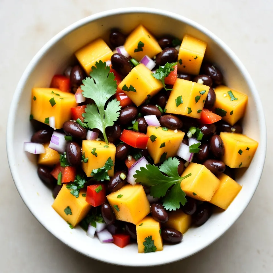 - 1 ripe mango, diced - 1 red bell pepper, finely chopped - 1 small red onion, finely diced - 1 jalapeño, seeds removed and minced - 1/4 cup fresh cilantro, finely chopped - 1 can (15 oz) black beans, rinsed and drained - Juice of 2 limes - 2 tablespoons extra-virgin olive oil - Salt and freshly cracked black pepper to taste Gathering fresh ingredients is key to making Mango Black Bean Salsa. Start with a ripe mango. The mango should be firm but slightly soft when you press it. This ripeness gives you the sweetest flavor. Next, grab a red bell pepper. Its crunch and sweetness balance the dish. A small red onion adds a nice bite. For a bit of heat, choose a jalapeño. Removing the seeds cuts down on spice. I love to add fresh cilantro for a burst of freshness. The black beans bring in protein and texture. Rinsing them well helps remove extra sodium. Lime juice keeps everything bright and fresh. Extra-virgin olive oil adds richness. Lastly, season with salt and pepper. This mix of ingredients creates a tasty and colorful salsa that everyone will enjoy. {{ingredient_image_2}} 1. In a big mixing bowl, add the diced mango, black beans, red bell pepper, red onion, and jalapeño. This mix brings bright colors and flavors. 2. Gently fold in the chopped cilantro. This step keeps the cilantro intact while spreading its fresh taste. 3. Carefully drizzle the lime juice and olive oil over the mixture. This adds a tangy kick and rich flavor. 4. Using a spatula, toss everything together gently. Be careful not to mash the mango; you want it to stay chunky. 5. Season the salsa with salt and cracked black pepper. Adjust the lime and oil if needed to enhance the taste. 6. Let the salsa rest for 15 minutes. This wait helps the flavors blend and become more vibrant. To pick a great mango, look for one that is ripe. A ripe mango feels slightly soft when you press it. The skin should have a nice mix of green and yellow or red tones. If it’s too hard, it isn't ripe yet. If it’s too soft, it may be overripe. You can also smell the stem. A sweet scent shows ripeness. Remember, the right mango makes your salsa shine. If you want a milder salsa, skip the seeds from the jalapeño. This part holds most of the heat. You can also use less jalapeño overall. For more heat, leave some seeds in or add a second jalapeño. Always taste as you go to find your perfect spice level. A little heat can add excitement without overwhelming the other flavors. To keep the mango cubes intact, handle them with care. When adding them to the bowl, gently place them instead of dropping them in. When mixing, use a spatula and fold the ingredients. Avoid stirring too hard, as this can mash the mango. The goal is to have fresh, beautiful pieces of mango in your salsa. This gives the dish a lovely look and texture. Pro Tips Choose Ripe Mango: Select a mango that gives slightly to pressure and has a sweet aroma to ensure optimal sweetness in your salsa. Adjust Spice Level: If you prefer less heat, remove all seeds and membranes from the jalapeño; alternatively, add more for an extra kick. Mix Ahead of Time: Prepare the salsa ahead of time and refrigerate for up to an hour to let the flavors develop further. Serve with Variety: Pair the salsa not just with tortilla chips, but also as a topping for grilled chicken or fish for a delightful twist. {{image_4}} You can make your mango black bean salsa even better. Adding pineapple or avocado brings a fun twist. Pineapple adds sweetness and a juicy crunch. Avocado gives a creamy texture that balances the salsa. Just chop them up and mix them in with the other ingredients. You'll love the extra flavor and freshness! If you want to switch things up, consider using kidney beans or chickpeas. Kidney beans add a rich color and a hearty bite. Chickpeas offer a nutty taste and a firm texture. Both options work great in this salsa. Just rinse and drain them like you do with black beans. You can create a unique dish that still tastes amazing! Spices can take your salsa to the next level. Adding cumin gives a warm note that complements the mango. A pinch of chili powder adds heat and depth. Use these spices sparingly, and taste as you go. You can find the perfect balance that suits your taste. These flavor boosts make your salsa stand out at any gathering! To keep your mango black bean salsa fresh, store it in an airtight container. Make sure to press out as much air as possible. This helps slow down spoilage. Place the container in the fridge. It will stay good for about 3 days. If you notice any liquid gathering at the bottom, just drain it before serving. Always give it a quick stir before enjoying it again. This helps mix the flavors back together. You can freeze mango black bean salsa, but it may change texture. To freeze, use a freezer-safe container. Fill it, but leave some space for expansion. Seal it tightly and label it with the date. This salsa can last up to 3 months in the freezer. When you’re ready to use it, thaw it in the fridge overnight. Stir well before serving, but expect some change in texture. For gatherings, serving fresh salsa is best. Place the salsa in a colorful bowl to show off the vibrant colors. Keep it cool with an ice bowl underneath. This helps maintain freshness. If you have leftovers, cover them tightly and refrigerate. For a fun twist, serve it with crunchy tortilla chips. This adds texture and balances the flavors. Enjoy the bright taste! You can enjoy this salsa with many dishes. It pairs well with: - Grilled chicken or fish - Tacos or burritos - Chips for dipping - A fresh salad - As a topping on quesadillas Each option enhances the tasty flavors of the salsa. You can also use it as a refreshing side dish. It adds color and health to your meal. Mango Black Bean Salsa lasts about 3 days in the fridge. Store it in an airtight container. Check for signs of spoilage: - Sour smell - Change in color - Mushy texture If you notice these signs, it's best to toss it out. Fresh salsa tastes the best! Yes, you can make the salsa a few hours early. Just keep it in the fridge. To maintain the fresh taste: - Mix all ingredients except mango and cilantro first. - Add them right before serving. This way, the mango stays firm and bright. Your salsa will taste great and look fresh! In this post, we explored how to make Mango Black Bean Salsa. We gathered fresh produce, canned goods, and flavor enhancers for great taste. You learned step-by-step how to prepare and dress the salsa to get the best flavor. We also shared tips for choosing ripe ingredients and adjusting spice levels. Lastly, you found helpful storage tips to enjoy this dish longer. Now, it's your turn to bring this vibrant recipe to life. Get creative and enjoy!