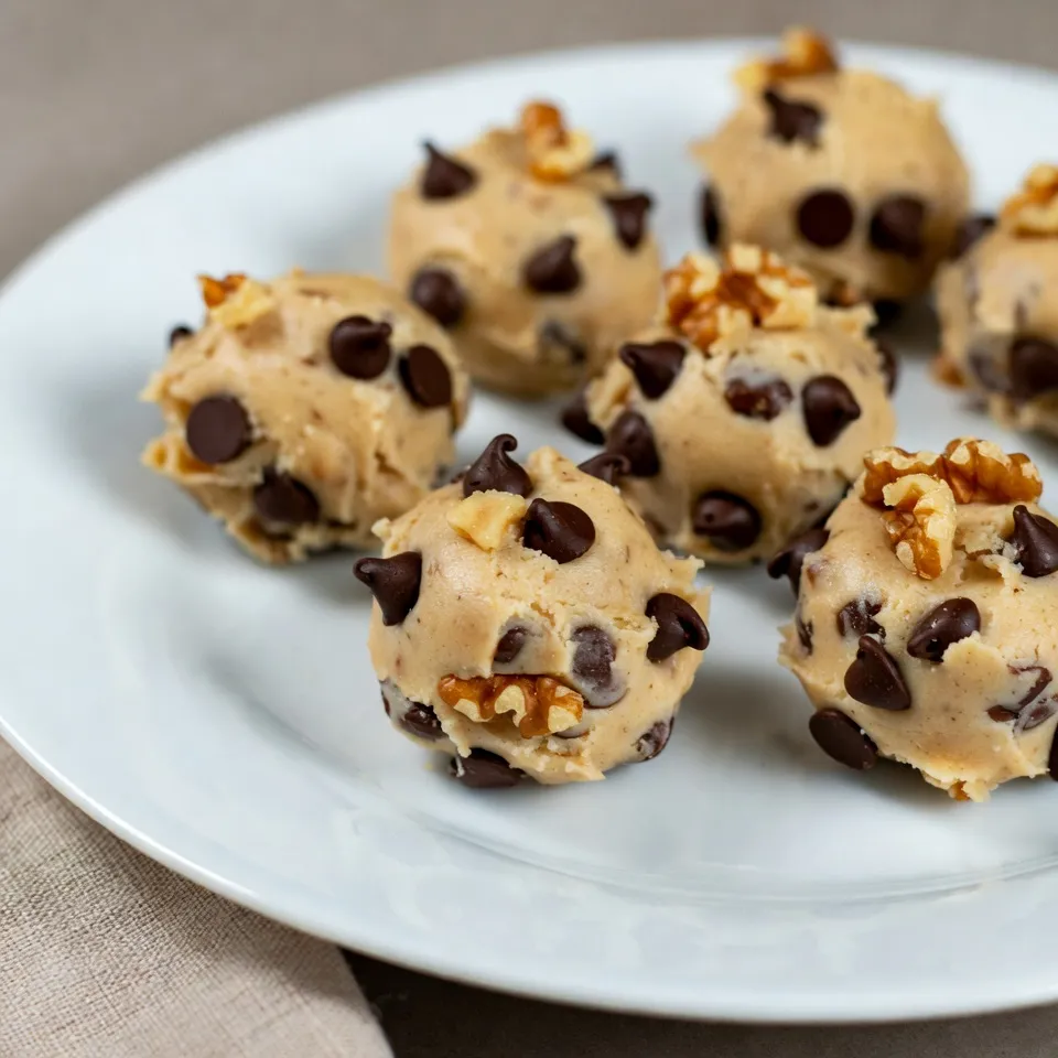 - 1 cup heat-treated all-purpose flour - 1/2 cup unsalted butter, softened - 1/4 cup granulated sugar - 1/4 cup light or dark brown sugar - 1 teaspoon pure vanilla extract - 1/4 teaspoon fine sea salt - 1/2 cup mini chocolate chips - 1/4 cup chopped nuts (optional) - 2–3 tablespoons milk (as needed) The key to great Chocolate Chip Cookie Dough Bites lies in the ingredients. Start with one cup of heat-treated all-purpose flour. This step is crucial to make sure it is safe to eat. You can heat-treat the flour by baking it for 5-7 minutes at 350°F. This process kills any harmful germs. Next, you need half a cup of softened unsalted butter. Softened butter blends smoothly into the dough. The two types of sugar, granulated sugar and brown sugar, each add their own sweetness. Use a quarter cup of each. Don’t forget the flavor! A teaspoon of pure vanilla extract adds a nice touch. A quarter teaspoon of fine sea salt balances the sweetness. Now, the fun part! You’ll add half a cup of mini chocolate chips. They bring the classic cookie flavor. If you like, add a quarter cup of chopped nuts for crunch. Lastly, keep some milk on hand. You may need 2-3 tablespoons to get the right dough consistency. This blend of ingredients makes your bites tasty and fun. {{ingredient_image_2}} To keep your cookie dough bites safe, you must heat-treat the flour. Start by preheating your oven to 350°F (175°C). Spread the all-purpose flour evenly on a baking sheet. Bake it for 5-7 minutes, stirring halfway through. This step kills any germs in the flour. After baking, let the flour cool slightly before using it in the dough. Next, let your unsalted butter sit out until it’s at room temperature. This step makes it easier to mix. In a large bowl, add the softened butter, granulated sugar, and brown sugar. Use a hand mixer or stand mixer on medium speed. Beat the mixture until it is creamy and well blended. Don’t forget to scrape down the bowl while mixing. Now it's time to combine the dry and wet ingredients. Gradually add the cooled, baked flour into the butter mixture while mixing on low speed. Stop mixing once it's just combined. If the dough looks too crumbly, add milk one tablespoon at a time. Mix until you get a smooth dough. For shaping, you can use a small cookie scoop or your hands. Form small balls of dough, about one inch wide. Arrange them nicely on a baking sheet lined with parchment paper. This helps with easy cleanup later. Chill the baking sheet in the refrigerator for at least 30 minutes. This step firms up the cookie dough bites. Chilling makes them easier to handle and helps them hold their shape. After chilling, you can enjoy the bites right away. They taste amazing fresh from the fridge. Or, store them in an airtight container. They will stay fresh for up to a week in the fridge. Feel free to serve them on a decorative platter for a fun touch! - How to prevent crumbling dough: If your dough crumbles, add milk slowly. Mix until it's smooth. The right amount of milk helps bind everything together. Make sure not to add too much at once. - Adjusting sweetness and flavor: Taste your dough before you scoop it into balls. If you want it sweeter, add more sugar, but do this in small amounts. You can also add a dash more vanilla for extra flavor. - Best practices for storing in the fridge: Keep your cookie dough bites in an airtight container. They stay fresh for a week. If you want them cold, store them in the fridge. This keeps them firm and tasty. - Enhancing flavors or textures: For a twist, try different chocolate chips, like dark or white chocolate. You can also mix in spices like cinnamon for warmth. Adding a bit of flaky sea salt on top can give a nice contrast and boost the flavor. Pro Tips Heat-Treated Flour: Always heat-treat your flour before using it in raw recipes. This process eliminates harmful bacteria, making your cookie dough safe to eat. Chill for Texture: Don’t skip the chilling step! Chilling the dough helps solidify the fats, resulting in a firmer texture that’s easier to handle. Customize Your Mix-Ins: Feel free to get creative with the mix-ins! Try different types of chocolate, dried fruits, or even flavored extracts to make your bliss bites unique. Storage Tips: Store the cookie dough bites in an airtight container in the fridge for up to a week, or freeze them for longer storage. Just thaw before enjoying! {{image_4}} To make vegan cookie dough bites, swap out the butter. Use coconut oil or vegan butter instead. Replace the milk with almond milk or any plant milk you prefer. For the sugars, make sure they are vegan-friendly. Some sugars are processed with bone char, which is not vegan. To create a gluten-free version, substitute the all-purpose flour with a gluten-free blend. Look for blends that contain xanthan gum for better texture. Ensure that all other ingredients are gluten-free. Always check labels for hidden gluten in items like chocolate chips. You can mix things up by adding different flavors. Try adding peanut butter or almond butter for a nutty twist. You can also fold in dried fruit like cranberries or raisins for a chewy texture. Experiment with spices like cinnamon or a dash of espresso powder for a richer taste. You can find ready-made cookie dough bites in many grocery stores. Some popular brands include: - Doughp: They offer a range of flavors, all safe to eat raw. - Edoughble: Known for their tasty bites, they have vegan options too. - Cookie Dough Cafe: They provide a classic cookie dough taste with unique flavors. These brands make it easy to enjoy cookie dough bites without any prep work. When buying cookie dough bites, check the ingredient list. Look for high-quality ingredients like: - Real butter - Pure vanilla extract - Real chocolate chips Also, pay attention to allergy information. Some may contain nuts, dairy, or gluten. Always read labels to ensure they fit your needs. The price for cookie dough bites varies by brand and location. Here’s a general idea: - Doughp: Around $8 to $10 for a small tub. - Edoughble: Typically costs between $5 and $7. - Cookie Dough Cafe: Usually priced between $6 and $9. Prices can change, so check your local store for current deals. Enjoy your cookie dough bites, whether homemade or store-bought! Yes, you can enjoy cookie dough bites raw. However, safety is key. Use heat-treated flour to avoid harmful bacteria. To heat-treat flour, bake it on a sheet for 5-7 minutes at 350°F. This step makes it safe for eating. Cookie dough bites stay fresh in the fridge for about one week. Store them in an airtight container. This helps keep them moist and tasty. If you notice any dryness, a quick drizzle of milk can help revive them. Yes, freezing cookie dough bites is easy! Place them in a single layer on a baking sheet. Freeze until firm, then transfer to a freezer bag. They can last up to three months in the freezer. To enjoy, just thaw them in the fridge overnight. If you need a butter substitute, try coconut oil or a vegan butter. Both options work well in this recipe. You can also use applesauce for a lower-fat version. Just note that swaps may slightly change the flavor and texture. Absolutely! To make a nut-free cookie dough bite, simply leave out the chopped nuts. You can add extra chocolate chips or even some dried fruit for added flavor. This way, everyone can enjoy these tasty treats! This post has covered simple steps to make cookie dough bites safely and deliciously. You learned about key ingredients, from heat-treated flour to chocolate chips. I shared tips on mixing and shaping the dough to get it just right. We explored variations like vegan and gluten-free options. Knowing how to store and serve these treats enhances your experience. Remember, enjoying cookie dough bites is fun, whether you make them at home or find them in stores. Get creative with flavors, and have fun in the kitchen!