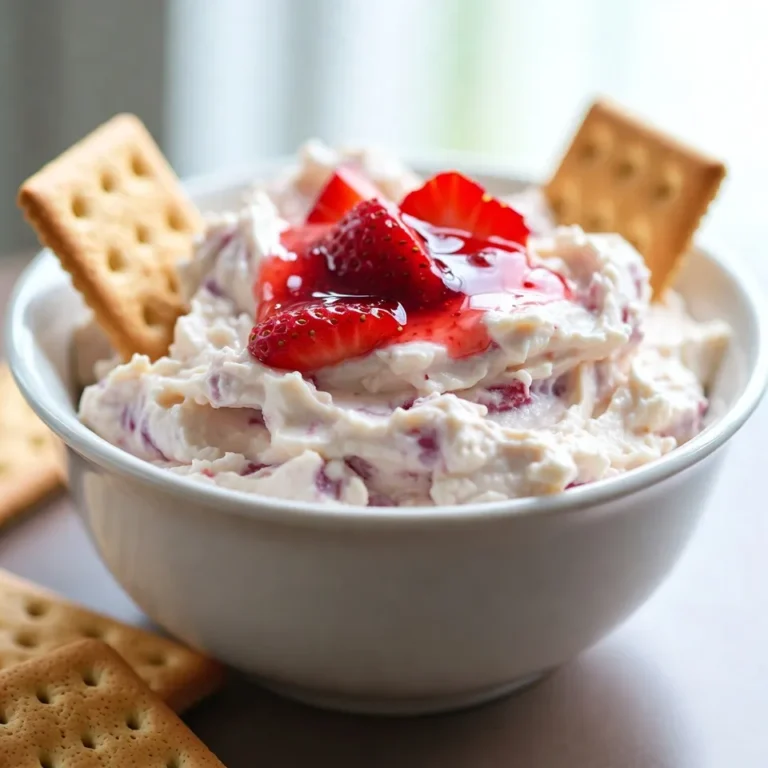 To make this delicious dip, you need a few key items: - 1 cup cream cheese, softened to room temperature - 1/2 cup powdered sugar - 1 teaspoon pure vanilla extract - 1/2 cup sour cream - 1 cup fresh strawberries, hulled and finely chopped - 1/4 cup strawberry preserves - Graham crackers, for dipping These ingredients create a rich and creamy base. The cream cheese gives it that cheesecake flavor. The strawberries add a sweet, fruity touch. You can add fun garnishes to make your dip pop. Consider these options: - Whole strawberries on top for color - Fresh mint leaves for a pop of green - A sprinkle of crushed graham crackers for crunch If you don’t have an ingredient, try these swaps: - Use plain yogurt instead of sour cream. - Substitute maple syrup for powdered sugar for a different sweetness. Feel free to get creative with what you have on hand! To whip up this tasty dip, you need some basic kitchen tools: - A medium mixing bowl - An electric mixer or whisk - A spatula for folding in ingredients - A decorative serving dish These tools make the process easy and fun. With just a few items, you can create a delightful snack everyone will love! {{ingredient_image_2}} To start, gather your ingredients. You will need cream cheese, powdered sugar, vanilla extract, and sour cream. First, take the softened cream cheese and place it in a mixing bowl. Use an electric mixer to beat it until it's smooth. You want to remove all lumps for a creamy texture. This step is key for a good dip. Next, slowly add the powdered sugar. Start mixing on low speed to avoid a sugary cloud. Once combined, increase the speed to medium. This makes the mixture fluffy and light, which is what we want. Now, add the vanilla extract and sour cream. Mix until everything is well-blended. The dip should look uniform and creamy at this point. Now comes the fun part! Carefully fold in the chopped strawberries and strawberry preserves. Use a spatula to mix everything gently. You want to keep the strawberry pieces whole for a nice texture. Once it's all mixed, spoon the dip into a serving dish. Smooth the top for a nice finish. Cover it with plastic wrap and chill it in the fridge for at least 30 minutes. This waiting time helps the flavors blend perfectly. Serve the chilled dip with graham crackers for dipping. You can also add some whole strawberries or fresh mint on top for a pop of color. Enjoy your delicious Strawberry Cheesecake Dip! To get the best texture for your dip, start with room-temperature cream cheese. This makes mixing easier. Beat the cream cheese until smooth. This step is key. Gradually add powdered sugar, mixing on low speed. Then, increase to medium speed. This helps create a light and fluffy dip. When adding sour cream, mix until smooth. Lastly, fold in the strawberries gently. This keeps them whole and fresh. Graham crackers are a classic choice for dipping. They add a nice crunch. You can also try fresh fruit like apple slices or banana pieces. These pair well with the creamy dip. For a fun twist, use pretzel sticks for a sweet and salty mix. Serve with a side of whipped cream for extra sweetness. Make your dip visually appealing. Use a bright bowl to catch the eye. Top it with whole strawberries or fresh mint sprigs. This adds color and freshness. You can also serve the dip in small cups for individual servings. These cups are fun for parties. Don’t forget to place a few graham crackers around the dip for easy access. Pro Tips Use Room Temperature Ingredients: Make sure the cream cheese and sour cream are at room temperature for easier blending and a smoother texture. Fresh Strawberries are Key: For the best flavor, use fresh, ripe strawberries. Frozen strawberries can make the dip watery. Chill Before Serving: Allowing the dip to chill for at least 30 minutes enhances the flavors and gives it a firmer consistency. Garnish for Presentation: Add a few whole strawberries or mint leaves on top of the dip for a beautiful presentation that will impress your guests. {{image_4}} You can change the fruit in your dip. Try using blueberries or raspberries. These berries add a tart twist. You can also mix in peaches or pineapple for a tropical vibe. Just chop them finely like the strawberries. This keeps the dip smooth and creamy. Want a chocolatey treat? Add cocoa powder or chocolate chips to the mix. This makes a rich and sweet dip. If you love nuts, try adding crushed almonds or walnuts. They give a nice crunch. Just be sure to mix them in gently so the dip stays smooth. You can make this dip lighter. Use low-fat cream cheese and sour cream. This keeps the creamy taste but cuts some calories. You can also swap out the powdered sugar for a sugar substitute. This makes it great for those watching their sugar intake. Just remember to taste as you go! To keep your Strawberry Cheesecake Dip fresh, use an airtight container. First, spoon the dip into the container. Smooth the top with a spatula. Then, cover it tightly with the lid. This helps prevent it from absorbing other smells in the fridge. When stored correctly, the dip lasts about three days in the fridge. If you notice any change in color or smell, it’s best to toss it. Enjoy it while it’s fresh for the best taste and texture. You can freeze Strawberry Cheesecake Dip for up to two months. To do this, place it in a freezer-safe container. Leave some space at the top, as it may expand when frozen. When ready to use, thaw it overnight in the fridge. Stir well before serving to bring back its creamy texture. Yes, you can make this dip ahead of time. I recommend making it a day before. This allows the flavors to blend well. Just store it in an airtight container in the fridge. When you are ready to serve, give it a quick stir. This keeps it fresh and tasty. If you want a change from graham crackers, try using fresh fruit. Apples or bananas work great. You can also use pretzels for a salty crunch. Cookies like vanilla wafers or shortbread are good too. Be creative and choose what you enjoy most! Absolutely! You can use non-dairy cream cheese for this dip. Look for brands that taste good to you. Substitute sour cream with a non-dairy yogurt too. These swaps keep the dip creamy and delicious. Enjoy your tasty treat with a dairy-free twist! This strawberry cheesecake dip is tasty and easy to make. You can use simple ingredients and follow easy steps. I shared tips for the best texture and fun variations to try. Remember, you can store it well and even freeze it for later. Get creative with flavors and toppings to make it your own. Enjoy making this delightful treat that everyone will love!