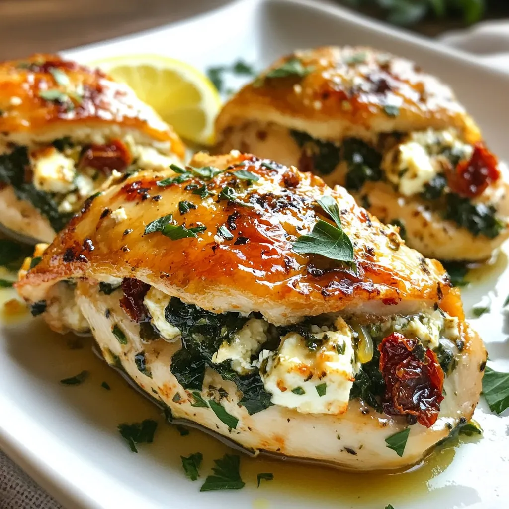 To make Greek stuffed chicken breast, you need simple and fresh ingredients. Here’s a list to help you gather everything: - 4 boneless, skinless chicken breasts - Filling ingredients: - 1 cup fresh spinach, finely chopped - 1 cup feta cheese, crumbled - 1/2 cup sun-dried tomatoes, roughly chopped - 1/4 cup Kalamata olives, pitted and coarsely chopped - 2 cloves garlic, finely minced - 1 teaspoon dried oregano - 1 tablespoon extra virgin olive oil - Seasoning ingredients: - Sea salt and freshly ground black pepper, to taste - Cooking tools: - Toothpicks or kitchen twine These ingredients create a burst of flavor. The mix of spinach, feta, and olives adds a unique taste. This filling is hearty and satisfying. Make sure to use fresh spinach and high-quality feta for the best flavor. The Kalamata olives give a nice briny kick. Don't forget the garlic and oregano; they bring out the Mediterranean essence. Gather these items, and you’ll be ready to create a delicious meal. {{ingredient_image_2}} 1. Preheat your oven to 375°F (190°C). This helps the chicken cook evenly. 2. In a medium bowl, mix the filling. Combine the chopped spinach, feta cheese, sun-dried tomatoes, Kalamata olives, minced garlic, dried oregano, and olive oil. Add sea salt and black pepper to taste. Stir well until everything blends nicely. 1. Place the chicken breasts on a cutting board. Use a sharp knife to cut a pocket into each breast. Be careful not to cut all the way through. The pocket needs to be deep enough for the filling. 2. Stuff each chicken breast with the filling. Make sure to pack it in well for great flavor. Use toothpicks or kitchen twine to secure the openings. This keeps the filling inside while cooking. 1. Heat a drizzle of olive oil in an oven-safe skillet over medium heat. When hot, add the stuffed chicken breasts. Sear them for 4–5 minutes on each side. Look for a golden-brown crust to form. 2. After searing, transfer the skillet to the preheated oven. Bake for 20–25 minutes. The chicken should reach an internal temperature of 165°F (75°C) to be safe to eat. 3. Once done, take the skillet out of the oven. Let the chicken rest for a few minutes. This helps keep it juicy. Remove the toothpicks or twine before serving. 4. For a beautiful presentation, slice each stuffed chicken breast in half. Show off the colorful filling inside! To keep your chicken juicy, don’t skip the resting step. After baking, let it rest for a few minutes. This helps the juices stay inside. Use a meat thermometer to check the chicken’s internal temperature. The safe temp is 165°F (75°C). This ensures your chicken is cooked but not dry. For the best sides, serve Greek stuffed chicken with lemon-herb quinoa or roasted veggies. These pair well and add color to your plate. To garnish, sprinkle freshly chopped parsley on top. Add a lemon wedge for a fresh and bright touch. It makes your dish look inviting and tasty! Pro Tips Use Fresh Ingredients: Whenever possible, opt for fresh spinach and high-quality feta cheese to enhance the flavor of your dish. Fresh ingredients provide a vibrant taste that dried alternatives can't match. Experiment with Fillings: While the Mediterranean filling is delicious, feel free to try different combinations, such as sun-dried tomatoes with basil or goat cheese, for a unique twist on this classic recipe. Let Chicken Rest: After baking, allow the chicken to rest for a few minutes. This step is crucial for retaining juices, ensuring your chicken remains moist and flavorful when you slice into it. Perfectly Secure: Use toothpicks or kitchen twine to securely close the chicken pockets. This prevents the filling from leaking out during cooking, allowing you to enjoy every bite of the delicious stuffing. {{image_4}} You can easily change some ingredients to fit your taste. For cheese, consider using goat cheese instead of feta. Goat cheese adds a creamy texture and a tangy flavor that pairs well with the other ingredients. For greens, try using kale or arugula. Both options will add a different taste and texture. Kale brings a hearty crunch while arugula offers a peppery bite. Feel free to mix these into your stuffing based on what you have or what you like. You don't have to bake this chicken if you want a different flavor. Grilling is a fun way to cook it. Just make sure to preheat your grill. Grill the stuffed chicken for about 6–7 minutes on each side. This will give a nice smoky flavor and keep the chicken juicy. Another option is using a slow cooker. This method is great for meal prep. Stuff the chicken, place it in the slow cooker, and let it cook on low for about 4 hours. The slow cooker will keep all the flavors locked in and make the chicken super tender. To keep your leftover Greek stuffed chicken fresh, use proper storage containers. A good option is a tight-sealing glass or plastic container. This helps prevent moisture loss. Store the chicken in the refrigerator. Your leftovers will last for about 3 to 4 days. If you want to keep them longer, consider freezing. To freeze stuffed chicken, wrap each piece tightly in plastic wrap. This helps protect it from freezer burn. Then, place the wrapped chicken in a freezer-safe bag. You can keep the chicken in the freezer for up to 3 months. When you're ready to eat, thaw the chicken in the refrigerator overnight. For reheating, bake it at 350°F (175°C) until heated through. Enjoy your delicious meal without waste! How do I know when the chicken is done? The chicken is done when it reaches 165°F (75°C). Use a meat thermometer to check the thickest part. This ensures the chicken is safe to eat. The meat will also look white and the juices should run clear. Can I prepare the chicken in advance? Yes, you can prepare the chicken ahead of time. Stuff it and secure it with toothpicks. Then, cover and store it in the fridge for up to a day before cooking. This saves time on busy nights. Is this recipe gluten-free? Yes, this recipe is gluten-free. All the ingredients, like chicken, spinach, and feta, do not contain gluten. Just ensure any added ingredients or sides are also gluten-free. Can it be made dairy-free? Yes, you can make this dish dairy-free. Simply replace feta cheese with a dairy-free cheese or omit it entirely. The other flavors will still shine through. In this post, I shared how to make Greek stuffed chicken. We covered the key ingredients, step-by-step instructions, and various cooking tips. You can enjoy this tasty dish with different fillings or cooking methods. Remember to store leftovers properly for later use. This meal fits many diets, so try it your way. Cooking is fun, and this recipe shows that you can create something special with ease. Now, get cooking and enjoy a flavorful meal!