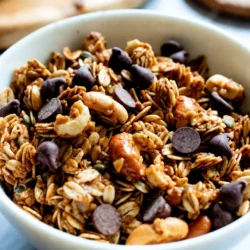 - 3 cups old-fashioned rolled oats - 1 cup honey or maple syrup - 1 cup creamy peanut butter - 1/2 cup packed brown sugar - 1 teaspoon pure vanilla extract - 1/2 teaspoon fine sea salt - 1/2 teaspoon ground cinnamon - 1 cup semi-sweet or dark chocolate chips - 1/2 cup chopped nuts (almonds or walnuts) - 1/2 cup shredded coconut (optional) To make my Peanut Butter Chocolate Chip Granola, gather these simple ingredients. Each one plays a key role. The oats form the base, while peanut butter adds creaminess and flavor. Honey or maple syrup acts as the sweetener, binding everything together. Brown sugar gives depth with its rich taste. Vanilla adds a warm aroma. Sea salt enhances the flavors, while cinnamon adds a hint of spice. Chocolate chips contribute sweetness and a touch of indulgence. Nuts add crunch, and coconut can give a tropical flair. This blend of flavors and textures makes for a healthy snack. You can enjoy it any time of day. I love making this granola because it feels like dessert but is packed with good stuff. It&rsquo;s a great way to satisfy cravings while keeping your energy up. {{ingredient_image_2}} - Preheat your oven to 350&deg;F (175&deg;C). Line a large baking sheet with parchment paper for easy cleanup. - In a medium saucepan, combine 1 cup of honey or maple syrup with 1 cup of creamy peanut butter. Heat it on low. Stir with a wooden spoon until the mix melts and is smooth, about 3-5 minutes. - Remove the saucepan from the heat. Add 1/2 cup of packed brown sugar, 1 teaspoon of pure vanilla extract, 1/2 teaspoon of fine sea salt, and 1/2 teaspoon of ground cinnamon. Mix until everything blends well and the sugar dissolves. - In a large mixing bowl, add 3 cups of old-fashioned rolled oats, 1 cup of semi-sweet or dark chocolate chips, 1/2 cup of chopped nuts (like almonds or walnuts), and 1/2 cup of shredded coconut if you want. Stir well to mix the dry ingredients evenly. - Pour the warm peanut butter mixture over the dry ingredients. Use a spatula or wooden spoon to mix thoroughly. Make sure every oat and nut gets coated with the sticky mix. - Spread the granola mixture evenly on the prepared baking sheet. Press it down gently to form a compact layer. - Bake in your preheated oven for 20-25 minutes. Stir halfway through to promote even browning. Keep a close eye in the last few minutes to avoid burning. The granola can go from golden to overcooked quickly. - When the granola turns golden brown and smells great, take it out of the oven. Let it cool completely on the baking sheet. It will harden and form delightful clusters as it cools. - After it cools, break the granola into generous clusters. Transfer them to an airtight container for storage. Measuring ingredients correctly is key. Accurate measurements ensure your granola has the right texture and flavor. Use a kitchen scale if you have one. For dry ingredients, like oats and nuts, use the spoon and level method. This avoids packing too much into your measuring cup. Stirring is vital too. When mixing the wet and dry ingredients, use a large spoon or spatula. Make sure every oat and nut gets coated. This helps the flavors blend well and gives you great clusters. To keep your granola fresh, store it in an airtight container. Glass jars or plastic bins work well. Keep the container in a cool, dark place like a pantry. This helps maintain crunchiness and flavor. If you want to keep your granola crispy, avoid moisture. You can add a small packet of silica gel in the container. This will absorb extra moisture and keep your granola nice and crunchy. Serving granola in a mason jar is a fun idea. It looks stylish and makes for a great gift. You can also use colorful bowls for serving at home. To make it more appealing, top the granola with extra chocolate chips or nuts. Adding fresh fruit like banana slices or berries can enhance the look and taste. This creates a vibrant and delicious dish that everyone will enjoy. Pro Tips Store Properly: Keep your granola in an airtight container to maintain its freshness and prevent it from becoming stale. Customize Your Nuts: Feel free to substitute different nuts based on your preference or dietary restrictions; cashews or pecans work wonderfully too. Sweetness Level: Adjust the amount of honey or maple syrup to suit your taste; you can reduce it for a less sweet version. Mix-In Options: Experiment with other mix-ins like dried fruits, seeds, or spices to create your unique flavor combinations. {{image_4}} You can switch honey or maple syrup with agave nectar or brown rice syrup. These options keep the granola sweet. If you want to change the nuts, try pecans or cashews. Each nut adds a unique taste and crunch. For chocolate, use white chocolate chips or dark chocolate chunks. They bring different flavors to your granola. Want to spice things up? Add a pinch of nutmeg or cardamom. These spices give the granola a warm, cozy flavor. You can also mix in dried fruits like cranberries or apricots. They add a chewy texture that pairs well with the crunchy oats. Plus, the fruit adds natural sweetness, making your snack even better. If you need a gluten-free option, use gluten-free oats. They work just like regular oats but fit your diet needs. For a vegan version, swap honey for maple syrup. Use dairy-free chocolate chips, too. These simple swaps let everyone enjoy this tasty snack without worries. Each serving of this Peanut Butter Chocolate Chip Granola has about: - Calories: 250 - Fat: 12g - Protein: 7g - Carbs: 30g The key ingredients offer many health benefits. - Oats provide fiber, which helps digestion. - Peanut butter is rich in protein and healthy fats. - Honey adds natural sweetness and antioxidants. - Nuts give vitamins, minerals, and more protein. Homemade granola beats store-bought in many ways. - You control the sugar. This recipe uses less than many brands. - You can choose fresh, high-quality ingredients. This means better taste and nutrition. - Homemade granola has fewer preservatives. You avoid unwanted additives. Store-bought granola often has hidden sugars and unhealthy fats. Making your own gives you peace of mind. For a healthy breakfast, one serving is about 1/2 cup. This gives you energy to start your day. As a snack, try 1/4 cup. Portion control is key. Use a measuring cup to help keep servings consistent. Store any extra granola in an airtight container. This keeps it fresh and crunchy. You can make peanut butter chocolate chip granola on the stovetop. Start by mixing your dry ingredients in a bowl. Then, melt the peanut butter and sweetener in a pan over low heat. Combine both mixtures and stir well. Cook on low heat, stirring often, until the granola turns golden. This method is quick and easy. Yes, you can. Crunchy peanut butter adds texture to your granola. It gives each bite a nice crunch. If you love chunky bits, go for it! If your granola is too hard, you can fix it. Place it in a bowl and add a bit of water or milk. Microwave for a few seconds. Stir and let it sit for a minute. This should soften it up nicely. Homemade granola can last for up to two weeks when stored correctly. Keep it in an airtight container to maintain freshness. If you want it to last longer, consider freezing it. Yes, you can freeze it. Store it in an airtight container or a freezer bag to prevent freezer burn. It can last for up to three months in the freezer. Just thaw it in the fridge when you are ready to enjoy it! This blog post covers how to make delicious peanut butter chocolate chip granola. We shared key ingredients, step-by-step instructions, and helpful tips for storage and presentation. We also explored ingredient variations and nutritional information. Homemade granola is healthier and more fun than store-bought. You can tailor it to your taste easily. Enjoy trying new flavors and make it your own! Happy baking!