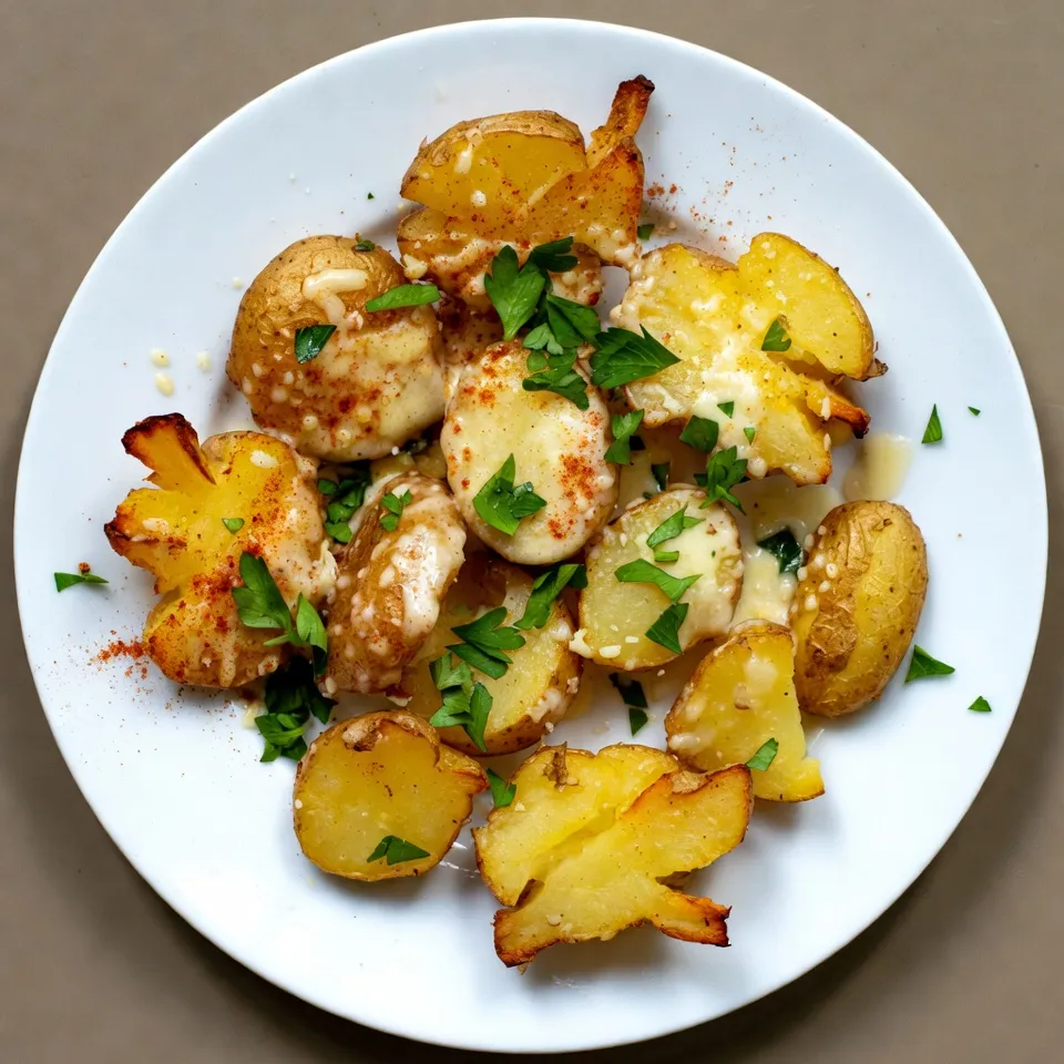 To make delicious garlic butter Parmesan smashed potatoes, gather these fresh ingredients: - 2 pounds baby Yukon gold potatoes - 4 tablespoons unsalted butter - 4 garlic cloves, minced - ½ cup freshly grated Parmesan cheese - 2 tablespoons fresh parsley, finely chopped - Salt and freshly ground pepper to taste - 1 teaspoon smoked paprika (optional) - Olive oil for a finishing drizzle These ingredients work together to create a dish full of flavor and texture. The baby Yukon gold potatoes are creamy and hold their shape well when smashed. Unsalted butter gives a rich base for the garlic and Parmesan. Fresh garlic adds depth, while Parmesan cheese brings a savory kick. Don't forget the parsley! It adds a pop of green and fresh flavor. You can skip the smoked paprika if you want a milder taste, but it does give an extra layer of flavor. Lastly, a drizzle of olive oil before serving adds a nice finish. With these simple ingredients, you will create a comforting side dish that is sure to impress! {{ingredient_image_2}} Start by taking 2 pounds of baby Yukon gold potatoes. Place them in a large pot. Cover them with cold water and add a pinch of salt. Bring the pot to a rolling boil. Let the potatoes cook for 15 to 20 minutes. They should be tender when pierced with a fork. This step is key to softening the potatoes for smashing. While the potatoes boil, melt 4 tablespoons of unsalted butter in a small saucepan over low heat. Once the butter is melted, add 4 minced garlic cloves. Stir the garlic for about 2 to 3 minutes. You want the garlic to smell great but not brown. Browned garlic can taste bitter, and we want sweet flavor here. After boiling, drain the potatoes well. Place them on a baking sheet lined with parchment paper. Use a fork or potato masher to smash each potato gently. You want them flattened but still whole. This creates a larger surface area for flavor. Drizzle the garlic butter over the smashed potatoes. Make sure each potato is well coated. Next, sprinkle ½ cup of freshly grated Parmesan cheese on top. Add salt, ground pepper, and 1 teaspoon of smoked paprika if you like. This gives the potatoes a nice flavor boost. Now, preheat your oven to 425°F (220°C). Once the oven is hot, put the baking sheet in. Roast the potatoes for about 20 to 25 minutes. You want the edges to turn crispy and the cheese to melt and brown. The smell will fill the kitchen and make you hungry! To make great garlic butter, start with unsalted butter. Melt it slowly over low heat. This keeps the flavor fresh. Add minced garlic and stir for 2-3 minutes. You want the garlic to smell good, not brown. Brown garlic can taste bitter. If you like extra flavor, you can add herbs like thyme or rosemary. Crispy potatoes are a must! After boiling, smash the potatoes gently. Leave them intact but flat. This gives more surface area to crisp up. Drizzle the garlic butter on top and add Parmesan cheese. Bake them at 425°F (220°C) for 20-25 minutes. You want golden edges and melted cheese. A little olive oil at the end can boost the crispiness even more. Feel free to mix up the seasonings. Smoked paprika adds a nice touch. You can also use garlic powder for extra flavor. If you love heat, add some red pepper flakes. Fresh herbs like chives or dill work well too. Experiment with these options to find your favorite blend! Pro Tips Choose the Right Potatoes: Baby Yukon gold potatoes are ideal for this recipe due to their creamy texture and buttery flavor, but feel free to experiment with other varieties like red potatoes for a different taste. Don't Overcook: Keep an eye on the potatoes while boiling; overcooked potatoes can become waterlogged, making them less crispy when roasted. Enhance Flavor with Herbs: Besides parsley, consider adding fresh thyme or rosemary to the garlic butter for an additional layer of flavor that complements the Parmesan beautifully. Perfect Crispy Finish: For extra crispiness, broil the potatoes for the last 2-3 minutes of baking, but watch them closely to prevent burning. {{image_4}} You can easily boost the cheese flavor! Try adding different cheeses like cheddar or feta. Mixing in cream cheese will make them extra creamy. Just sprinkle the cheese on top before baking. It melts beautifully and adds a rich taste. You can also fold in shredded cheese for a gooey inside. If you like heat, add some chili flakes to the garlic butter. This will give your potatoes a spicy kick. You can also swap the regular garlic with roasted garlic for a sweeter flavor. If you want more spice, try adding some diced jalapeños. Just be careful with the amount; you want a nice balance. Herbs can elevate the flavors of your smashed potatoes. Fresh thyme or rosemary adds a lovely aroma. Just chop them finely and mix them into the garlic butter. Basil or chives also work well. Adding herbs not only enhances flavor, but they also add color to your dish. Don't hesitate to get creative with your herb choices! You can store leftover garlic butter Parmesan smashed potatoes in an airtight container. Keep them in the fridge for up to three days. Make sure they cool down before sealing. This helps to keep their texture and flavor intact. To reheat, you can use an oven or a microwave. For the oven: Preheat it to 350°F (175°C). Place the potatoes on a baking sheet and warm them for about 10-15 minutes. This method helps retain their crispiness. If you use a microwave, heat them for 1-2 minutes. Check that they are hot all the way through. You can freeze these smashed potatoes, but they may lose some texture. Allow them to cool completely before freezing. Place them in a freezer-safe container or bag. They can stay fresh for up to three months. When ready to eat, thaw them in the fridge overnight before reheating. Yes, you can use other potatoes. I love baby red or russet potatoes. They both have great flavors and textures. Just remember to adjust cooking times. If you use larger potatoes, you may need to boil them longer. To make garlic butter parmesan smashed potatoes dairy-free, use a dairy-free butter. You can find many good options at stores. For cheese, try a dairy-free Parmesan or nutritional yeast. This adds a nice flavor without the dairy. These potatoes pair well with many dishes. Try serving them with grilled chicken or steak. They also go great with roasted vegetables or fish. You can even add a fresh salad for a complete meal. Enjoy! In this post, we explored making garlic butter Parmesan smashed potatoes. We covered the ingredients needed and the steps to cook them. I shared tips to get that crispy texture and ideas for fun variations. Don't forget storage tips to keep your leftovers fresh. These potatoes offer a tasty side that can fit any meal. Enjoy the process of making them your own!