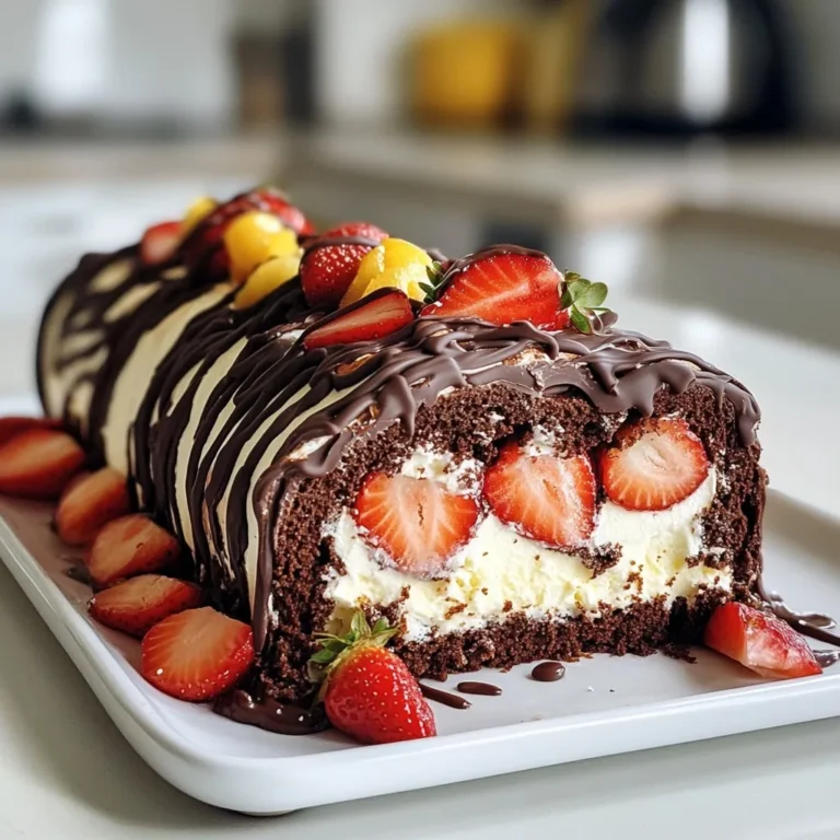- 4 large eggs - 100g granulated sugar - 75g all-purpose flour - 25g unsweetened cocoa powder - 1/2 teaspoon baking powder - 1/4 teaspoon salt - 1 tablespoon vegetable oil - 200ml heavy cream - 2 tablespoons powdered sugar - 250g fresh strawberries, hulled and sliced - 100g dark chocolate, melted (for drizzling) When baking, use a kitchen scale for accuracy. For this recipe, weigh your ingredients. Use 100 grams of sugar and 75 grams of flour. Precision helps in achieving the best texture. For the cocoa powder, use 25 grams to get that rich flavor. If you don't have a scale, use measuring cups but remember that results may vary. You can make swaps depending on what you have. If you're out of eggs, use 1/4 cup unsweetened applesauce for each egg. For a gluten-free option, replace all-purpose flour with a gluten-free blend. You can use coconut cream instead of heavy cream for a dairy-free version. If strawberries aren't available, try raspberries or blueberries for a different fruit twist. {{ingredient_image_2}} Start by gathering all your ingredients. You will need eggs, sugar, flour, cocoa powder, baking powder, salt, vegetable oil, heavy cream, powdered sugar, fresh strawberries, and dark chocolate. Preheat your oven to 180°C (350°F). Line a 15x10 inch jelly roll pan with parchment paper and lightly grease it. This will help the sponge come out easily. In a large bowl, whisk the eggs and granulated sugar together. Keep whisking until the mix is pale and fluffy, about 5-7 minutes. In another bowl, sift the flour, cocoa powder, baking powder, and salt. Gently fold this dry mix into the egg mixture. Be careful not to overmix; stop when just combined. Drizzle in the vegetable oil and fold it in gently. Pour the batter into your lined pan, spreading it evenly with a spatula. Bake for 12-15 minutes. The sponge should spring back when you touch it. While the cake bakes, prepare a clean kitchen towel by dusting it with powdered sugar. When the cake is done, remove it from the oven and invert it onto the towel. Carefully peel off the parchment paper. Starting from one short end, roll the sponge tightly with the towel. Let it cool completely in this rolled shape. In another bowl, whip the heavy cream and powdered sugar until soft peaks form. After the sponge has cooled, gently unroll it. Spread the whipped cream across the sponge, then layer on the sliced strawberries. Roll the sponge back up without the towel, keeping it tight. Transfer it to a serving platter and drizzle melted dark chocolate on top. Chill the Swiss roll in the fridge for at least 30 minutes before slicing. Enjoy your delicious treat! When making a chocolate strawberry Swiss roll, avoid overmixing the batter. This makes the sponge tough. Also, do not skip the dusting of powdered sugar on the kitchen towel. This helps prevent the cake from sticking. If you roll the cake too tightly, it may crack. Keep a gentle touch while rolling. To get the best whipped cream, use cold heavy cream. Whip it until soft peaks form. This means the cream should hold its shape but still be smooth. Adding powdered sugar helps sweeten it and gives a nice texture. Do not over-whip, or your cream may become grainy. Start rolling the sponge as soon as it cools. Use a clean kitchen towel to help roll it tightly. Begin at one short end and roll gently. This helps keep the shape nice. After adding cream and strawberries, re-roll the sponge without the towel. Apply gentle pressure to keep it tight. Pro Tips Fresh Ingredients: Always use the freshest strawberries for the best flavor and texture. Seasonal berries can elevate the taste of your Swiss roll significantly. Whip It Right: When whipping the cream, be careful not to overwhip. Aim for soft peaks to ensure a smooth and spreadable consistency that won't overpower the delicate sponge. Chill Time: Allow the Swiss roll to chill for at least 30 minutes after assembling. This helps the flavors meld and makes slicing much easier, ensuring clean edges. Chocolate Drizzle: For a professional touch, drizzle the melted chocolate in a zigzag pattern across the top of the Swiss roll. This not only looks beautiful but also enhances the chocolate flavor. {{image_4}} You can switch up the flavors in your chocolate strawberry Swiss roll. Try using raspberries or blueberries for a fruity twist. You can also swap the chocolate for peanut butter or vanilla cream. Each option adds its own unique flair. Mixing in citrus zest, like lemon or orange, brightens the taste too. Feel free to experiment with different flavor pairings that excite your palate. If you need gluten-free options, use gluten-free flour instead of all-purpose flour. This keeps the texture light and fluffy. For a vegan version, replace eggs with a flaxseed mixture. Combine one tablespoon of flaxseed meal with three tablespoons of water. Let it sit for a few minutes to thicken. Use coconut cream in place of heavy cream for a rich texture. These swaps allow everyone to enjoy this dessert. Decorating your Swiss roll adds a fun touch. Use fresh mint leaves to brighten the look. You can also sprinkle crushed nuts on top for added crunch. Sift powdered sugar over the roll for a classic finish. If you want a bolder look, drizzle white chocolate alongside the dark chocolate. These simple decorations make your dessert stand out and impress your guests. To keep your Chocolate Strawberry Swiss Roll fresh, wrap it tightly in plastic wrap. This helps prevent air from drying it out. Place it in the refrigerator for up to three days. If you have a big roll, you can slice it first. This makes it easier to grab a piece later. You can freeze the Swiss roll if you want to save it for later. Wrap it in plastic wrap, then in foil to prevent freezer burn. It can last for up to a month in the freezer. When ready to eat, let it thaw in the fridge overnight. This keeps the texture nice. - Always wrap the roll tightly to avoid air exposure. - Store it in an airtight container if possible. - Keep it in a cool part of the fridge, away from strong odors. - Avoid cutting until you are ready to serve; this keeps the edges moist. Following these tips will help you enjoy your Swiss roll at its best! Yes, you can make this Swiss roll ahead of time. Bake the sponge and roll it up with the towel. Allow it to cool completely. Once cooled, you may fill it with cream and strawberries. Wrap it tightly in plastic wrap and store it in the fridge. This way, it will stay fresh for up to two days. You can also drizzle the chocolate on top just before serving. This keeps it looking nice and fresh. If you want to switch up the flavors, try using other fruits. Raspberries, blueberries, or sliced bananas work well. Each fruit gives a unique taste and pairs nicely with chocolate. For a tropical twist, consider using mango or pineapple. You can also use fruit preserves for a sweeter filling. Just spread it over the whipped cream instead of fresh fruit. To avoid cracks, handle the sponge gently. When you bake it, be careful not to overbake. An overbaked sponge tends to dry out and crack. After baking, roll the sponge while it’s still warm. This helps it keep its shape. Use a clean kitchen towel dusted with powdered sugar to prevent sticking. If you follow these steps, your roll should come out smooth and beautiful. In this post, we covered the steps to make a perfect Swiss roll. We explored the right ingredients, measurements, and common substitutes. I provided a clear guide for preparation, baking, and assembly. You learned key tips to avoid mistakes and perfect your whipped cream. We discussed delightful variations and how to store your leftovers. Remember, practice makes perfect. Follow these steps, and soon you'll impress everyone with your Swiss roll skills. Enjoy your baking journey!