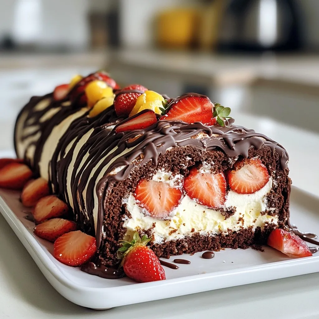 - 4 large eggs - 100g granulated sugar - 75g all-purpose flour - 25g unsweetened cocoa powder - 1/2 teaspoon baking powder - 1/4 teaspoon salt - 1 tablespoon vegetable oil - 200ml heavy cream - 2 tablespoons powdered sugar - 250g fresh strawberries, hulled and sliced - 100g dark chocolate, melted (for drizzling) When baking, use a kitchen scale for accuracy. For this recipe, weigh your ingredients. Use 100 grams of sugar and 75 grams of flour. Precision helps in achieving the best texture. For the cocoa powder, use 25 grams to get that rich flavor. If you don't have a scale, use measuring cups but remember that results may vary. You can make swaps depending on what you have. If you're out of eggs, use 1/4 cup unsweetened applesauce for each egg. For a gluten-free option, replace all-purpose flour with a gluten-free blend. You can use coconut cream instead of heavy cream for a dairy-free version. If strawberries aren't available, try raspberries or blueberries for a different fruit twist. {{ingredient_image_2}} Start by gathering all your ingredients. You will need eggs, sugar, flour, cocoa powder, baking powder, salt, vegetable oil, heavy cream, powdered sugar, fresh strawberries, and dark chocolate. Preheat your oven to 180°C (350°F). Line a 15x10 inch jelly roll pan with parchment paper and lightly grease it. This will help the sponge come out easily. In a large bowl, whisk the eggs and granulated sugar together. Keep whisking until the mix is pale and fluffy, about 5-7 minutes. In another bowl, sift the flour, cocoa powder, baking powder, and salt. Gently fold this dry mix into the egg mixture. Be careful not to overmix; stop when just combined. Drizzle in the vegetable oil and fold it in gently. Pour the batter into your lined pan, spreading it evenly with a spatula. Bake for 12-15 minutes. The sponge should spring back when you touch it. While the cake bakes, prepare a clean kitchen towel by dusting it with powdered sugar. When the cake is done, remove it from the oven and invert it onto the towel. Carefully peel off the parchment paper. Starting from one short end, roll the sponge tightly with the towel. Let it cool completely in this rolled shape. In another bowl, whip the heavy cream and powdered sugar until soft peaks form. After the sponge has cooled, gently unroll it. Spread the whipped cream across the sponge, then layer on the sliced strawberries. Roll the sponge back up without the towel, keeping it tight. Transfer it to a serving platter and drizzle melted dark chocolate on top. Chill the Swiss roll in the fridge for at least 30 minutes before slicing. Enjoy your delicious treat! When making a chocolate strawberry Swiss roll, avoid overmixing the batter. This makes the sponge tough. Also, do not skip the dusting of powdered sugar on the kitchen towel. This helps prevent the cake from sticking. If you roll the cake too tightly, it may crack. Keep a gentle touch while rolling. To get the best whipped cream, use cold heavy cream. Whip it until soft peaks form. This means the cream should hold its shape but still be smooth. Adding powdered sugar helps sweeten it and gives a nice texture. Do not over-whip, or your cream may become grainy. Start rolling the sponge as soon as it cools. Use a clean kitchen towel to help roll it tightly. Begin at one short end and roll gently. This helps keep the shape nice. After adding cream and strawberries, re-roll the sponge without the towel. Apply gentle pressure to keep it tight. Pro Tips Fresh Ingredients: Always use the freshest strawberries for the best flavor and texture. Seasonal berries can elevate the taste of your Swiss roll significantly. Whip It Right: When whipping the cream, be careful not to overwhip. Aim for soft peaks to ensure a smooth and spreadable consistency that won't overpower the delicate sponge. Chill Time: Allow the Swiss roll to chill for at least 30 minutes after assembling. This helps the flavors meld and makes slicing much easier, ensuring clean edges. Chocolate Drizzle: For a professional touch, drizzle the melted chocolate in a zigzag pattern across the top of the Swiss roll. This not only looks beautiful but also enhances the chocolate flavor. {{image_4}} You can switch up the flavors in your chocolate strawberry Swiss roll. Try using raspberries or blueberries for a fruity twist. You can also swap the chocolate for peanut butter or vanilla cream. Each option adds its own unique flair. Mixing in citrus zest, like lemon or orange, brightens the taste too. Feel free to experiment with different flavor pairings that excite your palate. If you need gluten-free options, use gluten-free flour instead of all-purpose flour. This keeps the texture light and fluffy. For a vegan version, replace eggs with a flaxseed mixture. Combine one tablespoon of flaxseed meal with three tablespoons of water. Let it sit for a few minutes to thicken. Use coconut cream in place of heavy cream for a rich texture. These swaps allow everyone to enjoy this dessert. Decorating your Swiss roll adds a fun touch. Use fresh mint leaves to brighten the look. You can also sprinkle crushed nuts on top for added crunch. Sift powdered sugar over the roll for a classic finish. If you want a bolder look, drizzle white chocolate alongside the dark chocolate. These simple decorations make your dessert stand out and impress your guests. To keep your Chocolate Strawberry Swiss Roll fresh, wrap it tightly in plastic wrap. This helps prevent air from drying it out. Place it in the refrigerator for up to three days. If you have a big roll, you can slice it first. This makes it easier to grab a piece later. You can freeze the Swiss roll if you want to save it for later. Wrap it in plastic wrap, then in foil to prevent freezer burn. It can last for up to a month in the freezer. When ready to eat, let it thaw in the fridge overnight. This keeps the texture nice. - Always wrap the roll tightly to avoid air exposure. - Store it in an airtight container if possible. - Keep it in a cool part of the fridge, away from strong odors. - Avoid cutting until you are ready to serve; this keeps the edges moist. Following these tips will help you enjoy your Swiss roll at its best! Yes, you can make this Swiss roll ahead of time. Bake the sponge and roll it up with the towel. Allow it to cool completely. Once cooled, you may fill it with cream and strawberries. Wrap it tightly in plastic wrap and store it in the fridge. This way, it will stay fresh for up to two days. You can also drizzle the chocolate on top just before serving. This keeps it looking nice and fresh. If you want to switch up the flavors, try using other fruits. Raspberries, blueberries, or sliced bananas work well. Each fruit gives a unique taste and pairs nicely with chocolate. For a tropical twist, consider using mango or pineapple. You can also use fruit preserves for a sweeter filling. Just spread it over the whipped cream instead of fresh fruit. To avoid cracks, handle the sponge gently. When you bake it, be careful not to overbake. An overbaked sponge tends to dry out and crack. After baking, roll the sponge while it’s still warm. This helps it keep its shape. Use a clean kitchen towel dusted with powdered sugar to prevent sticking. If you follow these steps, your roll should come out smooth and beautiful. In this post, we covered the steps to make a perfect Swiss roll. We explored the right ingredients, measurements, and common substitutes. I provided a clear guide for preparation, baking, and assembly. You learned key tips to avoid mistakes and perfect your whipped cream. We discussed delightful variations and how to store your leftovers. Remember, practice makes perfect. Follow these steps, and soon you'll impress everyone with your Swiss roll skills. Enjoy your baking journey!