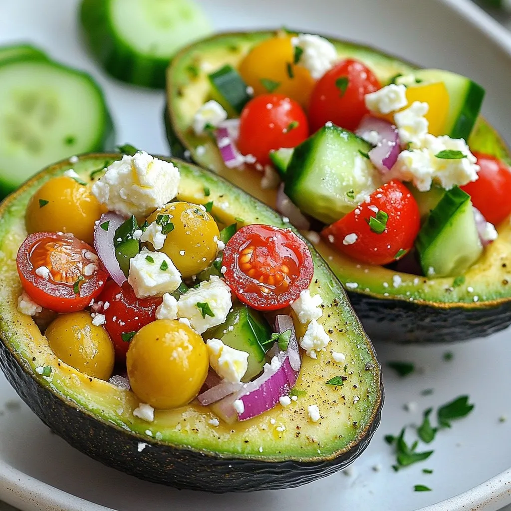 To make Greek salad stuffed avocados, gather these fresh ingredients: - 2 ripe avocados, halved and pitted - 1 cup cherry tomatoes, halved - 1 cucumber, diced into small cubes - 1/2 red onion, finely chopped - 1 cup Kalamata olives, pitted and sliced - 1/2 cup feta cheese, crumbled - 2 tablespoons fresh parsley, finely chopped - 2 tablespoons olive oil - 1 tablespoon red wine vinegar (optional) - 1 teaspoon dried oregano - Salt and pepper to taste You can customize your Greek salad stuffed avocados with these tasty options: - Bell peppers for extra crunch - Avocado oil for a different flavor - Capers for a salty bite - Fresh dill or mint for added herbs - Grilled chicken or shrimp for protein If you have allergies or dietary needs, use these substitutes: - Swap feta cheese with vegan cheese or leave it out for a dairy-free option. - Use green olives instead of Kalamata olives. - Replace red wine vinegar with lemon juice for a zesty twist. - For nut allergies, ensure any added ingredients are nut-free. With these ingredients, you can make a delicious and colorful dish that's sure to please! {{ingredient_image_2}} Start by making the filling. In a large bowl, mix the halved cherry tomatoes, diced cucumber, finely chopped red onion, sliced Kalamata olives, crumbled feta cheese, and chopped fresh parsley. This mix is colorful and full of flavor. It brings a fresh taste to the dish. Next, dress the salad. Drizzle olive oil over your mix. If you like, add red wine vinegar for a tangy taste. Sprinkle in dried oregano, salt, and pepper. Toss everything gently. Make sure each piece is coated well with the dressing. Now it's time to prep the avocados. Carefully cut each avocado in half and pit them. Use a spoon to scoop out a bit of the flesh from the center. This creates more space for the filling. You can chop the scooped-out avocado and add it to your salad mix for creaminess. It's time to fill the avocados! Grab the Greek salad mixture and spoon it into each avocado half. Make it heaping so it looks vibrant and inviting. Each half should be full and colorful, showing off the fresh ingredients. Serve the stuffed avocados right away for the best taste. Arrange them on a nice platter. You can garnish with extra chopped parsley and a sprinkle of feta cheese. A drizzle of olive oil around the platter adds a lovely touch. Enjoy this tasty dish fresh! To find ripe avocados, look for a deep green color. Gently squeeze the avocado. If it gives slightly, it’s ready. Avoid any with dark spots or cracks. If your avocados aren’t ripe, leave them on the counter for a few days. You can speed up ripening by placing them in a paper bag with a banana. The ethylene gas from the banana helps them ripen faster. To boost flavor, use fresh herbs like parsley and oregano. Fresh herbs add bright notes to the salad. You can also mix in a splash of lemon juice for zing. If you like heat, consider adding a pinch of red pepper flakes. This can give the dish a subtle kick. Experiment with your favorite spices to find what you love best. For a beautiful presentation, use a vibrant serving platter. Arrange the stuffed avocados side by side. Top each with a sprinkle of feta and more chopped parsley. Drizzle olive oil around the edge of the platter for a touch of elegance. You can also add a few whole olives around the dish for color. This makes the meal look inviting and fresh, perfect for sharing. Pro Tips Choose Ripe Avocados: Make sure to select avocados that yield slightly to gentle pressure for a creamy filling. Overripe avocados can become mushy, while underripe ones will be hard and difficult to scoop. Customize Your Salad: Feel free to add other ingredients like bell peppers, radishes, or even grilled chicken to suit your taste preferences and add more nutrition to the meal. Chill Before Serving: For a refreshing experience, chill the stuffed avocados in the refrigerator for about 10 minutes before serving. This enhances the flavors and makes for a cooler bite. Use Fresh Herbs: Incorporating fresh herbs like dill or mint can elevate the dish's flavor profile. Experiment with different herbs to find your favorite combination! {{image_4}} You can easily add more flavors to your Greek salad stuffed avocados. Try adding artichoke hearts for a tangy taste. Roasted red peppers can also bring a sweet and smoky flavor. You might also enjoy adding fresh herbs like dill or mint for a refreshing twist. Each extra ingredient adds a new layer of taste and excitement. To make this dish vegan, simply leave out the feta cheese. You can replace it with a creamy avocado blend or a vegan cheese. Nutritional yeast adds a cheesy flavor without dairy. Using a mix of chopped nuts can also give a nice crunch and protein boost. This way, everyone can enjoy a tasty, plant-based meal. This recipe is already gluten-free, so you can enjoy it worry-free. However, if you want to add grains, use quinoa or brown rice. Just make sure to cook them well and let them cool before mixing them in. This keeps the salad light and fresh while adding more texture. To store leftover stuffed avocados, first place them in an airtight container. Keep them in the fridge. They taste best when eaten within one day. If you can, eat them right away to enjoy their fresh flavor. If you have extra salad mix, store it separately from the avocados. This helps prevent browning. To keep your ingredients fresh, store them in cool, dry places. Avocados should stay at room temperature until ripe. Once ripe, move them to the fridge. Keep tomatoes and cucumbers in the fridge too, but take them out a bit before serving. This brings back their natural flavors. For olives and feta, check the packaging for storage tips to maintain their quality. You don't need to reheat stuffed avocados. They are best enjoyed cold. If you have leftovers, serve them straight from the fridge. This keeps the avocados creamy and refreshing. If you prefer warm dishes, try using the salad mix in another recipe, like a wrap or a grain bowl. To pick ripe avocados, look for dark green skin. Gently squeeze the fruit; it should feel soft but not mushy. Check the stem area. If it is green, the avocado is ripe. If it is brown, it may be overripe. Buy avocados that feel slightly firm if you plan to use them later. Yes, you can prepare the salad mix ahead. Store it in the fridge. However, wait to fill the avocados until you are ready to serve. This keeps the avocados fresh and green. If filled too early, they may brown and lose their appeal. If you need a substitute for feta cheese, try crumbled goat cheese or ricotta. You can also use a vegan cheese if you want a plant-based option. These cheeses will give you a similar creamy texture and flavor without the dairy. To prevent browning, add lemon juice or lime juice to the avocado flesh. You can also cover the exposed avocado with plastic wrap. Keeping the flesh airtight slows down browning. Store the avocados in the fridge if you need to keep them longer. Yes, Greek Salad Stuffed Avocados are very healthy! They are packed with nutrients. Avocados provide healthy fats and fiber. The salad inside adds vitamins and minerals from the veggies and olives. This dish is low in carbs and a great option for a light meal. Using ripe avocados and fresh ingredients makes for a tasty dish. We covered the ingredients needed, step-by-step instructions, and many helpful tips. You learned about variations, storage, and common questions. Greek Salad Stuffed Avocados are fun to make and enjoy. Customize them to fit your taste and needs. This dish is both healthy and delicious, perfect for any meal. Dive into your kitchen and create your own!