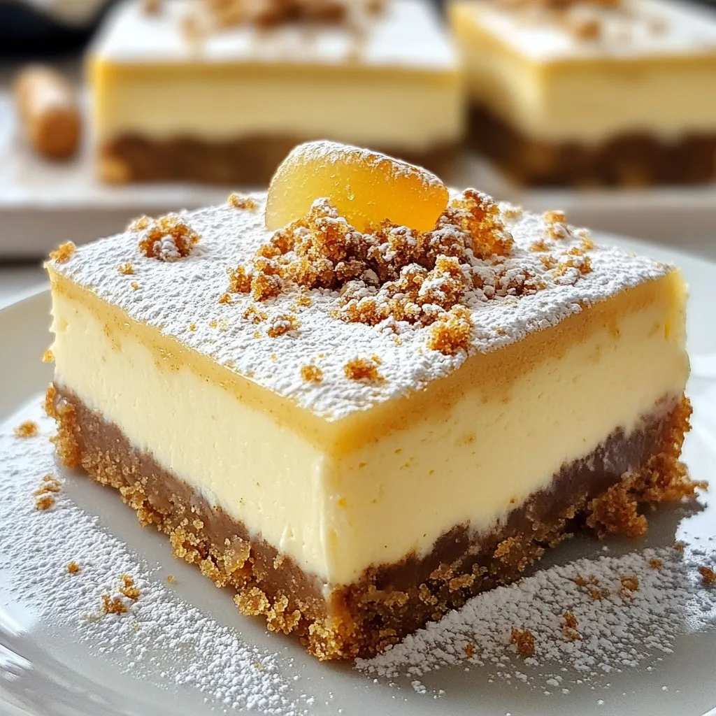 To make Gingerbread Cheesecake Bars, gather these items: - 1 ½ cups graham cracker crumbs - ½ cup unsalted butter, melted - 2 tablespoons packed brown sugar - 1 teaspoon ground ginger - 1 teaspoon ground cinnamon - 8 oz cream cheese, softened to room temperature - ½ cup granulated sugar - 2 large eggs, at room temperature - 1 teaspoon pure vanilla extract - ½ cup sour cream, at room temperature - 1 teaspoon molasses - 1 teaspoon ground nutmeg - ¼ teaspoon salt You can swap some ingredients if needed. Here are some ideas: - Use almond or coconut flour instead of graham cracker crumbs for a gluten-free crust. - Replace unsalted butter with coconut oil for a dairy-free option. - Try Greek yogurt in place of sour cream for a tangy twist. - Maple syrup can replace molasses if you're out. Fresh ingredients make a big difference in taste. Here are my tips: - Choose cream cheese that's at room temperature for smooth mixing. - Check spices for freshness; old spices lose flavor. - Use fresh eggs for better texture in your cheesecake. - Always look for high-quality vanilla extract for rich flavor. {{ingredient_image_2}} To make gingerbread cheesecake bars, you first need to gather all your ingredients. You will need graham cracker crumbs, unsalted butter, brown sugar, and spices. The cream cheese is key for that smooth filling. Make sure your eggs and sour cream are at room temperature; this helps them mix well. 1. Preheat your oven to 350°F (175°C). Line an 8x8-inch baking pan with parchment paper. 2. In a bowl, mix graham cracker crumbs, melted butter, brown sugar, ginger, cinnamon, and a pinch of salt. Stir until combined. 3. Press this mixture into the bottom of your pan. Make it even and firm. Bake for 10 minutes, then let it cool for a bit. 4. In a new bowl, beat the softened cream cheese and granulated sugar until smooth. 5. Add eggs one at a time, mixing well after each. 6. Blend in vanilla, sour cream, molasses, nutmeg, and a pinch of salt. Mix until smooth. 7. Pour this filling over the cooled crust, spreading it evenly. 8. Bake for 25-30 minutes. The edges should look set, and the center should jiggle slightly. 9. Turn off the oven and leave the door slightly open. This helps the bars cool slowly for an hour. After an hour, put the pan in the fridge for at least 4 hours. If you can wait overnight, do it for better texture. When ready to serve, lift the bars out using the parchment paper. Place them on a cutting board and cut into squares. Dust with powdered sugar and top with a piece of candied ginger or cinnamon for a nice touch. Enjoy! To avoid cracks, bake your cheesecake bars gently. Bake at a lower temperature, if needed. Let the bars cool slowly in the oven. After baking, crack the door open to let heat escape. This helps keep the bars smooth and pretty. For creamy cheesecake, start with softened cream cheese. Room temperature cheese mixes better and avoids lumps. Mix on low speed until smooth. Add eggs one by one, mixing well after each addition. This keeps the mix light and airy. Finally, use sour cream for a rich, creamy taste. Serve your cheesecake bars chilled for the best flavor. Dust with powdered sugar for a sweet touch. For a festive look, add candied ginger on top. Ground cinnamon also adds warmth and spice. You can enjoy these bars on their own or with a dollop of whipped cream. Pro Tips Chill Before Serving: For the best flavor and texture, make sure to chill the bars overnight. This allows the flavors to meld beautifully and the cheesecake to set perfectly. Perfect Crust: Press the graham cracker crust firmly into the pan to prevent it from crumbling when cutting the bars. A well-compressed crust holds its shape and provides a sturdy base. Prevent Cracking: Cracking can occur if the cheesecake is baked too long or at too high a temperature. Maintain a gentle bake and let the bars cool gradually in the oven with the door ajar. Garnish Creatively: Elevate the presentation by garnishing with whipped cream, chocolate shavings, or festive sprinkles. A little creativity goes a long way in making your dessert visually appealing. {{image_4}} You can change the flavor of your gingerbread cheesecake bars easily. Try adding pumpkin spice for a fall twist. Use chocolate instead of ginger for a rich treat. Swap in peppermint extract for a fresh holiday vibe. Each option gives your bars a fun new taste. If you need gluten-free bars, use gluten-free graham crackers. For vegan options, replace cream cheese with a vegan cream cheese blend. Substitute eggs with flax eggs made from ground flaxseed and water. You can also use coconut yogurt instead of sour cream. These swaps keep the bars tasty for everyone. Toppings can elevate your bars and make them special. Dust the top with powdered sugar for a simple look. Add a drizzle of chocolate or caramel sauce for sweetness. Chopped nuts bring a nice crunch. For a holiday touch, use candied ginger or a sprinkle of cinnamon. Each garnish adds flavor and style. To keep your gingerbread cheesecake bars fresh, store them in the fridge. Place the bars in an airtight container. Make sure they are completely cool before sealing. This helps avoid condensation, which can make them soggy. If you use parchment paper, you can place it between layers to keep them from sticking. You can freeze these bars if you want to save some for later. First, let them cool in the fridge. Then, cut them into squares. Wrap each piece in plastic wrap. Place the wrapped bars in a freezer-safe bag or container. They can last up to three months in the freezer. When you want to enjoy them, thaw in the fridge overnight. These cheesecake bars last about five days in the fridge. If you notice any signs of spoilage, it's best to toss them. To reheat, you can place them in a microwave for about 10-15 seconds. This warms them up without losing their texture. Enjoy these bars cold or warm; both ways are delicious! Yes, you can prepare these bars a day or two in advance. Make them and let them chill in the fridge. This helps the flavors blend well. Plus, it gives you more time to enjoy the holiday fun. Just remember to cover them well to keep them fresh. To cut cheesecake bars, use a sharp knife. Dip the knife in hot water, then wipe it dry. This helps make clean cuts. Make one cut, then wipe the knife before each slice. You will get neat, beautiful squares every time. Check the edges of the cheesecake bars. They should be set and firm. The center will have a slight jiggle. This jiggle means it is still creamy and perfect. If it looks too wobbly, bake it a little longer. In this guide, we explored how to make delicious cheesecake bars. We discussed key ingredients, tips for using fresh ingredients, and substitutions to fit your needs. The step-by-step instructions ensure you bake with ease. You learned ways to avoid cracks and achieve a creamy texture. We also covered variations for different diets and toppings. Finally, proper storage methods keep your bars fresh longer. Enjoy making these cheesecake bars and impress your friends and family with your skills!