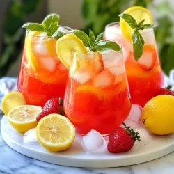 To make a delicious Strawberry Basil Lemonade, you need simple, fresh ingredients. Here’s what you will need: - Fresh strawberries - Fresh basil leaves - Freshly squeezed lemon juice - Granulated sugar - Water - Ice cubes - Garnishes (lemon slices, basil sprigs) Each ingredient plays a key role in creating that refreshing summer drink. Fresh strawberries bring a natural sweetness and vibrant color. Basil adds a unique herbal note that pairs well with the tartness of the lemon juice. Granulated sugar balances the flavors, while water helps to dilute and refresh. Don’t forget the ice cubes and garnishes to make your drink look as good as it tastes! {{ingredient_image_2}} To start, take 1 cup of fresh strawberries. Slice them and place them in a high-speed blender. Add 1 cup of water to the blender. Blend until the mixture is smooth. Next, strain this strawberry mixture through a fine-mesh sieve into a large pitcher. This step removes the seeds and pulp. To get every drop of liquid, use a spatula. Press down gently as you strain. For the simple syrup, take 1 cup of water and bring it to a vigorous boil in a small saucepan. Once the water is boiling, remove it from heat. Add 1 cup of granulated sugar to the hot water. Stir it well until the sugar dissolves completely. This creates your simple syrup. Set it aside to cool for a few minutes. Now, pour the freshly squeezed lemon juice into the pitcher with the strawberry puree. Usually, this takes about 4 to 6 medium lemons. Next, add the cooled simple syrup to the pitcher. Stir well to mix all the flavors together. For the basil flavor, take 10 to 12 fresh basil leaves. Tear them into smaller pieces. This helps release their oils. Add the torn basil to the pitcher. Let it infuse for about 10 to 15 minutes. This time allows the basil flavor to blend into the lemonade. Once the basil has infused, add the remaining 3 cups of cold water to the pitcher. Stir the mixture thoroughly. Taste your lemonade. If you want it sweeter, add more sugar. If you need more tang, add extra lemon juice. Adjust until you like the flavor. To serve, prepare your glasses with ice cubes. Pour the refreshing strawberry basil lemonade over the ice. For a nice touch, garnish each glass with a slice of lemon and a sprig of basil. Enjoy this delightful drink! - Adjusting sweetness preferences: You can change the sugar amount to fit your taste. Start with one cup, then taste. If it is too sweet, add lemon juice. If it needs more sweetness, add sugar bit by bit until you like it. - Enhancing lemon flavor: To boost the lemon taste, use more lemon juice. Add an extra lemon or two for a zesty kick. You can also add lemon zest for an extra punch and freshness. - Choosing ripe strawberries: Look for bright red strawberries with no white spots. They should feel firm but not hard. Smell them too; ripe strawberries have a sweet aroma. If you can, buy them from a local farmer's market for the best flavor. - Selecting quality basil: Choose basil leaves that are bright green and fresh. Avoid any wilting or brown spots. To check freshness, lightly squeeze the leaves; they should smell fragrant. Fresh basil adds a lovely depth to your drink. - How to store leftover lemonade: If you have lemonade left over, keep it in the fridge in a sealed container. It stays fresh for up to three days. Shake or stir before serving again to mix the flavors. - Best practices for keeping fresh ingredients: Store strawberries in the fridge but do not wash them until you are ready to eat. For basil, place it in a glass of water like a bouquet. Cover it with a plastic bag and keep it in the fridge for maximum freshness. Pro Tips Choose Ripe Strawberries: Use ripe, sweet strawberries for the best flavor in your lemonade. Look for berries that are bright red and fragrant. Adjust Sweetness Carefully: Start with less sugar and adjust gradually. You can always add more, but it's hard to fix an overly sweet lemonade! Infuse Longer for More Flavor: If you enjoy a stronger basil taste, let the basil leaves infuse for a longer period, up to 30 minutes. Chill Before Serving: For a refreshing drink, chill the lemonade in the fridge before serving, or serve it over ice for immediate enjoyment. {{image_4}} You can switch up the fruit in your strawberry basil lemonade. For a fun twist, try using other berries like raspberries or blueberries. These berries add their own unique taste and color. You can mix and match them to create a berry blend. Citrus fruits also work great! Lime and orange can add a zesty kick. Just replace some lemon juice with fresh lime or orange juice. This will brighten the flavor and give you a refreshing drink. Want to add some fizz? Making a sparkling version is easy! After you mix all your ingredients, just add sparkling water or club soda. This gives a bubbly texture that’s really refreshing. For the best taste, use a ratio of 1 part sparkling water to 3 parts lemonade. This keeps the flavor strong while adding the fizzy fun. If you want a grown-up drink, consider adding alcohol. Vodka or gin makes a great addition. Just add about 1 to 2 ounces of your chosen spirit to each glass. It will blend well with the lemonade. When serving, make sure to adjust the sweetness. Alcohol can change the taste, so you may need a bit more sugar or lemon juice. Taste as you go to find your perfect balance. Strawberries pack a punch when it comes to nutrition. One cup of fresh strawberries contains about 50 calories. They are low in fat and high in fiber. They also provide vitamin C, manganese, and folate. Strawberries are rich in antioxidants, which help fight free radicals in your body. Antioxidants can lower your risk of chronic diseases and improve heart health. Plus, they support your skin health and boost your immune system. Basil is more than just a tasty herb. It has lots of vitamins and minerals. One cup of fresh basil leaves offers vitamin K, magnesium, and iron. Basil also has anti-inflammatory properties that can help your body heal. It may also support digestion and reduce stress. Using fresh basil in your lemonade adds flavor and health benefits. Lemon juice is a star ingredient in this drink. It contains a high amount of vitamin C, which is great for your immune system. Just one lemon can provide over 30% of your daily vitamin C needs. Lemon juice also helps with digestion and can aid weight loss. Its natural acidity can balance your body’s pH and keep you hydrated. Adding lemon juice to your strawberry basil lemonade enhances both taste and health benefits. Yes, you can use frozen strawberries. They work well in this drink. Just remember to thaw them first. This helps to blend them smoothly. You may need to adjust the sweetness. Frozen berries can be a bit less sweet than fresh ones. Homemade lemonade lasts about 5 to 7 days in the fridge. Store it in a sealed container. This keeps it fresh and tasty. If you notice any change in color or smell, it is best to discard it. Always give it a quick taste before serving. Yes, you can easily make a larger batch. Simply double or triple the ingredients. This is great for parties or gatherings. Just make sure you have a big enough pitcher. Chill it in the fridge for a few hours before serving. To adjust sweetness, taste the lemonade as you mix. If it’s too sour, add more sugar or simple syrup. Start with small amounts. Stir well and taste again. This way, you control the flavor without overdoing it. Yes, you can use sweeteners like honey or agave syrup. These are good alternatives. Just keep in mind that they can change the flavor. Start with a smaller amount than sugar. Taste and adjust as needed to find your perfect balance. You’ve learned how to make a refreshing strawberry basil lemonade. By using ripe ingredients and following the steps, you can create a drink that stands out. Consider adding variations to make it your own. Remember the nutritional benefits too; strawberries and basil bring flavor and health. Now it’s time to enjoy your creation, share it with friends, and experiment with flavors. Simple, fresh, and delightful—this lemonade is perfect for any occasion.