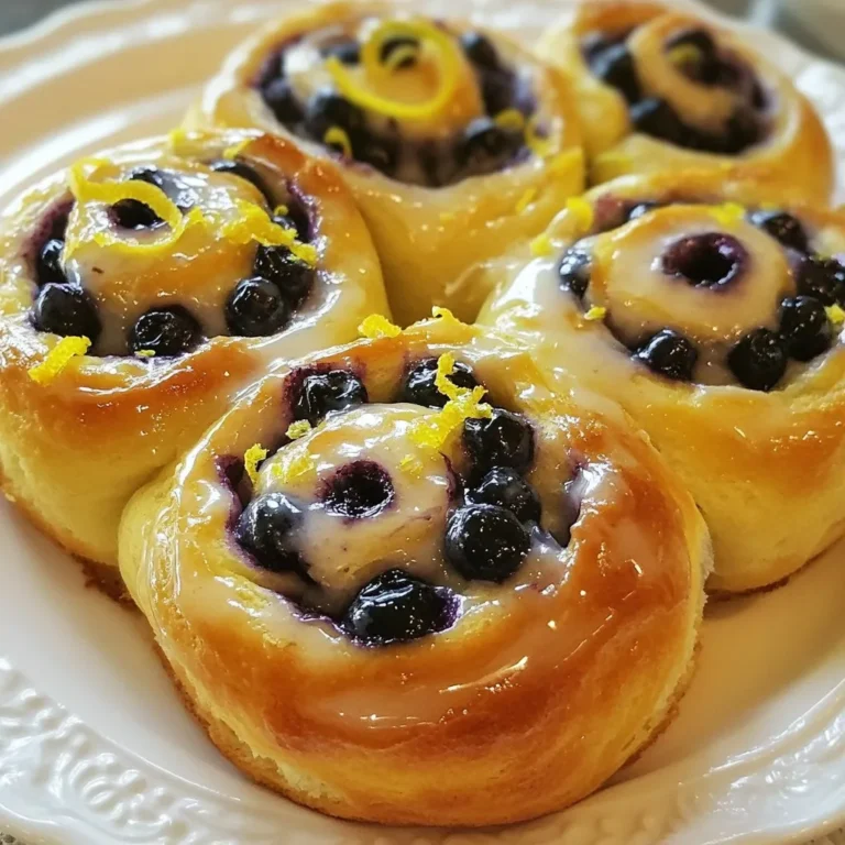 - 3 cups all-purpose flour - 1 packet (2¼ teaspoons) active dry yeast - ½ cup warm milk (approximately 110°F / 43°C) - ¼ cup granulated sugar - ¼ cup unsalted butter, melted - 2 large eggs - 1 teaspoon salt - 1 tablespoon fresh lemon zest - 1 cup fresh blueberries - ½ cup powdered sugar (for glaze) - 2 tablespoons fresh lemon juice (for glaze) Gathering the right ingredients is key to making Blueberry Lemon Sweet Rolls. Start with all-purpose flour. This gives the rolls their structure. Next, get some active dry yeast. It helps the rolls rise and become fluffy. For moisture, use warm milk. It should feel like a warm hug, about 110°F (43°C). You’ll also need granulated sugar. It adds sweetness and helps feed the yeast. Unsalted butter brings richness and flavor, while eggs add moisture and binding. Don’t forget the salt! This balances the sweetness. Fresh lemon zest adds a bright flavor to the rolls. Blueberries are the star! They burst with juice as they bake. Lastly, for the glaze, you need powdered sugar and fresh lemon juice. This gives your rolls a sweet and tangy finish. Now you’re all set! These simple ingredients will come together to create a treat that’s hard to resist. {{ingredient_image_2}} - Combine warm milk, sugar, and yeast. - Let sit until frothy (5-10 minutes). Start by taking a small bowl. Pour in the warm milk, about 110°F. Add the sugar and the yeast. Mix gently. Set it aside for 5 to 10 minutes. You want to see bubbles forming. This shows the yeast is alive and ready to work. - Whisk flour, salt, and lemon zest. - Create a well for yeast mixture, butter, and eggs. Next, grab a large bowl. Whisk together the flour, salt, and lemon zest. The zest adds a nice pop of flavor. Make a well in the center of your flour mix. Pour in the frothy yeast mixture, melted butter, and the eggs. This is where the magic starts! - Form cohesive dough and knead until smooth. - Allow dough to rise in a greased bowl for 1 hour. Stir the mixture until it turns into a dough. Then, put the dough on a floured surface. Knead it for 5 to 7 minutes. You want it to feel smooth and elastic. When ready, put it in a greased bowl. Cover it with a towel. Let it rise in a warm place for about 1 hour. The dough should double in size. - Roll out dough and add fresh blueberries. - Slice the log and arrange in baking dish for second rise. Once the dough has risen, punch it down gently. Roll it out into a big rectangle, about 12x18 inches. Spread fresh blueberries evenly over the dough. Roll the dough tightly from the long side. Pinch the edges to seal in the blueberries. Slice the log into 12 equal pieces. Place them cut side up in a greased baking dish. Cover and let rise for another 30 minutes. - Preheat oven to 350°F (175°C). - Bake rolls for 25-30 minutes until golden brown. While the rolls rise, preheat your oven to 350°F (175°C). When ready, bake the rolls for 25 to 30 minutes. Look for a golden brown color and a puffy shape. This is when they are perfect! - Prepare glaze with powdered sugar and lemon juice. - Drizzle over warm rolls before serving. While the rolls bake, prepare the glaze. In a small bowl, mix powdered sugar and lemon juice. Whisk until smooth. After baking, let the rolls cool for about 10 minutes. Drizzle the lemon glaze over the warm rolls. This adds a sweet and tangy finish that you will love! To make smooth and elastic dough, start with warm milk. This helps activate the yeast. Knead the dough for about 5-7 minutes. You want it to feel soft but not sticky. A draft-free area is key for rising. Find a cozy spot in your kitchen. Cover the dough with a towel. This keeps it warm, helping it grow. You can tell when the rolls are done by color and texture. They should be golden brown and puffed up. If your oven bakes unevenly, adjust the time. Some ovens run hot or cold. Keep an eye on your rolls. You may need to add or reduce baking time by a few minutes. Serve the warm rolls on a nice platter for an inviting look. A simple sprinkle of lemon zest adds brightness. You can also toss on a few extra blueberries for color. This makes the rolls more appealing. A good presentation makes your dessert even more enjoyable. Pro Tips Use Fresh Ingredients: For the best flavor, opt for fresh blueberries and organic lemons. This will enhance the taste of your sweet rolls significantly. Check Yeast Freshness: Always ensure your yeast is active before using it. If it doesn't foam in warm milk, it may be expired and could affect the rise of your dough. Perfect Rolling Technique: When rolling the dough, ensure it's tight enough to keep the blueberries contained but not so tight that it bursts during baking. Glaze While Warm: Drizzle the glaze over the rolls while they are still warm. This allows the glaze to soak in slightly, creating a deliciously sweet topping. {{image_4}} You can play with flavors in these rolls. Adding spices like cinnamon or nutmeg gives a warm touch. Just a pinch can transform your sweet rolls. You can also use fruits like raspberries or strawberries. They work well with the lemon flavor. Try mixing berries for a fun twist. Each fruit brings its own unique taste. Want a healthier version? Use whole wheat flour instead of all-purpose flour. It adds fiber and a nutty flavor. If you need gluten-free options, almond flour or a gluten-free blend works too. You can also reduce the sugar in the glaze. This keeps it sweet without being too sugary. These rolls pair well with tea or coffee. The sweet and tangy flavor is great for breakfast. You can also serve them as dessert after a meal. Try adding a scoop of vanilla ice cream on the side. It makes for a delightful treat! To keep your blueberry lemon sweet rolls fresh, store them properly. Place the cooled rolls in an airtight container. This prevents them from drying out. You can also wrap them tightly in plastic wrap. If you want to save them for longer, freezing is an option. Make sure to wrap them well to avoid freezer burn. Store them in a freezer-safe bag or container. They can last up to three months in the freezer. To enjoy your rolls again, reheating is key. If you use a microwave, heat them for 15-20 seconds. This keeps them soft and warm. Watch closely to avoid overheating. For a crispier texture, use the oven. Preheat your oven to 350°F (175°C). Place the rolls on a baking sheet and warm them for about 10 minutes. This helps regain that fresh-baked taste and texture. Yes, you can prepare the dough in advance. To do this, follow these steps: - After kneading, place the dough in a greased bowl. - Cover it with plastic wrap. - Refrigerate for up to 24 hours. - When ready, let it warm up for 30 minutes before shaping. If you don't have fresh blueberries, don't worry! You can use: - Frozen blueberries: Just thaw them first. - Dried blueberries: They add a nice chew. - Chopped strawberries or raspberries: These work well too. Look for these signs to check for doneness: - The rolls should be golden brown. - They should feel puffy and spring back when touched. - A toothpick inserted should come out clean. You can make these rolls vegan by using: - Plant-based milk instead of dairy milk. - Vegan butter in place of unsalted butter. - Flax eggs (1 tbsp ground flaxseed + 2.5 tbsp water) for the eggs. To avoid sticking, use these greasing techniques: - Grease your baking dish with butter or non-stick spray. - Dust with a light layer of flour if desired. - Use parchment paper for easy removal. You can make delicious Blueberry Lemon Sweet Rolls with simple steps and fresh ingredients. Start by activating the yeast and making a smooth dough. Let it rise for fluffy rolls filled with blueberries and zest. Bake until golden, then glaze for sweetness. You can adjust flavors or make healthier versions too. Store leftovers properly for later enjoyment. With these tips, you'll enjoy great rolls every time. Happy baking!