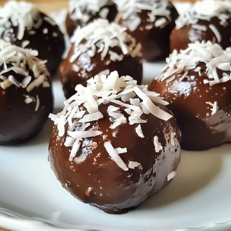 To make Chocolate Coconut Bliss Balls, you will need: - 1 cup medjool dates, pitted - 1 cup unsweetened shredded coconut, plus more for rolling - ½ cup almond flour - ¼ cup unsweetened cocoa powder - 1 tablespoon coconut oil, melted - 1 teaspoon pure vanilla extract - A pinch of sea salt Each bliss ball has about 70 calories. They contain healthy fats from coconut and protein from almond flour. Medjool dates add natural sweetness and fiber. This treat is a good source of energy. With no added sugars, these balls fit well into a balanced diet. Using fresh medjool dates is key. They should be soft and sticky for the best texture. Unsweetened shredded coconut adds flavor without extra sugar. Choose high-quality cocoa powder for a rich taste. Look for pure vanilla extract, as it enhances the overall flavor. Always check for freshness when buying nuts and oils, as quality matters in taste and nutrition. {{ingredient_image_2}} First, grab your food processor. Add the pitted medjool dates. Pulse until they turn into a sticky paste. Make sure there are no big pieces left. This will be the base for our bliss balls. Next, add the unsweetened shredded coconut to the date paste. Then, include the almond flour, cocoa powder, melted coconut oil, vanilla extract, and a pinch of sea salt. Blend until everything combines well. You want a dough-like texture. Scrape down the sides if needed to mix it all in. Now, take a small scoop or use your hands. Grab a teaspoon-sized portion of the mixture. Roll it into a smooth ball about 1 inch wide. After that, roll each ball in more shredded coconut. Press gently to help the coconut stick well. Place the coated bliss balls on a parchment-lined tray. Put them in the fridge for at least 30 minutes. Chilling helps them firm up and brings out their yummy flavor. Enjoy them chilled or at room temperature! You can easily change the taste of your bliss balls. Try adding different nuts or seeds. For a fruity twist, add dried fruits like cranberries or apricots. You can also use flavored extracts, like almond or orange. If you want a spicier kick, add a touch of cinnamon or nutmeg. Experimenting with flavors keeps things fresh and fun! One common mistake is not blending the dates enough. Ensure they form a smooth paste. If the mixture is too dry, add a little more coconut oil. If it's too wet, add more almond flour. Rolling the balls too large can make them hard to eat. Aim for about one inch in diameter for the perfect bite-sized treat. The texture of your bliss balls is key. Use fresh medjool dates for the best stickiness. This helps the balls hold together well. When rolling, press the mixture firmly in your hands. This keeps them from falling apart. After coating with shredded coconut, chill them in the fridge. This helps them firm up and enhances the flavors. Pro Tips Use Fresh Dates: For the best flavor and texture, make sure to use fresh medjool dates. Dried or older dates may not blend well into a paste. Customize Your Coating: Experiment with different coatings like crushed nuts, cacao powder, or even a mix of spices to add variety to your bliss balls. Chill for Flavor: Allowing the bliss balls to chill not only helps them set but also enhances the flavors as the ingredients meld together. Perfect Portioning: Use a small cookie scoop for uniform size and easy portioning, ensuring each bliss ball is the same size for even chilling and presentation. {{image_4}} You can boost your Chocolate Coconut Bliss Balls by adding superfoods. Try adding chia seeds for fiber or hemp seeds for protein. You can also mix in spirulina for a green boost. Superfoods add nutrients and unique flavors. They make your bliss balls even more special and healthy. This recipe is already vegan and gluten-free! The main ingredients, like medjool dates and almond flour, fit these diets. If you want to change the nut base, use oat flour or sunflower seed flour. Both work well and keep the bliss balls tasty. Always check labels to ensure your ingredients are gluten-free. Want to change the flavor? Add a few drops of mint extract for a fresh twist. You can also mix in nut butters like almond or peanut for creaminess. Just remember to cut back on the coconut oil if you add nut butter. These flavor changes keep your treats exciting and new! To keep your chocolate coconut bliss balls fresh, use an airtight container. This helps prevent them from drying out. Store the container in the fridge for the best results. If you want to keep them longer, consider freezing them. These bliss balls will stay fresh in the fridge for up to one week. After that, they may lose their texture and flavor. If you freeze them, they can last for three months. Just remember to wrap them well before freezing. To freeze the bliss balls, first chill them in the fridge. Once they are firm, place them in a single layer on a baking tray. Freeze them for about an hour. After that, transfer them to a freezer-safe bag. This method prevents them from sticking together. When you're ready to eat, just thaw them in the fridge overnight! Yes, you can use other nuts. Cashews or walnuts work well in this recipe. You can also try pecans or hazelnuts. Just chop them finely or grind them to match the almond flour texture. If you need a substitute for almond flour, try using cashew flour or sunflower seed flour. Both will give a nice texture and flavor to the bliss balls. Oat flour is another option if you want something gluten-free. To make chocolate coconut bliss balls sugar-free, use sugar-free chocolate or cocoa powder. Medjool dates are naturally sweet, so you may not need extra sweeteners. Check the labels on any added ingredients for hidden sugars. Yes, adding protein powder is a great idea! It boosts the nutrition of your bliss balls. Use about 1 to 2 tablespoons of your favorite protein powder. This will also enhance the flavor. Absolutely! The medjool dates provide natural sweetness and fiber. The unsweetened shredded coconut adds healthy fats and keeps you full. Almond flour is a good source of protein and vitamin E. Cocoa powder is rich in antioxidants, making these bliss balls a tasty and healthy treat! In this post, we explored key ingredients for bliss balls, their nutrition, and quality tips. I gave you clear steps for preparing, mixing, and chilling them. We covered tips for customizing flavors and avoiding mistakes. Variations lets you add superfoods or make them vegan. Lastly, I shared storage tips for freshness. With these insights, you can make delicious bliss balls that fit your diet and taste. Enjoy creating!