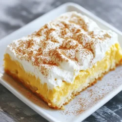 - 1 box vanilla cake mix (plus required package ingredients) - 1 cup eggnog - 1/2 teaspoon ground nutmeg - 1/2 teaspoon ground cinnamon - 1/2 cup sweetened condensed milk - 1/2 cup whipped cream cheese, softened - 1 cup whipped topping - 1/4 cup powdered sugar - Additional ground nutmeg and cinnamon for garnish When I make eggnog poke cake, I love using a simple vanilla cake mix. It saves time and still tastes great. Just remember to check the package for any extra ingredients you need. Next, I add 1 cup of rich eggnog. This gives the cake that classic holiday taste. Ground nutmeg and cinnamon are my go-to spices for flavor. They bring warmth and cheer to each bite. For the soaking mixture, sweetened condensed milk is key. It adds sweetness and creaminess. I mix this with more eggnog to soak into the cake. The topping is where I get creative! I mix whipped cream cheese with powdered sugar. Then, I gently fold in whipped topping. This makes it light and fluffy, perfect for spreading over the cake. Finally, I always finish with a sprinkle of nutmeg and cinnamon. It looks festive and adds extra flavor. Now you have all the ingredients for a delightful holiday treat! {{ingredient_image_2}} Preheat your oven to 350&deg;F (175&deg;C). Grease a 9x13-inch baking pan with butter or cooking spray. Dust it lightly with flour to stop the cake from sticking. In a mixing bowl, prepare the vanilla cake mix as the package says. Replace 1 cup of milk with eggnog for a festive twist. Add 1/2 teaspoon of nutmeg and 1/2 teaspoon of cinnamon to the batter. Whisk until everything is mixed well. Pour the batter into the greased pan. Smooth the top with a spatula for an even layer. Bake the cake for 25-30 minutes. To check if it's done, insert a toothpick into the center. It should come out clean. Once the cake is baked, take it out of the oven. Let it cool in the pan for about 10 minutes. Use a skewer or a fork to poke holes all over the cake. This helps the soaking mixture soak in. In a small bowl, mix together 1/2 cup of sweetened condensed milk with another 1/2 cup of eggnog. Stir until it is smooth. Spread the sweet mixture over the warm cake. Make sure it seeps into all the holes for maximum flavor. In another bowl, beat 1/2 cup of softened whipped cream cheese until creamy. Gradually add 1/4 cup of powdered sugar while mixing. Fold in 1 cup of whipped topping until it is fluffy and smooth. Spread this mixture evenly over the cake. Cover it with plastic wrap and refrigerate for at least 2 hours. This helps the cake set and flavors blend perfectly. Before serving, sprinkle on more nutmeg and cinnamon for a festive touch. To get the best cake texture, use room temperature ingredients. This includes eggs and butter. They mix better and create a fluffier cake. Follow the package instructions closely, but remember to swap out one cup of milk for eggnog. The eggnog adds moisture and flavor, making the cake rich and festive. When you poke holes in the cake, do it gently and evenly. Use a skewer or fork to create enough holes for the soaking mix. This helps the cake soak in the flavors well. Pour the sweetened condensed milk and eggnog mix over the warm cake. Make sure it seeps into all the holes. The warm cake absorbs the liquid better, making it extra delicious. Serve your eggnog poke cake on bright holiday plates. This makes it look festive and fun. You can cut it into neat squares for easy serving. For a touch of elegance, add a sprig of fresh mint on top of each slice. This adds color and freshness. For garnishing, dust the top with powdered sugar and sprinkle extra nutmeg and cinnamon. This creates a beautiful snowy effect. You might also place a cinnamon stick on the side of each slice for a charming look. These small details make your cake stand out at any holiday gathering. Pro Tips Use Fresh Eggnog: For the best flavor, opt for fresh homemade or high-quality store-bought eggnog rather than powdered or shelf-stable options. Let the Cake Cool Completely: Allow the cake to cool fully before poking holes; this prevents the soaking mixture from running off and ensures even saturation. Chill Before Serving: Chilling the cake for at least 2 hours (or overnight) allows the flavors to meld and enhances the overall texture. Garnish Creatively: Get creative with your garnishes! Consider adding whipped cream dollops, cinnamon sticks, or even a sprinkle of chocolate shavings for an extra festive touch. {{image_4}} You can switch the vanilla cake mix for other flavors. Try chocolate or spice cake mix. These swaps give your poke cake a new twist. If you want a dairy-free version, use almond or coconut milk. For whipped toppings, many brands offer non-dairy options. These swaps keep the festive spirit without dairy. For a richer taste, you can add chocolate or caramel. Just drizzle these over the cake before adding the topping. You can also add extra spices. Consider using ginger or allspice for warmth. A splash of vanilla extract boosts the flavor too. These small changes bring new life to your eggnog poke cake, making it even more delightful! To keep your eggnog poke cake fresh, store it in the fridge. First, cover the cake with plastic wrap. This prevents it from drying out and absorbing other odors. If you have leftovers, it&rsquo;s best to slice the cake before storing. This way, you can grab a piece easily. For longer storage, you can freeze the cake. Cut it into individual slices and wrap each slice in plastic wrap. Then, place the wrapped slices in a freezer-safe bag. This will help keep the cake tasty and moist. When you're ready to enjoy, just remove a slice from the freezer and let it thaw in the fridge overnight. When stored properly in the fridge, eggnog poke cake lasts about five days. You can enjoy its rich flavors for several days after baking. However, if you freeze it, the cake can last for about three months. Keep an eye out for signs of spoilage. If you see mold or if the cake smells off, it&rsquo;s best to throw it away. Also, if the texture becomes dry or crumbly, it may be past its prime. Always trust your senses when it comes to food safety! Can I use homemade eggnog for the recipe? Yes, you can use homemade eggnog. It adds a personal touch to the cake. Just make sure it is thick and creamy for the best flavor. How can I make this recipe ahead of time? You can make this cake a day in advance. Just follow all the steps and refrigerate it. The flavors get better as it sits. What can I serve with eggnog poke cake? Eggnog poke cake pairs well with coffee or hot cocoa. You can also serve it with fresh fruit or a scoop of ice cream for a fun twist. In this blog post, we explored how to make a delicious Eggnog Poke Cake. We covered the ingredients, including flavor enhancers and toppings, along with step-by-step instructions for baking and soaking the cake. I shared tips for perfecting the texture, presentation ideas, and different variations to try. Finally, we discussed storage techniques and answered common FAQs. Now you can create a festive treat that impresses everyone. Enjoy baking and sharing this special dessert with your loved ones!