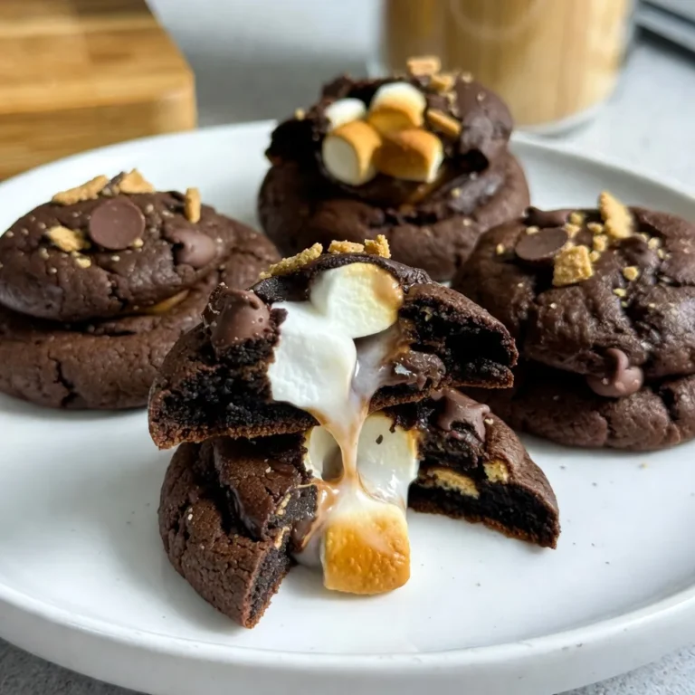 - 1 cup all-purpose flour - 1/2 cup unsweetened cocoa powder - 1/2 teaspoon baking soda - 1/4 teaspoon fine sea salt - 1/2 cup unsalted butter, softened to room temperature - 1/2 cup granulated sugar - 1/2 cup packed brown sugar - 1 large egg - 1 teaspoon pure vanilla extract - 1 cup mini chocolate chips - 1/2 cup mini marshmallows - 1/2 cup graham cracker crumbs These ingredients create a rich, chocolatey cookie with a gooey s’mores center. The combination of buttery dough and sweet fillings makes each bite delightful. - Peanut butter chips for a nutty twist - Sea salt flakes for a savory touch - Different flavored extracts like almond or coconut - Chopped nuts like walnuts or pecans for crunch Feel free to mix and match to customize your cookies. These options add fun flavors to your s’mores experience. - Mixing bowls for combining ingredients - Electric mixer or sturdy spatula for creaming - Baking sheet lined with parchment paper - Cookie scoop for uniform dough balls - Wire rack for cooling cookies Using these tools makes your baking process smoother and more enjoyable. They help ensure that your cookies turn out perfect every time. {{ingredient_image_2}} First, preheat your oven to 350°F (175°C). This step ensures even baking. While the oven heats, line a baking sheet with parchment paper. This helps keep the cookies from sticking and makes cleanup quick. Next, take a medium bowl. Whisk together 1 cup of all-purpose flour, 1/2 cup of unsweetened cocoa powder, 1/2 teaspoon of baking soda, and 1/4 teaspoon of fine sea salt. Mix well until they blend completely. Set this dry mix aside for later. Now, grab a large mixing bowl. Use an electric mixer or a sturdy spatula. Cream together 1/2 cup of softened unsalted butter, 1/2 cup of granulated sugar, and 1/2 cup of packed brown sugar. Keep mixing until it turns light and fluffy, which should take about 2-3 minutes. Add 1 large egg and 1 teaspoon of pure vanilla extract to the butter-sugar mix. Blend until smooth. Gradually mix in your dry ingredients. Stir gently to combine everything, but don’t overmix; this keeps the cookies tender. Now, it’s time to form the cookies. Scoop about one tablespoon of dough into your palm and flatten it slightly. Place a few mini marshmallows and sprinkle some graham cracker crumbs in the center. Cover the filling with another tablespoon of dough. Seal the edges by rolling it into a ball. Place the cookie dough balls on your prepared baking sheet. Make sure to leave enough space between each cookie, as they will spread while baking. Bake in the preheated oven for 10-12 minutes. The edges should be set, while the centers remain soft. Once done, let them rest on the baking sheet for 5 minutes before moving to a wire rack to cool. To get that soft and chewy texture, follow a few key steps. First, do not overmix the dough. Mix until just combined. This keeps the cookies tender. Second, let the cookies cool on the baking sheet for five minutes. This helps them set without becoming hard. Lastly, use room temperature butter. It blends well and adds fluffiness. Store these cookies in an airtight container. This keeps them fresh and soft. You can keep them at room temperature for up to a week. If you want to keep them longer, try freezing them. Place cookies in a freezer bag. They stay good for up to three months. Just thaw them at room temperature when ready to eat. If your cookies spread too much, check your oven temperature. An oven that is too hot can cause spreading. Use an oven thermometer for accuracy. If the cookies are too dry, try adding a little more butter. Sometimes, the flour can absorb moisture. Lastly, if you find them too sweet, cut back on the sugar next time. Pro Tips Chill the Dough: For thicker cookies, refrigerate the dough for 30 minutes before baking. This helps prevent spreading during baking, resulting in a more substantial cookie. Quality Ingredients: Use high-quality chocolate and marshmallows for the best flavor. The richer the ingredients, the more indulgent the cookies will taste. Experiment with Fillings: Feel free to mix in different types of chocolate or even peanut butter for a unique twist on the classic s’mores flavor. Storage Tips: Store cookies in an airtight container at room temperature for up to a week. To keep them soft, add a slice of bread to the container. {{image_4}} You can play with the filling to make your cookies unique. Try using peanut butter cups instead of marshmallows. They add a nutty flavor that pairs well with chocolate. You can also use caramel for a gooey twist. A mix of flavored marshmallows can add fun colors and tastes. Think about adding toffee bits or cookie dough bites too. Each filling can change the cookie experience. If you need a gluten-free choice, swap the all-purpose flour. Use a gluten-free flour blend that measures like regular flour. Make sure it includes xanthan gum for the right texture. Check that your cocoa powder and other ingredients are also gluten-free. The cookies may be slightly different but still tasty. Adding nuts can give your cookies a nice crunch. Chopped walnuts or pecans work well. You can also use different chocolate types. Try dark chocolate chips for a richer taste, or white chocolate for a sweet contrast. Mixing in chocolate chunks can add more texture. Each option creates a new flavor profile to enjoy. To keep your leftover cookies fresh, place them in an airtight container. This will help them stay soft and tasty. You can layer the cookies with parchment paper to avoid sticking. Store the container in a cool, dry place. If you follow these steps, your cookies will stay great for up to one week. Freezing cookies is easy and a smart way to save your treats. First, let the cookies cool completely. Then, place them in a single layer on a baking sheet. Freeze them for about an hour until firm. After that, transfer the cookies to a freezer-safe bag or container. They can last for up to three months in the freezer. When you're ready to enjoy them, just thaw at room temperature for a few minutes. These cookies are best enjoyed fresh, but they can last. When stored properly, they stay fresh for about one week. If frozen, they can last for up to three months. However, for the best taste and texture, I suggest eating them within a week. Enjoy these delights while they are soft and warm! Yes, you can make these cookies ahead of time. Prepare the dough and shape it into balls. Place the cookie dough balls on a baking sheet and freeze them. Once frozen, transfer them to a zip-top bag. You can bake them later, straight from the freezer. Just add a minute or two to the baking time. If you can't find mini marshmallows, use other options. You can use marshmallow fluff or large marshmallows cut into smaller pieces. Another tasty option is to use peanut butter or chocolate spread for a different twist. Each will give your cookies a unique flavor. Check the cookies at the 10-minute mark. The edges should look set, but the centers will still seem soft. They will firm up as they cool. Avoid overbaking to keep them chewy and gooey inside. Use this tip for the best s’mores experience. We covered all you need for perfect s’mores stuffed cookies. You learned about the right ingredients, tools, and step-by-step baking. I shared tips for texture, storage, and even variations to try. No matter your skill level, you can enjoy making these treats. Remember, baking is fun, and each batch helps you improve. Now, go ahead and whip up some delicious cookies!
