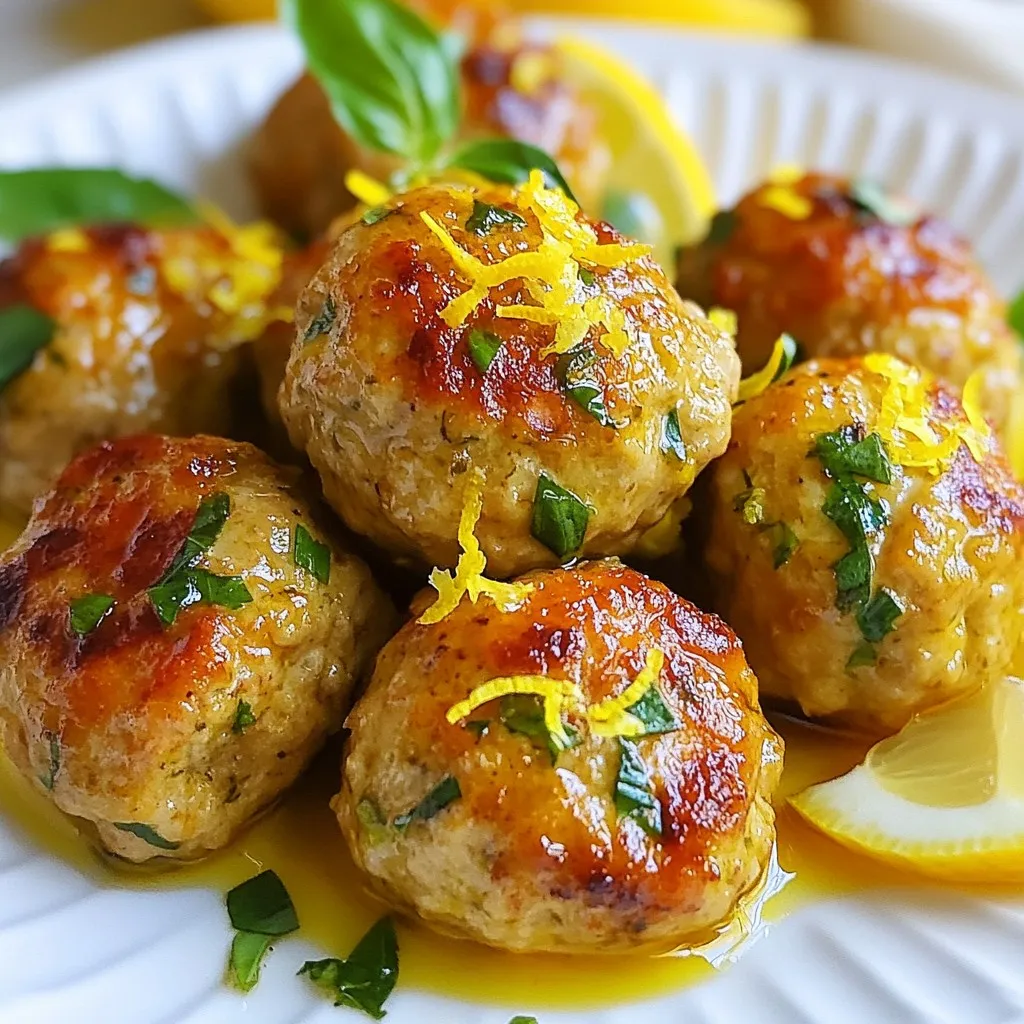 To make Lemon Herb Chicken Meatballs, you will need: - 1 pound ground chicken - Zest of 1 lemon - 2 tablespoons fresh lemon juice - 1/4 cup fresh parsley, finely chopped - 1/4 cup fresh basil, finely chopped - 2 cloves garlic, minced - 1/2 cup breadcrumbs (whole wheat recommended) - 1/4 cup grated Parmesan cheese - 1 large egg - Salt and freshly ground black pepper, to taste - 2 tablespoons olive oil These ingredients bring bright, fresh flavors to the dish. The lemon zest and juice give it a zesty kick. Fresh herbs like parsley and basil add depth. Garlic enhances the taste, while breadcrumbs and cheese provide a nice texture. For a beautiful finish, you can add: - Extra lemon slices - Fresh herbs like parsley or basil These garnishes not only look nice but also boost the flavor. They make your dish pop with color and taste. If you don't have some ingredients, try these swaps: - Ground turkey instead of ground chicken - Dried herbs if fresh ones are not available - Almond flour or gluten-free breadcrumbs for a gluten-free option These substitutions still keep the dish tasty while catering to your needs. Enjoy experimenting with different flavors! {{ingredient_image_2}} Start by gathering your ingredients. In a large bowl, combine 1 pound of ground chicken, the zest of 1 lemon, and 2 tablespoons of fresh lemon juice. Add in 1/4 cup of finely chopped parsley and 1/4 cup of finely chopped basil. Don’t forget the 2 minced garlic cloves! Next, toss in 1/2 cup of breadcrumbs and 1/4 cup of grated Parmesan cheese. Crack in 1 large egg, then season with salt and black pepper to taste. Use your hands to mix everything together gently. Make sure not to overmix; that can make the meatballs tough. Preheat your oven to 400°F (200°C). Line a baking sheet with parchment paper for easy cleanup. To form the meatballs, wet your hands. This helps prevent sticking. Scoop a portion of the mixture and roll it into a ball about 1 inch wide. Place each meatball on the baking sheet, leaving space between them. Drizzle 2 tablespoons of olive oil over the meatballs. This will help them brown nicely while baking. Once your meatballs are in the oven, bake them for 15-20 minutes. To check if they are done, cut one in half. It should be fully cooked, with no pink inside. If they are brown and cooked through, they are ready to take out. Let them cool for a few minutes before serving. Enjoy your tasty lemon herb chicken meatballs! To keep your meatballs tender, do not overmix the meat. When you blend the ground chicken with the other ingredients, use your hands gently. Overworking the meat can lead to a tough texture. It is best to mix just until all ingredients combine. Also, use fresh breadcrumbs instead of dry ones. Fresh breadcrumbs add moisture, helping to keep the meatballs soft. To boost flavor, always use fresh herbs. Fresh parsley and basil make a big difference. You can also add a pinch of red pepper flakes for heat. For more lemony taste, add a bit more lemon zest. Taste the mixture before forming the meatballs. Adjust salt and pepper to your liking. This simple step ensures every bite is packed with flavor. Oven temperatures can vary. If your oven runs hot, check the meatballs at 15 minutes. If it runs cool, they may need a few extra minutes. Always look for a golden-brown color and check for doneness by cutting one in half. The meat should be fully cooked with no pink inside. This way, you can enjoy perfectly cooked meatballs every time. Pro Tips Use Fresh Herbs: Fresh herbs enhance the flavor of meatballs significantly. Consider using basil and parsley directly from your garden for an aromatic boost. Don't Overmix: When combining the ingredients, mix just until they are incorporated. Overmixing can lead to tough meatballs. Check for Doneness: To ensure the meatballs are fully cooked, use a meat thermometer. The internal temperature should reach 165°F (74°C). Experiment with Add-ins: Feel free to customize your meatballs by adding ingredients like diced sun-dried tomatoes or feta cheese for extra flavor. {{image_4}} You can change the protein in this recipe. Ground turkey works well. It has a mild flavor and stays moist. You can also use ground pork for a richer taste. If you want a plant-based option, consider ground chickpeas or lentils. Just remember to adjust the cooking time if you choose a different protein. Adding veggies to meatballs makes them even better. Finely chopped spinach or zucchini adds nutrition and moisture. You can also mix in grated carrots for a hint of sweetness. Just be sure to keep the total volume similar so the meatballs hold their shape. Herbs add fresh flavor to your meatballs. While parsley and basil are great, you can try others too. Fresh dill pairs nicely with lemon. Thyme adds a warm, earthy touch. Experiment with herbs you like! This way, you can create a unique twist on the classic recipe. To store leftover meatballs, let them cool first. Place them in an airtight container. Make sure to keep them in the fridge. They will stay fresh for about three days. If you want them to last longer, consider freezing. To freeze meatballs, follow these steps. First, let them cool completely. Then, arrange them in a single layer on a baking sheet. Place the baking sheet in the freezer for about an hour. This will help them freeze without sticking together. After that, transfer them to a freezer-safe bag. Label the bag with the date. They can last up to three months in the freezer. When reheating, you want to keep them juicy. Start by preheating your oven to 350°F (175°C). Place the meatballs on a baking sheet. Cover them with foil to keep in moisture. Heat for about 15-20 minutes. You can also reheat in the microwave. Just place them on a microwave-safe plate. Heat them in 30-second bursts until warm. Enjoy your tasty meatballs as if they were fresh! You can serve these meatballs with many sides. They pair well with pasta, rice, or salad. For a fresh touch, try a green salad with a lemon vinaigrette. You can also serve them with roasted vegetables. If you want more flavor, a side of garlic bread works great too. Yes, you can make these meatballs ahead of time. Prepare them as directed, then store them in the fridge. They stay good for up to 24 hours before baking. If you want to freeze them, shape the meatballs and place them on a baking sheet. Freeze until firm, then transfer to a bag. They can last for three months in the freezer. Thaw them in the fridge before baking. To make these meatballs gluten-free, swap breadcrumbs for gluten-free options. You can use gluten-free oats or ground almonds instead. These alternatives work well and keep the meatballs moist. Always check labels for hidden gluten. Enjoy your tasty dish without worry! You learned about making Lemon Herb Chicken Meatballs from scratch. We covered the main ingredients, helpful tips, and different variations. Each step helps ensure tasty meatballs, while storage tips can keep them fresh. Remember, you can customize the recipe to fit your needs. This dish is easy, healthy, and fun to make. Try it today, and enjoy a delicious meal with family or friends. Your cooking journey starts here!