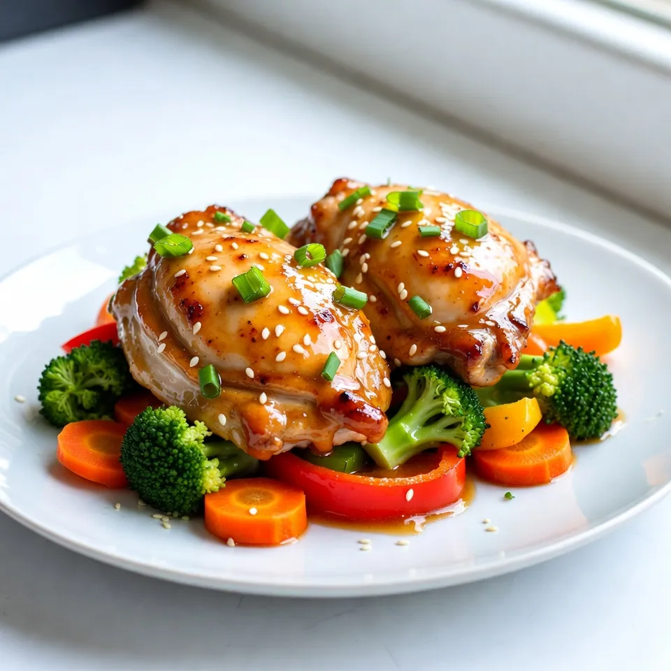 - 4 bone-in, skin-on chicken thighs - 1/4 cup honey - 1/4 cup low-sodium soy sauce - 4 cloves garlic, finely minced - 1 tablespoon fresh ginger, grated - 1 tablespoon sesame oil - 1 teaspoon chili flakes (optional, for a spicy kick) - 2 cups broccoli florets - 1 cup baby carrots, thinly sliced - 1 bell pepper (red or yellow), sliced into strips - Salt and freshly ground black pepper to taste - Sesame seeds and chopped green onions for garnish For this recipe, I recommend using bone-in, skin-on chicken thighs. They stay moist and tender. You can swap them for skinless chicken breasts if desired, but they may dry out. Honey gives a sweet touch. If you prefer, you can use maple syrup instead. Low-sodium soy sauce helps control saltiness. Tamari can work as a gluten-free option. Fresh garlic and ginger add great flavor. If you lack fresh, try powdered versions, though fresh is best. For the veggies, feel free to use any you love. Zucchini or snap peas can work well, too. The honey garlic sauce is a star in this dish. It mixes sweet and savory perfectly. Honey adds a rich sweetness that balances the saltiness of soy sauce. Garlic brings depth and warmth, while ginger adds a bit of spice. If you add chili flakes, it gives a nice heat that wakes up the whole dish. This sauce coats the chicken and veggies, making every bite delicious. The caramelization that happens in the oven creates a lovely glaze, enhancing the overall flavor. Each element works together to create a meal that's not just tasty but also fun to make. {{ingredient_image_2}} Start by preheating your oven to 400°F (200°C). This heat is key for cooking the chicken and veggies just right. Line a large sheet pan with parchment paper. This will help with easy cleanup later. Next, grab a medium mixing bowl. Combine 1/4 cup honey, 1/4 cup low-sodium soy sauce, 4 minced garlic cloves, 1 tablespoon grated ginger, and 1 tablespoon sesame oil. If you like heat, add 1 teaspoon of chili flakes. Whisk until mixed well. Now, take 4 bone-in, skin-on chicken thighs. Place them in a large zip-top bag or shallow dish. Pour half of your honey garlic mix over the chicken. Make sure every piece is covered. Seal the bag or cover the dish. Let it chill in the fridge for at least 30 minutes, or up to 2 hours for more flavor. While the chicken marinates, it’s time to prep the veggies. In a separate bowl, toss 2 cups of broccoli florets, 1 cup of thinly sliced baby carrots, and 1 sliced bell pepper with a drizzle of olive oil. Sprinkle with salt and fresh black pepper. Mix well to coat the veggies evenly. Once mixed, set the veggies aside. This step is important. Properly seasoned vegetables will add flavor and color to your sheet pan meal. After marinating the chicken, arrange the thighs on one side of the prepared sheet pan. Pour the rest of the marinade over the chicken. This adds extra flavor while baking. On the other side, spread the seasoned vegetables in a single layer. Avoid crowding them. Crowded veggies can steam instead of roast. Place the sheet pan in your hot oven. Bake for 25-30 minutes. The chicken should reach an internal temperature of 165°F (75°C). The veggies need to be tender and slightly caramelized. For extra crispiness, switch to broil for the last 2-3 minutes. Keep an eye on it! You don’t want burnt chicken skin. Once done, take the pan out of the oven and let it rest for 5 minutes. Serve the chicken and veggies with any sauce left in the pan. For a nice touch, garnish with sesame seeds and chopped green onions. Enjoy your easy dinner delight! To make your chicken burst with flavor, marinate it well. Use half of the honey garlic sauce for the marinade. Seal your chicken in a bag and let it sit in the fridge. Aim for at least 30 minutes. If you have more time, let it marinate for up to 2 hours. This way, the flavors really soak in. When you use a sheet pan, keep your chicken and veggies separate. This helps them cook evenly. Spread the chicken on one side and the vegetables on the other. Make sure not to overcrowd the pan. This allows the heat to circulate and gives you that nice caramelization. Serve your honey garlic chicken with a side of rice or quinoa. Both add a nice touch to the meal. You can also pair it with a fresh salad for some crunch. For a garnish, sprinkle sesame seeds and chopped green onions on top. This adds flavor and makes the dish look great! Pro Tips Marinate for Maximum Flavor: Allow the chicken to marinate for at least 30 minutes, but up to 2 hours for a deeper flavor infusion. This enhances the overall taste of the dish. Vegetable Variety: Feel free to mix and match your vegetables based on what's in season or available. Zucchini, snap peas, or bell peppers add a colorful twist! Check Chicken Temperature: Always use a meat thermometer to ensure your chicken reaches an internal temperature of 165°F (75°C) for safe consumption. Garnish for Presentation: Adding a sprinkle of sesame seeds and chopped green onions not only enhances the visual appeal but also adds a fresh crunch to your dish. {{image_4}} You can switch up the chicken thighs for other proteins. If you want a lighter meal, try chicken breasts. They cook faster, so reduce baking time by five to ten minutes. For a twist, use bone-in, skin-on chicken drumsticks. They stay juicy and flavorful. You can also use salmon fillets. Bake them for about 15 to 20 minutes. If you want to go meatless, try firm tofu. Cut it into cubes and marinate it just like the chicken. Feel free to mix in different vegetables based on what you have. Asparagus and green beans work well in spring. In the summer, add zucchini or cherry tomatoes. In the fall, sweet potatoes or Brussels sprouts are great choices. In winter, try root veggies like parsnips and turnips. Just remember to cut them to similar sizes. This ensures they cook evenly. You can easily change the honey garlic marinade for new tastes. For a citrus twist, add some orange or lime juice. If you want a richer flavor, add peanut butter to the mix. For a more savory kick, try adding miso paste instead of soy sauce. You can also play with herbs. Fresh herbs like thyme or rosemary add a nice touch. Just mix and match based on what you enjoy! To keep leftovers fresh, let the chicken cool. Place it in an airtight container. Make sure to add the veggies too. Store in the fridge for up to 3 days. If you have extra sauce, store it in a separate container. This keeps the flavors intact. When you’re ready to eat, preheat your oven to 350°F (175°C). Place the chicken and veggies on a baking sheet. Drizzle a little olive oil to keep it moist. Heat for about 15-20 minutes or until warm. This way, you get a nice crispy skin again. You can freeze this dish if you want to save it for later. Place cooled chicken and veggies in freezer-safe bags. Make sure to remove as much air as possible. You can freeze them for up to 3 months. When ready to eat, thaw in the fridge overnight. Reheat as mentioned above for the best taste. You can marinate the chicken for at least 30 minutes. This helps the flavors soak in. For a stronger taste, you can marinate it for up to 2 hours. Just keep it in the fridge during this time. Yes, you can prepare this dish ahead of time. Marinate the chicken and chop the veggies earlier in the day. Store them separately in the fridge. When you are ready to eat, just bake them together. This honey garlic chicken goes great with many sides. Here are some ideas: - Steamed rice - Quinoa - Garlic bread - Coleslaw - Mixed greens salad These sides add freshness and balance to the meal. In this article, we explored the ingredients and steps for making honey garlic chicken. We covered the right flavors, prep methods, and cooking tips to achieve great results. You learned about marinating, cooking veggies, and unique variations. Remember, you can swap proteins or veggies based on what you enjoy. Store leftovers correctly to keep them fresh. Use these tips to make tasty meals that impress. Enjoy your cooking adventure with honey garlic chicken!