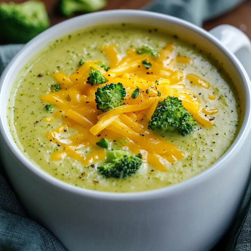 To make creamy broccoli cheddar soup, you will need: - 2 cups fresh broccoli florets - 1 cup sharp cheddar cheese, finely grated - 1 medium onion, diced - 2 cloves garlic, minced - 3 cups vegetable broth - 1 cup milk (or heavy cream for a richer taste) - 3 tablespoons unsalted butter - 3 tablespoons all-purpose flour - Salt and freshly ground black pepper to taste - A pinch of freshly grated nutmeg (optional) Gather these tools for a smooth cooking process: - A large, heavy-bottomed pot - A wooden spoon for stirring - An immersion blender or a countertop blender - Measuring cups and spoons - A cutting board and knife These tools make the cooking process easier and more enjoyable. This creamy broccoli cheddar soup serves four. Each serving contains: - Calories: Approximately 300 - Protein: 12g - Carbohydrates: 22g - Fat: 18g - Fiber: 3g - Sodium: Varies based on broth and added salt This soup offers a comforting meal rich in flavor and nutrients. {{ingredient_image_2}} Start by melting 3 tablespoons of unsalted butter in a large pot over medium heat. Wait until it foams. Then, add 1 medium diced onion. Cook it for about 5 minutes. Stir often until the onion is soft and clear. Next, add 2 minced garlic cloves. Cook this for one more minute. You want the garlic to smell good but not brown. Now, sprinkle in 3 tablespoons of all-purpose flour. Stir constantly to mix it well. This forms a roux. Cook it for about 2 minutes. The flour should be lightly golden. This base adds a rich flavor. Slowly pour in 3 cups of vegetable broth. Whisk it well to avoid lumps. Turn up the heat a bit and let it simmer gently. Once it starts to bubble, add 2 cups of fresh broccoli florets. Let this cook for about 10 minutes. The broccoli should get tender and bright green. This step gives the soup its fresh taste. After cooking, it’s time to blend. Use an immersion blender to mix the soup until it’s smooth. If you don’t have one, carefully pour the soup into a regular blender. Blend it in batches to get a silky texture. Return the soup to the pot if you used a regular blender. Stir in 1 cup of milk and 1 cup of finely grated sharp cheddar cheese. Heat this over low heat. Keep stirring until the cheese melts. This makes the soup rich and creamy. Finally, season with salt, pepper, and a pinch of freshly grated nutmeg if you like. Taste it and adjust the seasoning to your preference. Now, your creamy broccoli cheddar soup is ready to serve! To get that perfect creamy soup, start with a good roux. Mix flour with butter and cook it until golden. This gives the soup a nice base. Use an immersion blender for a smooth texture. If you don’t have one, you can blend the soup in batches. Add milk or heavy cream slowly while stirring. This helps the cheese melt in nicely. One mistake is cooking the garlic too long. It can turn bitter. Another mistake is not whisking the broth in slowly. This can create lumps in your soup. Also, don't skip seasoning. A little salt and pepper can bring out the flavors. Lastly, avoid overcooking the broccoli. It should be tender but still bright green. Serve the soup hot in beautiful bowls. Top it with extra cheddar for a cheesy finish. Add a few fresh broccoli florets for color. Drizzle with olive oil for a gourmet touch. Pair it with crusty bread for a hearty meal. You can also offer a side salad for freshness. Enjoy your creamy broccoli cheddar soup! Pro Tips Fresh Broccoli is Best: For the most vibrant flavor and texture, use fresh broccoli florets instead of frozen. They will give your soup a lovely green color and a crunchier bite. Cheese Choices Matter: While sharp cheddar is traditional, feel free to experiment with other cheeses like Gruyère or Monterey Jack for a different flavor profile. Adjust the Creaminess: If you want an ultra-creamy texture, consider adding heavy cream instead of milk. This will give your soup a luxuriously smooth finish. Garnish for Presentation: Garnish each bowl with a sprinkle of fresh herbs like parsley or chives, and a drizzle of olive oil to elevate the dish's presentation and flavor. {{image_4}} You can easily make this soup vegan. Use plant-based butter and almond or oat milk. For cheese, try vegan cheese shreds. This keeps the creamy texture and flavor while being dairy-free. If you need a gluten-free option, swap the all-purpose flour for a gluten-free blend. This keeps your soup thick and tasty. To add some heat, toss in red pepper flakes or diced jalapeños. This gives the soup a warm kick. For an herb-infused twist, mix in fresh thyme or rosemary. These herbs add depth and a lovely aroma. You can also squeeze in some fresh lemon juice for brightness. Feel free to experiment with different cheeses. Gruyère or mozzarella can give a unique taste. You can also add more veggies, such as carrots or cauliflower. Just chop them small so they cook evenly. Adding a handful of spinach near the end boosts nutrition and color. Storing leftovers is simple. First, let your soup cool to room temperature. Then, pour it into airtight containers. Make sure to leave some space at the top of the container for expansion. Seal the containers tightly. You can store the soup in the fridge for up to four days. If you want to freeze the soup, use freezer-safe containers. Divide the soup into portions for easy thawing later. It can last for up to three months in the freezer. When you’re ready to eat, thaw it in the fridge overnight. Reheat gently on the stove over low heat. Stir often to keep the texture smooth. If it seems too thick, add a splash of milk or broth. The shelf life of your creamy broccoli cheddar soup is about four days in the fridge. In the freezer, it can last for three months. Always check for any off smells or changes in color before eating. Keeping your soup stored well helps maintain its fresh taste and creamy texture. Yes, you can use frozen broccoli. Frozen broccoli cooks faster than fresh. Just add it to the pot during the simmering step. It will blend into the soup well, keeping the flavor rich. To thicken the soup, you have a few options: - Add more flour: Mix in a bit more flour when making the roux. - Use less broth: Start with less vegetable broth for a creamier base. - Blend more: Blend the soup longer to create a thicker texture. - Add potato: Cook and blend in a peeled potato for natural thickness. Here are some tasty side dishes to consider: - Crusty bread: A nice loaf of bread pairs well with the soup. - Salad: A light green salad adds freshness to your meal. - Grilled cheese: This classic combo makes for a comforting meal. - Savory scones: Cheese or herb scones bring a delightful twist. These sides enhance the comfort of the creamy broccoli cheddar soup. Enjoy your meal! This blog post covered how to make creamy broccoli cheddar soup from start to finish. You learned about the ingredients, tools, and nutritional information needed. I shared handy tips to get that perfect creamy texture and how to avoid common mistakes. We also explored variations to fit different diets and ways to store leftovers. In closing, making this soup at home is fun and rewarding. With these steps and tips, you'll enjoy a tasty meal that can please everyone.