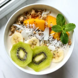 - 1 ripe mango, peeled and diced into small pieces - 1 ripe banana, sliced into rounds - 1 cup creamy coconut yogurt - 1/2 cup rich coconut milk - 1 tablespoon honey or maple syrup for sweetness (optional) - 1/4 teaspoon pure vanilla extract The main ingredients for a Mango Coconut Smoothie Bowl are simple yet full of flavor. Ripe mango adds sweetness and a tropical flair. The banana brings creaminess and natural sugar. Coconut yogurt gives it a rich texture, while coconut milk makes it smooth and dreamy. You can add honey or maple syrup for extra sweetness. Finally, a touch of vanilla extract enhances all the flavors. - Fresh kiwi - Granola - Toasted shredded coconut - Chia seeds - Fresh mint leaves Toppings transform your smoothie bowl into a feast for the eyes. Fresh kiwi slices add a pop of color and tanginess. Crunchy granola gives a nice texture. Toasted shredded coconut adds a nutty flavor. Chia seeds pack a nutrient punch. Finally, fresh mint leaves not only look pretty but add a refreshing taste. You can mix and match these toppings to suit your taste! {{ingredient_image_2}} - Blender preparation: Start with a clean, high-speed blender. This ensures smooth blending. - Blending the smoothie mixture: Add the diced mango, banana slices, coconut yogurt, and coconut milk to your blender. If you want it sweeter, add honey or maple syrup. Finally, include the vanilla extract. Blend on high until the mix is smooth and creamy. - Adjusting thickness if necessary: Check the thickness of your smoothie. If it feels too thick, add a bit more coconut milk. Blend again to mix well. - Pouring into a bowl: Grab a wide, shallow bowl. Carefully pour your smoothie mixture into it. This helps with the look of your bowl. - Adding toppings for presentation: Choose your favorite toppings. Place fresh kiwi slices in a circle. Then sprinkle granola, toasted shredded coconut, and chia seeds on top. - Garnishing with fresh mint: Finish with a few fresh mint leaves. This adds a pop of color and a nice aroma to your bowl. To make the best mango coconut smoothie bowl, start with your blender. Use a high-speed blender for a smooth blend. This helps mix the mango and banana nicely. Set the blender to high and blend until creamy. If it's too thick, add a splash of coconut milk. Blend again until you reach your desired thickness. Choosing ripe fruits is key for flavor. Look for mangoes that feel soft when gently pressed. They should smell sweet at the stem. Bananas should have a few brown spots, which means they are sweet. Fresh fruits make your smoothie bright and tasty. Serve your smoothie bowl in a wide, shallow bowl. This makes it easy to add toppings. Get creative with how you arrange your toppings. Use kiwi slices in a circle for a fun look. Sprinkle granola and toasted coconut for crunch. Chia seeds add a nice touch too. For a tropical vibe, try using coconut shells. They look beautiful and are eco-friendly. Add a colorful straw for fun as well. This adds a playful touch to your smoothie bowl. Enjoy it fresh and share it with friends! Pro Tips Choose Ripe Fruits: Ensure your mango and banana are perfectly ripe for the best flavor and creaminess in your smoothie bowl. Adjust Sweetness: Taste your smoothie before serving and adjust the sweetness by adding more honey or maple syrup if desired. Experiment with Toppings: Feel free to mix and match toppings based on your preferences, adding nuts or seeds for extra crunch and nutrition. Chill Your Bowl: For a refreshing experience, chill your serving bowl in the freezer for a few minutes before pouring in the smoothie. {{image_4}} You can switch up the fruits in this smoothie bowl. Try using pineapple, papaya, or even passion fruit. Each fruit gives a unique flavor and texture. You can also mix in berries like strawberries or blueberries for a burst of color and taste. Seasonal fruits are a great choice too. In summer, use fresh peaches or cherries. In fall, apples and pears can work nicely. These changes keep your smoothie bowl fresh and fun all year long! If you want a dairy-free version, choose plant-based yogurt. Almond, soy, or cashew yogurt are all great options. They still give that creamy texture without any dairy. For sweeteners, you can try agave syrup or date syrup. These options add sweetness without honey. This way, you can enjoy your smoothie bowl while keeping it dairy-free and tasty! To store your mango coconut smoothie bowl, follow these tips: - Use airtight containers: Keep leftovers in a clean, airtight container. - Refrigerate promptly: Place the bowl in the fridge as soon as possible. - Consume within two days: For the best taste, eat leftovers within two days. To preserve freshness, you can: - Cover with plastic wrap: This keeps air out and keeps flavors in. - Add a splash of coconut milk: This helps maintain a creamy texture. Freezing your smoothie bowl is a great way to save it for later. To freeze: - Pour into freezer-safe containers: Leave some space at the top for expansion. - Label with the date: This helps you track how long it&rsquo;s been stored. When ready to enjoy: - Thaw in the fridge: Move it from the freezer to the fridge overnight. - Blend or stir well: This helps restore the smooth texture before serving. Enjoy your mango coconut smoothie bowl anytime, even days later! To make a Mango Coconut Smoothie Bowl, start with fresh ingredients. Here&rsquo;s a quick overview: 1. Blend the Base: In a blender, combine diced mango, sliced banana, coconut yogurt, coconut milk, honey (if you want it sweeter), and vanilla extract. 2. Achieve Smoothness: Blend on high until smooth. Adjust the thickness by adding more coconut milk if needed. 3. Pour and Present: Carefully pour the mixture into a wide bowl for a nice look. 4. Add Toppings: Decorate with kiwi slices, granola, shredded coconut, and chia seeds. 5. Garnish: Top with fresh mint leaves for added color and flavor. If you don't have coconut yogurt, you can use several alternatives. Here are some good options: - Regular Yogurt: Use plain or vanilla yogurt for a creamy texture. - Almond Yogurt: This option is dairy-free and has a nice flavor. - Soy Yogurt: Another dairy-free choice that works well in smoothies. These substitutes will change the taste slightly but still keep the bowl delicious. To make the Mango Coconut Smoothie Bowl vegan, focus on these ingredient choices: - Coconut Yogurt: Ensure it is dairy-free. - Sweetener: Use maple syrup instead of honey. - Coconut Milk: Use canned coconut milk for a rich flavor. By making these simple swaps, you create a vegan-friendly dish that still tastes amazing. In this article, we explored how to make a delicious Mango Coconut Smoothie Bowl. We discussed the key ingredients, from ripe mango to coconut yogurt, and shared creative toppings. The step-by-step guide made blending simple and fun. With tips and tricks, you can achieve the perfect texture and flavor. We also covered variations and storage tips for your smoothie bowl. Making this smoothie bowl is easy and satisfying. Enjoy trying different fruits and toppings to make it your own!