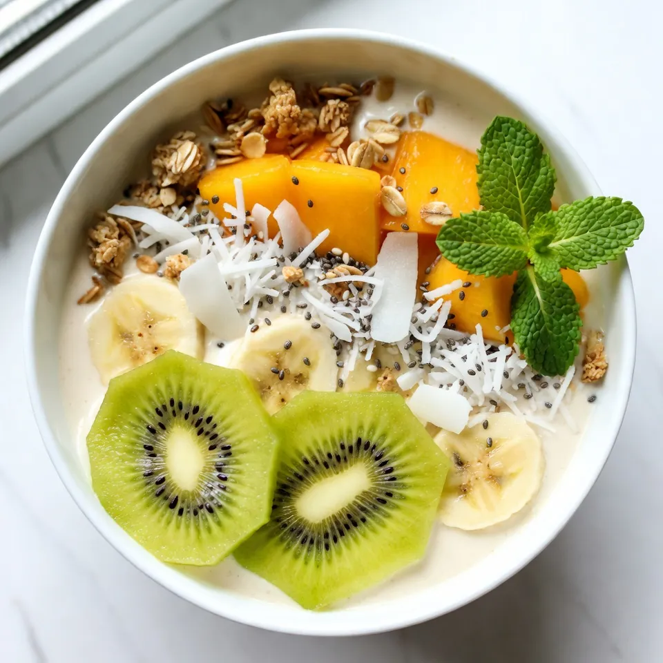 - 1 ripe mango, peeled and diced into small pieces - 1 ripe banana, sliced into rounds - 1 cup creamy coconut yogurt - 1/2 cup rich coconut milk - 1 tablespoon honey or maple syrup for sweetness (optional) - 1/4 teaspoon pure vanilla extract The main ingredients for a Mango Coconut Smoothie Bowl are simple yet full of flavor. Ripe mango adds sweetness and a tropical flair. The banana brings creaminess and natural sugar. Coconut yogurt gives it a rich texture, while coconut milk makes it smooth and dreamy. You can add honey or maple syrup for extra sweetness. Finally, a touch of vanilla extract enhances all the flavors. - Fresh kiwi - Granola - Toasted shredded coconut - Chia seeds - Fresh mint leaves Toppings transform your smoothie bowl into a feast for the eyes. Fresh kiwi slices add a pop of color and tanginess. Crunchy granola gives a nice texture. Toasted shredded coconut adds a nutty flavor. Chia seeds pack a nutrient punch. Finally, fresh mint leaves not only look pretty but add a refreshing taste. You can mix and match these toppings to suit your taste! {{ingredient_image_2}} - Blender preparation: Start with a clean, high-speed blender. This ensures smooth blending. - Blending the smoothie mixture: Add the diced mango, banana slices, coconut yogurt, and coconut milk to your blender. If you want it sweeter, add honey or maple syrup. Finally, include the vanilla extract. Blend on high until the mix is smooth and creamy. - Adjusting thickness if necessary: Check the thickness of your smoothie. If it feels too thick, add a bit more coconut milk. Blend again to mix well. - Pouring into a bowl: Grab a wide, shallow bowl. Carefully pour your smoothie mixture into it. This helps with the look of your bowl. - Adding toppings for presentation: Choose your favorite toppings. Place fresh kiwi slices in a circle. Then sprinkle granola, toasted shredded coconut, and chia seeds on top. - Garnishing with fresh mint: Finish with a few fresh mint leaves. This adds a pop of color and a nice aroma to your bowl. To make the best mango coconut smoothie bowl, start with your blender. Use a high-speed blender for a smooth blend. This helps mix the mango and banana nicely. Set the blender to high and blend until creamy. If it's too thick, add a splash of coconut milk. Blend again until you reach your desired thickness. Choosing ripe fruits is key for flavor. Look for mangoes that feel soft when gently pressed. They should smell sweet at the stem. Bananas should have a few brown spots, which means they are sweet. Fresh fruits make your smoothie bright and tasty. Serve your smoothie bowl in a wide, shallow bowl. This makes it easy to add toppings. Get creative with how you arrange your toppings. Use kiwi slices in a circle for a fun look. Sprinkle granola and toasted coconut for crunch. Chia seeds add a nice touch too. For a tropical vibe, try using coconut shells. They look beautiful and are eco-friendly. Add a colorful straw for fun as well. This adds a playful touch to your smoothie bowl. Enjoy it fresh and share it with friends! Pro Tips Choose Ripe Fruits: Ensure your mango and banana are perfectly ripe for the best flavor and creaminess in your smoothie bowl. Adjust Sweetness: Taste your smoothie before serving and adjust the sweetness by adding more honey or maple syrup if desired. Experiment with Toppings: Feel free to mix and match toppings based on your preferences, adding nuts or seeds for extra crunch and nutrition. Chill Your Bowl: For a refreshing experience, chill your serving bowl in the freezer for a few minutes before pouring in the smoothie. {{image_4}} You can switch up the fruits in this smoothie bowl. Try using pineapple, papaya, or even passion fruit. Each fruit gives a unique flavor and texture. You can also mix in berries like strawberries or blueberries for a burst of color and taste. Seasonal fruits are a great choice too. In summer, use fresh peaches or cherries. In fall, apples and pears can work nicely. These changes keep your smoothie bowl fresh and fun all year long! If you want a dairy-free version, choose plant-based yogurt. Almond, soy, or cashew yogurt are all great options. They still give that creamy texture without any dairy. For sweeteners, you can try agave syrup or date syrup. These options add sweetness without honey. This way, you can enjoy your smoothie bowl while keeping it dairy-free and tasty! To store your mango coconut smoothie bowl, follow these tips: - Use airtight containers: Keep leftovers in a clean, airtight container. - Refrigerate promptly: Place the bowl in the fridge as soon as possible. - Consume within two days: For the best taste, eat leftovers within two days. To preserve freshness, you can: - Cover with plastic wrap: This keeps air out and keeps flavors in. - Add a splash of coconut milk: This helps maintain a creamy texture. Freezing your smoothie bowl is a great way to save it for later. To freeze: - Pour into freezer-safe containers: Leave some space at the top for expansion. - Label with the date: This helps you track how long it’s been stored. When ready to enjoy: - Thaw in the fridge: Move it from the freezer to the fridge overnight. - Blend or stir well: This helps restore the smooth texture before serving. Enjoy your mango coconut smoothie bowl anytime, even days later! To make a Mango Coconut Smoothie Bowl, start with fresh ingredients. Here’s a quick overview: 1. Blend the Base: In a blender, combine diced mango, sliced banana, coconut yogurt, coconut milk, honey (if you want it sweeter), and vanilla extract. 2. Achieve Smoothness: Blend on high until smooth. Adjust the thickness by adding more coconut milk if needed. 3. Pour and Present: Carefully pour the mixture into a wide bowl for a nice look. 4. Add Toppings: Decorate with kiwi slices, granola, shredded coconut, and chia seeds. 5. Garnish: Top with fresh mint leaves for added color and flavor. If you don't have coconut yogurt, you can use several alternatives. Here are some good options: - Regular Yogurt: Use plain or vanilla yogurt for a creamy texture. - Almond Yogurt: This option is dairy-free and has a nice flavor. - Soy Yogurt: Another dairy-free choice that works well in smoothies. These substitutes will change the taste slightly but still keep the bowl delicious. To make the Mango Coconut Smoothie Bowl vegan, focus on these ingredient choices: - Coconut Yogurt: Ensure it is dairy-free. - Sweetener: Use maple syrup instead of honey. - Coconut Milk: Use canned coconut milk for a rich flavor. By making these simple swaps, you create a vegan-friendly dish that still tastes amazing. In this article, we explored how to make a delicious Mango Coconut Smoothie Bowl. We discussed the key ingredients, from ripe mango to coconut yogurt, and shared creative toppings. The step-by-step guide made blending simple and fun. With tips and tricks, you can achieve the perfect texture and flavor. We also covered variations and storage tips for your smoothie bowl. Making this smoothie bowl is easy and satisfying. Enjoy trying different fruits and toppings to make it your own!