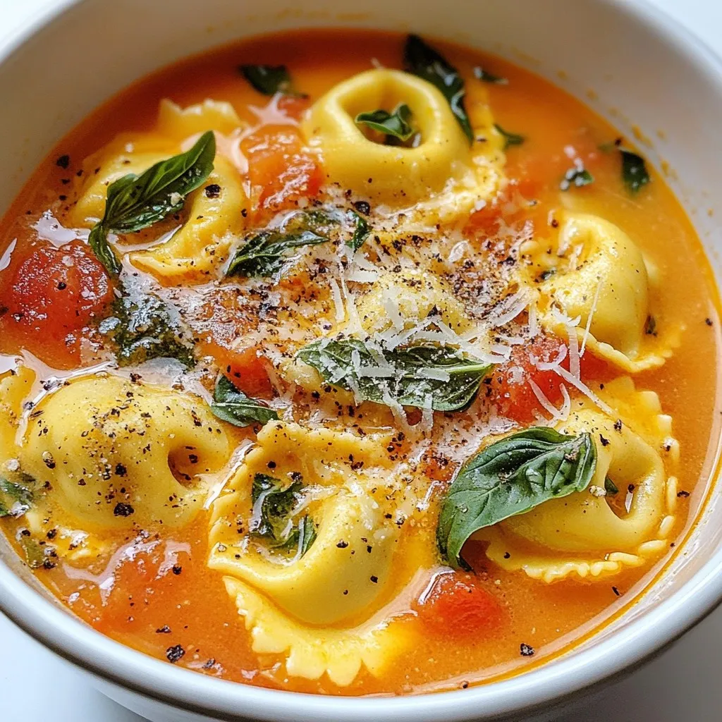 To make Creamy Tomato Basil Tortellini Soup, you need some key items. Here’s your shopping list: - 2 tablespoons extra virgin olive oil - 1 medium onion, finely diced - 3 cloves garlic, minced - 1 (28 oz) can of crushed tomatoes, preferably San Marzano - 4 cups vegetable broth (low-sodium recommended) - 1 teaspoon dried oregano - 1 teaspoon granulated sugar - 1 cup heavy cream (or coconut cream for a dairy-free option) - 1 (9 oz) package cheese tortellini, fresh or frozen - 1 cup fresh basil leaves, roughly chopped - Sea salt and freshly cracked black pepper to taste - Grated Parmesan cheese (or dairy-free alternative) for serving - Optional: A drizzle of balsamic glaze for extra flavor These ingredients work together to create a rich and creamy soup. Each one adds its own special taste. For variations, consider these optional ingredients: - Fresh spinach for added greens - A pinch of red pepper flakes for heat - A squeeze of lemon juice for brightness These extras can change the flavor and make the soup your own. Enjoy the cooking process and feel free to experiment! {{ingredient_image_2}} 1. Heat the Olive Oil: Start by heating 2 tablespoons of extra virgin olive oil in a large pot over medium heat. Wait until it shimmers. 2. Sauté the Onion: Add 1 finely diced medium onion. Cook for about 5 minutes. Stir often until the onion is soft and clear. 3. Add Garlic: Toss in 3 minced garlic cloves. Sauté for another minute. Keep stirring to stop the garlic from burning. 4. Mix in Tomatoes and Broth: Pour in 1 (28 oz) can of crushed tomatoes and 4 cups of low-sodium vegetable broth. Use a wooden spoon to mix it well. 5. Season the Soup: Add 1 teaspoon of dried oregano and 1 teaspoon of granulated sugar. Let the soup simmer gently for about 15 minutes. Stir occasionally to prevent sticking. 6. Incorporate Cream: Reduce the heat to low. Stir in 1 cup of heavy cream until it blends in smoothly. This gives the soup its rich, creamy texture. 7. Cook the Tortellini: Add 1 (9 oz) package of cheese tortellini to the pot. Follow the package instructions, usually around 5-7 minutes, until the tortellini is tender. 8. Finish with Basil: Once the tortellini is cooked, fold in 1 cup of roughly chopped fresh basil. Season with sea salt and freshly cracked black pepper to taste. 9. Serve and Garnish: Dish the soup into bowls. Top each serving with grated Parmesan cheese and a few fresh basil leaves. For extra flavor, drizzle a bit of balsamic glaze on top. - Use Quality Ingredients: Choose San Marzano tomatoes for the best taste. Fresh basil adds a bright flavor. - Simmer to Enhance Flavor: Let the soup simmer uncovered. This deepens the flavors and makes the soup richer. - Check Tortellini: Don’t overcook the tortellini. They should be tender but not mushy. - Taste as You Go: Always taste your soup before serving. Adjust salt and pepper to make it perfect for you. To enhance the flavor and texture of your creamy tomato basil tortellini soup, follow these steps: - Use high-quality crushed tomatoes. San Marzano tomatoes give a rich taste. - Always sauté the onion until it's soft. This step releases natural sweetness. - Add fresh garlic just before the tomatoes. This keeps the garlic's flavor strong. - If using dried herbs, crush them in your hands before adding. This releases their oils. - Stir in the cream slowly to keep it from curdling in the heat. - Taste and adjust seasoning. A little salt or pepper can make a big difference. Common mistakes to avoid include: - Not sautéing the onion long enough can result in raw flavors. - Adding cream too early can cause it to separate. Always add it after simmering. - Overcooking the tortellini can lead to mushiness. Follow the package directions closely. This soup pairs well with crunchy bread or a light salad. Consider serving it with: - Garlic bread: Its crunchy texture complements the creamy soup. - Caesar salad: The crisp greens add freshness to the meal. - Grilled cheese sandwiches: A classic combo that kids love. For garnishing ideas, create visual appeal with: - Fresh basil leaves sprinkled on top. They add color and aroma. - Grated Parmesan cheese for a nice salty bite. - A drizzle of balsamic glaze, which adds a sweet tang that contrasts the soup's richness. These tips and tricks will help you make the most of your creamy tomato basil tortellini soup. Enjoy every delicious spoonful! Pro Tips Quality Ingredients: Use high-quality San Marzano tomatoes for a richer flavor in your soup. Adjust the Cream: For a lighter soup, consider using half-and-half instead of heavy cream. Fresh Herbs Matter: Always add fresh basil at the end to preserve its vibrant flavor and color. Perfect Tortellini: If using frozen tortellini, do not thaw before adding; just increase the cooking time slightly. {{image_4}} You can make this soup dairy-free and vegetarian easily. For a dairy-free option, swap heavy cream with coconut cream. This keeps the soup rich and creamy without dairy. If you want a vegetarian dish, ensure your broth is vegetable-based, which it usually is. You can also add protein to your soup. Try adding cooked beans or lentils for extra protein. They mix well with the flavors and make your meal heartier. Want to change the taste? You can add spices or herbs for a twist. A pinch of red pepper flakes adds heat. You can also try fresh thyme or rosemary for a different aroma. If you want more veggies, consider adding spinach or carrots. They not only add color but also boost nutrition. Just chop them small and add them to the pot while the soup simmers. This keeps them tender but not mushy. After enjoying your creamy tomato basil tortellini soup, let it cool. Store leftovers in an airtight container. Glass or plastic containers work well. Make sure the soup is cooled to room temperature before sealing. This step helps prevent condensation, which can affect the soup’s texture. Keep the soup in the fridge for up to three days. To freeze the soup, use freezer-safe containers. Leave some space at the top, as soup expands when frozen. You can also freeze it in portions using freezer bags. Lay the bags flat to save space. For the best quality, aim to use the frozen soup within three months. To reheat, take the soup out of the freezer and let it thaw overnight in the fridge. For quick thawing, place it in a bowl of warm water. Heat it gently on the stove over low heat. Stir often to ensure even heating. If the soup seems too thick, add a splash of vegetable broth or water for the right consistency. Enjoy it warm, topped with Parmesan cheese and fresh basil! What can I substitute for heavy cream? You can use coconut cream if you want a dairy-free option. Almond milk or cashew cream also works well. These swaps keep the soup creamy and tasty. Just remember that the flavor might change a bit. Can I make this soup in a slow cooker? Yes, you can! Start by sautéing the onion and garlic on the stove. Then, add everything else to the slow cooker. Cook on low for 4 to 6 hours. Stir in the cream and tortellini just before serving. Why is my soup too thick/thin? If your soup is too thick, add more vegetable broth or water. Stir it well. If it's too thin, let it simmer longer to thicken. You can also add more tortellini to help absorb some liquid. How to adjust seasoning to taste? Start with a pinch of salt and pepper. Taste the soup, then add more as needed. Fresh basil can brighten the flavor too. Just add a little at a time to find the right balance. This blog post walked you through the key ingredients and steps to make a delicious soup. You learned about tips to improve flavor and texture, as well as various dietary and flavor options. We covered how to store your leftovers safely and answered common questions. Now, with this knowledge, you can create soups that suit your taste and dietary needs. Enjoy cooking, experimenting, and sharing your tasty creations!