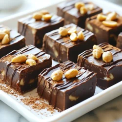 - 1 cup creamy peanut butter - 1 cup semisweet chocolate chips - 1/2 cup unsweetened cocoa powder - 1/2 cup sweetened condensed milk - 1 teaspoon vanilla extract - A pinch of salt These key ingredients create the rich and creamy base for your fudge. Creamy peanut butter adds smoothness, while chocolate chips bring sweetness. Cocoa powder gives depth, and sweetened condensed milk ensures a luscious, sticky texture. Vanilla extract enhances flavor, and a pinch of salt balances the sweetness. - Chopped nuts (optional, for garnish) Adding chopped nuts on top of your fudge gives a nice crunch. You can use walnuts, almonds, or peanuts. They add flavor and make your fudge look fancy. - Use almond butter instead of peanut butter for a nut-free option. - Swap semisweet chocolate chips for dark chocolate for a richer taste. - Replace sweetened condensed milk with coconut milk for a dairy-free version. These substitutions allow you to customize your fudge. They can help meet dietary needs or create new flavors. Just keep in mind that changes may affect the final texture or taste. {{ingredient_image_2}} Start by preparing your baking dish. Use an 8x8 inch square pan. Line it with parchment paper. Make sure the edges hang over the sides. This helps lift the fudge out later. Next, grab a medium saucepan. Combine 1 cup of creamy peanut butter and 1/2 cup of sweetened condensed milk. Heat over low heat. Stir constantly for about 3-4 minutes. You want the mix smooth and well blended. Once your peanut butter mix is smooth, add the chocolate chips. Pour in 1 cup of semisweet chocolate chips and 1/2 cup of unsweetened cocoa powder. Keep stirring until the chocolate melts. The mix should be rich and creamy. Remove the saucepan from heat. Stir in 1 teaspoon of vanilla extract and a pinch of salt. Make sure everything is mixed well. Carefully pour the fudge into the prepared pan. Use a spatula to smooth the top. If you want a crunchy touch, sprinkle chopped nuts on top. Gently press them in to stick. Chill the fudge in the fridge for at least 2 hours. When it’s firm, lift it out using the parchment paper. Cut it into squares for serving. Enjoy your sweet treat! To get the best fudge texture, blend the peanut butter and sweetened condensed milk well. Heat them over low heat. Stir constantly for 3 to 4 minutes. This makes a smooth mix. When you add chocolate and cocoa, keep stirring until melted. This helps the fudge stay creamy and rich. One common mistake is not using low heat. High heat can burn the chocolate. It also makes the fudge grainy. Make sure to use a nice, heavy saucepan. This helps with even heat distribution. Also, don’t skip the salt. It enhances the flavors and makes the fudge taste better. When melting chocolate, use a double boiler if you can. If not, use a saucepan over low heat. Add chocolate chips to the mix only after the peanut butter is smooth. Stir until fully melted. This way, you avoid any lumps or clumps. If you notice any lumps, keep stirring. The heat will melt them down. Pro Tips Use High-Quality Chocolate: Opt for premium semisweet chocolate chips for a richer flavor that elevates the overall taste of your fudge. Room Temperature Peanut Butter: Ensure your peanut butter is at room temperature for easier mixing and a smoother final texture. Experiment with Flavors: Add a pinch of cinnamon or espresso powder to enhance the chocolate flavor and give your fudge a unique twist. Proper Storage: Store your fudge in an airtight container in the refrigerator to keep it fresh for up to two weeks. {{image_4}} You can swap peanut butter for almond butter. Almond butter gives a nice twist. It adds a rich, nutty taste that works well with chocolate. Dark chocolate is another great option. It gives a deep, bold flavor. You can use dark chocolate chips instead of semisweet ones. This change makes the fudge less sweet and more intense. Adding extras can make your fudge unique. Chopped nuts are a classic choice. They add crunch and flavor. You can use walnuts, almonds, or pecans. Sea salt is another great addition. It balances the sweetness and enhances the chocolate flavor. If you want a fun touch, try adding colorful sprinkles. They make the fudge look festive and appealing. For seasonal flair, add mint or pumpkin spice. Mint extract gives a fresh taste. It pairs well with chocolate and is great for the holidays. On the other hand, pumpkin spice is perfect for fall. Just add a teaspoon to the fudge mixture. This twist gives your fudge a warm, cozy flavor. Both options let you enjoy fudge in new ways throughout the year. To keep your chocolate peanut butter fudge fresh, store it in an airtight container. Use parchment paper to separate layers if you stack them. This prevents sticking and keeps the texture nice. Place the container in a cool, dry place. Avoid direct sunlight or heat sources to maintain its rich flavor. Freezing is a great option if you want to save fudge for later. First, let the fudge cool completely. Then, cut it into squares. Wrap each piece tightly in plastic wrap and place them in a freezer bag. Make sure to squeeze out as much air as possible. You can freeze the fudge for up to three months. When stored properly, the fudge lasts about two weeks at room temperature. In the fridge, it can stay fresh for up to a month. If you notice any changes in color or smell, it’s best to toss it. Keeping the fudge sealed helps keep it soft and creamy. Enjoy your sweet treat while it’s at its best! Yes, you can make fudge without sweetened condensed milk. To replace it, use a mix of heavy cream and sugar. Heat one cup of heavy cream with one cup of sugar. Stir until smooth and use this in place of the condensed milk. This will keep your fudge sweet and creamy. To make your fudge creamier, add a little more peanut butter or a splash of cream. You can also try using more chocolate chips. This will help create a smoother texture. Mixing the fudge longer can also help it become creamier. Yes, you can double the recipe easily. Just use double the amounts for each ingredient. Make sure to use a larger pan to hold all the fudge. You will need to adjust the chilling time too. Keep an eye on it as it sets. You can store leftover fudge in an airtight container. Keep it in the fridge for up to two weeks. If you have a lot, try sharing it with friends or family. You can also melt it down and use it as a topping for ice cream or pancakes. Using natural peanut butter is possible, but it may change the texture. Natural peanut butter can be runnier than creamy types. This might make your fudge softer. If you want a firmer fudge, stick to creamy peanut butter. This blog covered making delicious fudge with simple steps and tasty options. We discussed key ingredients, helpful tips, and fun variations. You can now get creative with your fudge, like adding nuts or sea salt. Remember to store it right for freshness. Fudge is a fun treat you can share or enjoy at home. Keep experimenting with flavors and enjoy your sweet creations. Happy baking!