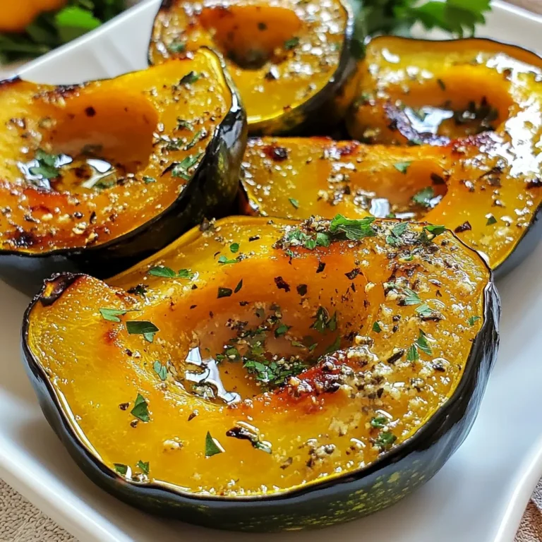 Here is what you need for Garlic Herb Roasted Acorn Squash: - 2 medium acorn squashes, halved with seeds removed - 4 tablespoons extra-virgin olive oil - 3 cloves fresh garlic, finely minced - 1 teaspoon dried thyme - 1 teaspoon dried rosemary - 1 teaspoon smoked paprika - Sea salt and freshly cracked black pepper, to taste - 2 tablespoons pure maple syrup (optional for a touch of sweetness) - Fresh parsley, finely chopped (for garnish) Gather these fresh ingredients before you start cooking. The acorn squash gives a sweet and nutty taste. The garlic and herbs add bold flavors. Using fresh garlic makes a big difference. The olive oil helps everything blend well together. If you want a hint of sweetness, maple syrup is great. It balances the savory notes nicely. Fresh parsley adds a bright touch at the end. Each ingredient plays a key role in making this dish really shine. Enjoy the process of preparing these simple yet delicious flavors! {{ingredient_image_2}} Start by preheating your oven to 400°F (200°C). This step is key. A hot oven helps the squash cook evenly and caramelizes the edges. I recommend using a conventional oven for this recipe. It will give you the best results. In a small bowl, mix together the extra-virgin olive oil, minced garlic, dried thyme, dried rosemary, smoked paprika, sea salt, and black pepper. Stir until blended. This herb mixture adds a rich flavor to the squash. For more taste, let it sit for a few minutes before using. Take each acorn squash half and use a brush or spoon to spread the herb mixture inside. Make sure every bit is covered. If you want to add sweetness, drizzle a tablespoon of maple syrup into each half after you coat it with the herbs. This adds a nice touch. Place the squash halves cut side up on a baking sheet lined with parchment paper. This makes cleanup easy and stops the squash from sticking. Give them some space so they cook well. Put the baking sheet in the preheated oven. Roast the squash for 30 to 40 minutes. Check for doneness by piercing the flesh with a fork. It should be soft. You want to see a golden brown color on the edges for perfect caramelization. When the squash is done, take it out of the oven and let it cool for a few minutes. Just before serving, sprinkle finely chopped parsley on top. This adds a fresh look and flavor. Enjoy your beautifully roasted acorn squash! To make your garlic herb roasted acorn squash even better, consider adding fresh herbs like basil or sage. These herbs bring a bright taste and work well with squash. You can also try a pinch of chili flakes for a touch of heat. This adds a nice contrast to the sweet notes of the squash. Balancing flavors is key. If your squash is too sweet, add a bit more salt or smoked paprika. This will help tone down the sweetness. If you want a sweeter taste, use more maple syrup. It adds a lovely caramel flavor that pairs well with garlic and herbs. When serving, place the roasted acorn squash halves on a colorful platter. This makes the dish stand out. Drizzle the roasting juices over the squash for a glossy look. This adds flavor and makes it more appealing. For added visual flair, sprinkle pomegranate seeds or chopped nuts on top. This not only looks nice but also adds a crunchy texture. You can also serve the squash with a light sauce, like a yogurt sauce, for an extra touch. Pro Tips Choose the Right Squash: Look for acorn squashes that are heavy for their size and have a dull skin. This indicates freshness and quality. Customize Your Herbs: Feel free to experiment with different herbs like sage or oregano for a unique flavor profile that suits your taste preferences. Check for Doneness: Use a fork to test the flesh of the squash. It should easily pierce through, indicating that it’s perfectly roasted. Enhance with Nuts: For added texture and flavor, sprinkle some toasted walnuts or pecans over the finished dish before serving. {{image_4}} To make this dish vegan, skip the maple syrup or use agave nectar instead. You can also try unsweetened applesauce for a fruity twist. For toppings, consider adding toasted nuts like walnuts or pecans. They add crunch and extra flavor. You can also sprinkle nutritional yeast for a cheesy taste without dairy. Acorn squash pairs well with root veggies like carrots and parsnips. You can mix them together for roasting. Just cut them into similar sizes so they cook evenly. Brussels sprouts also work great; their slight bitterness balances the sweetness of the squash. Toss everything with the garlic herb mixture for a flavorful veggie medley. Explore different herbs for added layers of taste. Basil and oregano can bring a fresh twist. You can also use cumin or coriander for a warm, earthy flavor. For brightness, squeeze some lemon or lime juice over the roasted squash. This adds a zesty note that complements the savory herbs nicely. After you enjoy your garlic herb roasted acorn squash, you may have leftovers. To store them, let the squash cool down first. Then, place it in an airtight container. This keeps out air and moisture. Proper storage helps maintain flavor and texture. Your roasted squash will stay fresh in the fridge for about 3 to 5 days. Remember to check for any signs of spoilage before eating. If you want to save your roasted acorn squash for later, freezing is a great option. First, let the squash cool completely. Then, slice it into smaller pieces for easier storage. Place the pieces in a freezer-safe container or a heavy-duty freezer bag. Squeeze out any extra air before sealing. This helps prevent freezer burn. You can freeze the squash for up to 3 months. When you're ready to enjoy it again, reheating is key. To keep the flavor and texture, thaw the squash in the fridge overnight. Then, reheat it in the oven at 350°F (175°C) for about 10-15 minutes. This way, it warms evenly and retains its delicious taste. Enjoy your flavorful side dish anytime! You can tell acorn squash is done when it is soft. Use a fork to poke the flesh. If the fork goes in easily, it is ready. Look for a golden brown color on the edges. This means the sugars caramelized nicely, adding flavor. Yes, you can use other squash types. Butternut squash works well and tastes sweet. Delicata squash is another great choice; it has a creamy texture. Zucchini can also be roasted, but it cooks faster. Adjust the cooking time for different squash types. This dish pairs well with many foods. Consider serving it with grilled chicken for protein. It also goes nicely with quinoa or wild rice for a healthy meal. For a vegetarian option, serve it alongside a fresh green salad. Yes, you can grill acorn squash for a smoky flavor. Cut the squash into thick slices instead of halves. Brush the herb mixture on both sides. Grill each slice on medium heat for about 10-15 minutes. Turn once for even cooking and nice grill marks. In this blog post, I shared how to make garlic herb roasted acorn squash. You learned the key ingredients, like olive oil and fresh garlic. I provided step-by-step instructions for roasting it perfectly. Tips on flavor boosts, presentation, and variations were included for creativity. Finally, I covered storage methods to keep leftovers fresh. Embracing this recipe adds warmth and taste to your meals. Enjoy making it and impress your friends and family with your skills!