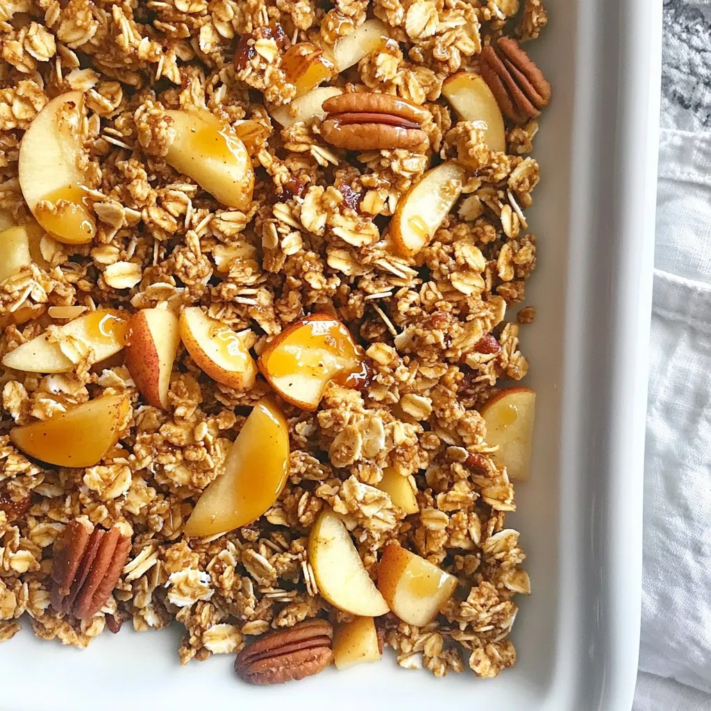 For this Maple Apple Pecan Granola, you will need: - 2 cups rolled oats - 1 cup pecans, roughly chopped - 1 cup dried apples, diced - 1/2 cup pure maple syrup - 1/4 cup coconut oil, melted - 1/2 teaspoon vanilla extract - 1/2 teaspoon ground cinnamon - 1/4 teaspoon sea salt These ingredients create a sweet and nutty flavor that is hard to resist. The oats serve as a great base, while the pecans add a nice crunch. The dried apples bring a fruity sweetness that pairs perfectly with maple syrup. You can enhance your granola with these optional ingredients: - 1/2 cup sunflower seeds - 1/2 cup mini chocolate chips Adding sunflower seeds gives your granola an extra crunch. If you love chocolate, the mini chocolate chips add sweetness and richness. This recipe makes about 6 to 8 servings. Each serving contains: - Calories: Approximately 200 - Protein: 4g - Carbohydrates: 25g - Fat: 10g - Fiber: 3g This granola packs a healthy punch! It offers fiber from oats and healthy fats from nuts. Enjoy it as a snack or breakfast to keep you full and energized. {{ingredient_image_2}} Start by preheating your oven to 350°F (175°C). This step is key for getting the granola crispy. While the oven heats, line a large baking sheet with parchment paper. This makes cleanup easy later. In a big mixing bowl, add 2 cups of rolled oats, 1 cup of roughly chopped pecans, and 1 cup of diced dried apples. If you like a crunch, include 1/2 cup of sunflower seeds. Sprinkle in 1/2 teaspoon of ground cinnamon and 1/4 teaspoon of sea salt. Use a wooden spoon or spatula to mix until everything is well combined. In a medium bowl, whisk together 1/4 cup of melted coconut oil, 1/2 cup of pure maple syrup, and 1/2 teaspoon of vanilla extract. Make sure the mixture is smooth and fully combined. This blend adds sweetness and richness to your granola. Now, pour the wet mixture over the dry ingredients in the large bowl. Stir well to coat all the dry bits with the syrup mix. This step is important for even flavor throughout the granola. Transfer the granola mixture to your lined baking sheet. Spread it out evenly, ensuring it cooks evenly and browns nicely. A thin layer helps achieve that perfect crunch. Place the baking sheet in your preheated oven. Bake for about 25 to 30 minutes. Stir the granola halfway through to ensure it turns a uniform golden brown. Once baked, take it out and let it cool completely on the baking sheet. Cooling helps the granola become crispy. If you want, mix in 1/2 cup of mini chocolate chips after it cools for added sweetness. To get the best texture, focus on the bake time. Bake your granola until it turns golden brown. This helps it to get crispy. Stir the granola halfway through baking. This step ensures even cooking and prevents burning. After baking, let it cool on the sheet. This cooling step is key to achieving that delightful crunch. You can swap out some ingredients if needed. For the nuts, try walnuts or almonds. Instead of dried apples, use raisins or cranberries. If you want a different sweetener, honey works well too. For oil, you can use butter or even applesauce for a lighter option. Make this granola your own! Add spices like nutmeg or ginger for extra flavor. You can mix in seeds like chia or flax for added nutrition. Want a sweeter treat? Fold in some dried cherries or chocolate chips after baking. The options are endless, so feel free to get creative! Pro Tips Storage Matters: Store your granola in an airtight container to maintain its crispiness and freshness for up to two weeks. Customize Your Mix: Feel free to swap out the dried apples for other dried fruits like cranberries or raisins to suit your taste. Oven Watch: Keep an eye on the granola while baking; it can go from golden to burnt quickly. Stir halfway through for even browning. Add a Crunch: Incorporate seeds like pumpkin or flax for an extra crunch and a boost of nutrition in your granola. {{image_4}} You can switch up the nuts for your granola. Instead of pecans, try walnuts or almonds. Both add a unique crunch and flavor. If you want a nut-free version, use seeds like pumpkin or sunflower. They bring a nice texture and taste without nuts. To boost flavor, consider adding spices like nutmeg or ginger. You can also mix in dried fruits like cranberries or raisins. For a sweet twist, toss in mini chocolate chips. These extras make each bite exciting and tasty. To make this granola vegan, ensure your maple syrup is pure. For a gluten-free option, use certified gluten-free oats. This way, everyone can enjoy this delicious treat without worry. You can also replace coconut oil with a different oil like avocado oil for a neutral taste. Store your maple apple pecan granola in an airtight container. This keeps it fresh and crunchy. I prefer glass jars or plastic bins with tight lids. Avoid paper bags; they let air in, which makes your granola go soft. When stored properly, granola can last up to 2 weeks at room temperature. If you keep it in the fridge, it may last a bit longer. Always check for any signs of spoilage, like an off smell or unusual texture. If your granola loses its crunch, you can refresh it. Preheat your oven to 300°F (150°C). Spread the granola on a baking sheet and bake it for about 10 minutes. Stir it halfway through to get even heat. This brings back its lovely crispiness and delicious aroma. Yes, you can use other fruits. Try dried cranberries, raisins, or figs. Each fruit adds its unique flavor. You can also mix them for variety. Fresh fruits work too, but add them later. Use them when serving the granola. To make granola clusters, press the mixture firmly on the baking sheet. Use your hands or a spatula. This helps it stick together while baking. Stir it gently halfway through baking to keep clusters intact. Let it cool completely before breaking it apart. Enjoy your granola in many ways. Serve it with yogurt and fresh fruit for breakfast. Sprinkle it on top of smoothie bowls for crunch. Use it as a topping on desserts like ice cream. You can also enjoy it as a snack on its own. Yes, you can freeze granola. Place it in an airtight container or freezer bag. It will stay fresh for up to three months. When ready to eat, let it thaw at room temperature. You can also reheat it in the oven for a few minutes if you want it warm. We explored a simple recipe for homemade granola, covering key ingredients and step-by-step instructions. You learned how to mix, bake, and customize your granola. I shared tips for perfect texture and tasty variations. Remember, you can store granola properly for longer freshness. This recipe offers a fun way to create snacks that fit your diet. Try different fruits and nuts to find your favorite blend. Your granola journey can start now!