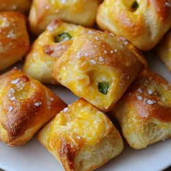 To make your Jalapeno Pretzel Bites, you need some essential ingredients. Each plays a big role in flavor and texture. Here is the list: - Warm water: 1 &frac34; cups at 110&deg;F (43&deg;C) helps activate the yeast. - Granulated sugar: 2 tablespoons feed the yeast for a good rise. - Active dry yeast: 1 packet (2 &frac14; teaspoons) makes the dough rise. - All-purpose flour: 4 cups provide structure and chewiness. - Baking soda: &frac12; cup is key for that classic pretzel taste. - Salt: 1 teaspoon enhances the overall flavor. - Shredded sharp cheddar cheese: 1 cup adds a rich, cheesy flavor. - Jalape&ntilde;os: 2, finely chopped (remove seeds for less heat), add a spicy kick. - Egg: 1 large, beaten, is used for an egg wash for shine. - Coarse sea salt: For sprinkling, it gives a nice crunch. - Garlic powder: &frac12; teaspoon for an extra boost of flavor, if you like. These ingredients work together to create delicious bites. They shine with flavor, making this snack a perfect treat for any gathering. {{ingredient_image_2}} To start, you need to activate the yeast. In a large bowl, mix 1 &frac34; cups of warm water with 2 tablespoons of sugar and 1 packet of active dry yeast. Stir gently and let it sit for 5-10 minutes. It should look frothy when ready. This shows the yeast is alive. Next, create a soft dough. In another bowl, whisk together 4 cups of all-purpose flour and 1 teaspoon of salt. If you want extra flavor, add &frac12; teaspoon of garlic powder. Gradually mix this flour blend into the yeast mixture. Stir until you form a soft dough. Knead it for about 5 minutes. The dough should feel smooth and elastic. Now it's time to add flavor. Gently fold in 1 cup of shredded sharp cheddar cheese and 2 finely chopped jalape&ntilde;os, seeds removed for less heat. Knead the dough again until the cheese and jalape&ntilde;os are mixed well. This step is vital for even flavor across the bites. Letting the dough rise is crucial. Transfer it to a lightly greased bowl and cover it with a clean kitchen towel. Place it in a warm area. Let it rise for about 1 hour until it doubles in size. This makes the bites fluffy and light. After the dough has risen, punch it down gently to release air. Turn it out onto a floured surface. Divide the dough into pieces about 1 inch in size. Roll each piece into a small ball shape. This is where the fun begins! Next, boil the pretzel bites. In a large pot, bring 10 cups of water and &frac12; cup of baking soda to a rolling boil. Carefully drop in the pretzel bites in batches (8-10 at a time). Boil them for 30 seconds. This step gives the bites their classic pretzel flavor and texture. Use a slotted spoon to remove them and transfer them back to your baking sheet. It&rsquo;s almost time to enjoy! First, preheat your oven to 425&deg;F (220&deg;C). While it heats, brush the tops of each pretzel bite with a beaten egg for a golden finish. Then, sprinkle coarse sea salt generously over them. Place the pretzel bites in the oven and bake for 12-15 minutes. They should be golden brown and cooked through when done. Now, you&rsquo;re ready to serve these tasty bites warm with your favorite dips! To make great dough, avoid common mistakes. One big issue is using water that is too hot or too cold. The water should be warm, around 110&deg;F (43&deg;C). This helps activate the yeast. If the dough does not rise, check the yeast. It must be fresh and active. Next, ensure the dough is not too sticky. Add flour slowly until it feels smooth. Knead the dough for about five minutes. This builds gluten, giving the bites a good texture. Want more taste? You can add fun ingredients! Try mixing in garlic powder or smoked paprika for a twist. Both add a nice kick to the bites. For dipping sauces, consider these options: - Mustard - Cheese sauce - Spicy ranch These pair well with the heat of the jalape&ntilde;os. Get creative when serving these bites! You can arrange them on a rustic wooden board. Add small bowls of dipping sauces around the bites. You can also garnish with sliced jalape&ntilde;os for a pop of color. These pretzel bites work for many occasions. Serve them at game day parties, movie nights, or family gatherings. They are a fun snack that everyone will enjoy! Pro Tips Use Fresh Jalape&ntilde;os: For the best flavor and heat, always opt for fresh jalape&ntilde;os. Dried or jarred versions may not provide the same punch. Perfect Boil Time: Keep a close eye on the boiling time of your pretzel bites. Over-boiling can lead to a tough texture, while under-boiling may affect the crust. Experiment with Cheeses: Feel free to mix different types of cheese for added flavor. A blend of cheddar and pepper jack can elevate the spiciness! Storage Tips: Store any leftovers in an airtight container at room temperature for up to 2 days, or freeze for longer freshness. Reheat in the oven to restore crispiness. {{image_4}} You can switch up the cheese for fun flavors. Instead of sharp cheddar, try mozzarella for a gooey texture. Pepper jack adds a kick. Even a mix of cheeses provides a unique taste. Feel free to experiment with your favorites for a special twist. Want more heat? Add extra jalape&ntilde;os! Start with one and test the flavor. If you like it spicy, keep adding. For less spice, remove the seeds from the jalape&ntilde;os. You can also use mild green chilies for a lighter touch. Adjust the heat to match your taste and enjoy! If you need gluten-free pretzel bites, swap the all-purpose flour for gluten-free flour. Look for a 1:1 blend to keep the texture similar. Make sure the baking soda and other ingredients are gluten-free too. This way, everyone can enjoy these tasty bites! To keep your pretzel bites fresh, store them in an airtight container. They stay good for about 2-3 days at room temperature. If you want them to last longer, you can refrigerate them. Just remember to wrap them in plastic wrap or foil first. This helps prevent them from drying out. For long-term storage, freeze your pretzel bites. Let them cool completely, then place them in a single layer on a baking sheet. Freeze for about 1 hour. After they are frozen, transfer them to a freezer bag. Remove as much air as possible before sealing. They can stay in the freezer for up to 3 months. To reheat your pretzel bites, the oven works best. Preheat your oven to 350&deg;F (175&deg;C). Place the bites on a baking sheet and cover them with foil to keep them moist. Heat for about 10-15 minutes. If you want them crispy, remove the foil for the last 5 minutes. You can also use a toaster oven for a quick reheat. This keeps them nice and chewy. You can dip your Jalapeno Pretzel Bites in many tasty sauces. Here are some popular choices: - Mustard: A classic choice that adds a tangy kick. - Cheese Sauce: Perfect for cheese lovers and adds creaminess. - Ranch Dressing: Cool and creamy, great for balancing the spice. - Spicy Salsa: For those who like extra heat and flavor. - Guacamole: A smooth dip that pairs well with the bites. Feel free to mix and match to find your favorite! Yes, you can make these pretzel bites ahead of time. Here are some tips: - Prep the Dough: You can prepare the dough and shape the bites. Keep them covered in the fridge for up to 24 hours. - Freezing: If you want to store them longer, freeze the shaped bites before boiling. Just boil and bake them when you're ready. - Storage: Keep baked pretzel bites in an airtight container for up to 3 days. Reheat for the best taste. To check if your pretzel bites are done, look for these signs: - Color: They should be golden brown on top. - Texture: The bites should feel firm to the touch and not doughy. - Internal Temp: If you have a food thermometer, the inside should reach 190&deg;F (88&deg;C). Let them cool slightly before enjoying! Traditional Jalapeno Pretzel Bites are not vegan due to the egg wash and cheese. However, you can make vegan versions: - Cheese Substitute: Use vegan cheese shreds instead of regular cheese. - Egg Wash Alternative: Brush the bites with a mix of plant-based milk and a bit of oil for a golden finish. - Check Ingredients: Always read labels to ensure all ingredients are vegan-friendly. Enjoy your snack with these simple swaps! Making Jalapeno Pretzel Bites is easy with the right ingredients and steps. You start by activating yeast and mixing in flour, cheese, and jalape&ntilde;os. Follow my tips for perfect dough and creative flavors. Enjoy these snacks on any occasion, and try different cheeses or spice levels to suit your taste. Store them well for freshness, whether short or long-term. With the provided FAQs, you&rsquo;ll feel ready to impress family and friends with your tasty bites. Get cooking and enjoy your delicious creations!