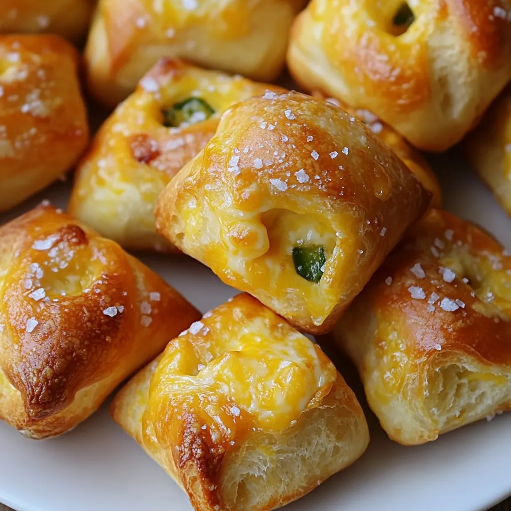 To make your Jalapeno Pretzel Bites, you need some essential ingredients. Each plays a big role in flavor and texture. Here is the list: - Warm water: 1 ¾ cups at 110°F (43°C) helps activate the yeast. - Granulated sugar: 2 tablespoons feed the yeast for a good rise. - Active dry yeast: 1 packet (2 ¼ teaspoons) makes the dough rise. - All-purpose flour: 4 cups provide structure and chewiness. - Baking soda: ½ cup is key for that classic pretzel taste. - Salt: 1 teaspoon enhances the overall flavor. - Shredded sharp cheddar cheese: 1 cup adds a rich, cheesy flavor. - Jalapeños: 2, finely chopped (remove seeds for less heat), add a spicy kick. - Egg: 1 large, beaten, is used for an egg wash for shine. - Coarse sea salt: For sprinkling, it gives a nice crunch. - Garlic powder: ½ teaspoon for an extra boost of flavor, if you like. These ingredients work together to create delicious bites. They shine with flavor, making this snack a perfect treat for any gathering. {{ingredient_image_2}} To start, you need to activate the yeast. In a large bowl, mix 1 ¾ cups of warm water with 2 tablespoons of sugar and 1 packet of active dry yeast. Stir gently and let it sit for 5-10 minutes. It should look frothy when ready. This shows the yeast is alive. Next, create a soft dough. In another bowl, whisk together 4 cups of all-purpose flour and 1 teaspoon of salt. If you want extra flavor, add ½ teaspoon of garlic powder. Gradually mix this flour blend into the yeast mixture. Stir until you form a soft dough. Knead it for about 5 minutes. The dough should feel smooth and elastic. Now it's time to add flavor. Gently fold in 1 cup of shredded sharp cheddar cheese and 2 finely chopped jalapeños, seeds removed for less heat. Knead the dough again until the cheese and jalapeños are mixed well. This step is vital for even flavor across the bites. Letting the dough rise is crucial. Transfer it to a lightly greased bowl and cover it with a clean kitchen towel. Place it in a warm area. Let it rise for about 1 hour until it doubles in size. This makes the bites fluffy and light. After the dough has risen, punch it down gently to release air. Turn it out onto a floured surface. Divide the dough into pieces about 1 inch in size. Roll each piece into a small ball shape. This is where the fun begins! Next, boil the pretzel bites. In a large pot, bring 10 cups of water and ½ cup of baking soda to a rolling boil. Carefully drop in the pretzel bites in batches (8-10 at a time). Boil them for 30 seconds. This step gives the bites their classic pretzel flavor and texture. Use a slotted spoon to remove them and transfer them back to your baking sheet. It’s almost time to enjoy! First, preheat your oven to 425°F (220°C). While it heats, brush the tops of each pretzel bite with a beaten egg for a golden finish. Then, sprinkle coarse sea salt generously over them. Place the pretzel bites in the oven and bake for 12-15 minutes. They should be golden brown and cooked through when done. Now, you’re ready to serve these tasty bites warm with your favorite dips! To make great dough, avoid common mistakes. One big issue is using water that is too hot or too cold. The water should be warm, around 110°F (43°C). This helps activate the yeast. If the dough does not rise, check the yeast. It must be fresh and active. Next, ensure the dough is not too sticky. Add flour slowly until it feels smooth. Knead the dough for about five minutes. This builds gluten, giving the bites a good texture. Want more taste? You can add fun ingredients! Try mixing in garlic powder or smoked paprika for a twist. Both add a nice kick to the bites. For dipping sauces, consider these options: - Mustard - Cheese sauce - Spicy ranch These pair well with the heat of the jalapeños. Get creative when serving these bites! You can arrange them on a rustic wooden board. Add small bowls of dipping sauces around the bites. You can also garnish with sliced jalapeños for a pop of color. These pretzel bites work for many occasions. Serve them at game day parties, movie nights, or family gatherings. They are a fun snack that everyone will enjoy! Pro Tips Use Fresh Jalapeños: For the best flavor and heat, always opt for fresh jalapeños. Dried or jarred versions may not provide the same punch. Perfect Boil Time: Keep a close eye on the boiling time of your pretzel bites. Over-boiling can lead to a tough texture, while under-boiling may affect the crust. Experiment with Cheeses: Feel free to mix different types of cheese for added flavor. A blend of cheddar and pepper jack can elevate the spiciness! Storage Tips: Store any leftovers in an airtight container at room temperature for up to 2 days, or freeze for longer freshness. Reheat in the oven to restore crispiness. {{image_4}} You can switch up the cheese for fun flavors. Instead of sharp cheddar, try mozzarella for a gooey texture. Pepper jack adds a kick. Even a mix of cheeses provides a unique taste. Feel free to experiment with your favorites for a special twist. Want more heat? Add extra jalapeños! Start with one and test the flavor. If you like it spicy, keep adding. For less spice, remove the seeds from the jalapeños. You can also use mild green chilies for a lighter touch. Adjust the heat to match your taste and enjoy! If you need gluten-free pretzel bites, swap the all-purpose flour for gluten-free flour. Look for a 1:1 blend to keep the texture similar. Make sure the baking soda and other ingredients are gluten-free too. This way, everyone can enjoy these tasty bites! To keep your pretzel bites fresh, store them in an airtight container. They stay good for about 2-3 days at room temperature. If you want them to last longer, you can refrigerate them. Just remember to wrap them in plastic wrap or foil first. This helps prevent them from drying out. For long-term storage, freeze your pretzel bites. Let them cool completely, then place them in a single layer on a baking sheet. Freeze for about 1 hour. After they are frozen, transfer them to a freezer bag. Remove as much air as possible before sealing. They can stay in the freezer for up to 3 months. To reheat your pretzel bites, the oven works best. Preheat your oven to 350°F (175°C). Place the bites on a baking sheet and cover them with foil to keep them moist. Heat for about 10-15 minutes. If you want them crispy, remove the foil for the last 5 minutes. You can also use a toaster oven for a quick reheat. This keeps them nice and chewy. You can dip your Jalapeno Pretzel Bites in many tasty sauces. Here are some popular choices: - Mustard: A classic choice that adds a tangy kick. - Cheese Sauce: Perfect for cheese lovers and adds creaminess. - Ranch Dressing: Cool and creamy, great for balancing the spice. - Spicy Salsa: For those who like extra heat and flavor. - Guacamole: A smooth dip that pairs well with the bites. Feel free to mix and match to find your favorite! Yes, you can make these pretzel bites ahead of time. Here are some tips: - Prep the Dough: You can prepare the dough and shape the bites. Keep them covered in the fridge for up to 24 hours. - Freezing: If you want to store them longer, freeze the shaped bites before boiling. Just boil and bake them when you're ready. - Storage: Keep baked pretzel bites in an airtight container for up to 3 days. Reheat for the best taste. To check if your pretzel bites are done, look for these signs: - Color: They should be golden brown on top. - Texture: The bites should feel firm to the touch and not doughy. - Internal Temp: If you have a food thermometer, the inside should reach 190°F (88°C). Let them cool slightly before enjoying! Traditional Jalapeno Pretzel Bites are not vegan due to the egg wash and cheese. However, you can make vegan versions: - Cheese Substitute: Use vegan cheese shreds instead of regular cheese. - Egg Wash Alternative: Brush the bites with a mix of plant-based milk and a bit of oil for a golden finish. - Check Ingredients: Always read labels to ensure all ingredients are vegan-friendly. Enjoy your snack with these simple swaps! Making Jalapeno Pretzel Bites is easy with the right ingredients and steps. You start by activating yeast and mixing in flour, cheese, and jalapeños. Follow my tips for perfect dough and creative flavors. Enjoy these snacks on any occasion, and try different cheeses or spice levels to suit your taste. Store them well for freshness, whether short or long-term. With the provided FAQs, you’ll feel ready to impress family and friends with your tasty bites. Get cooking and enjoy your delicious creations!