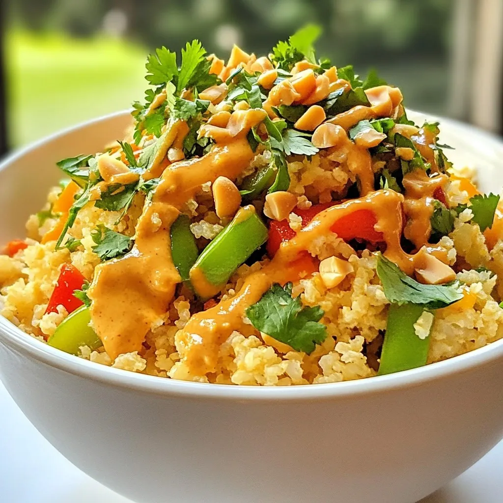 To make Spicy Thai Peanut Cauliflower Rice, you will need these fresh ingredients: - Cauliflower - Coconut oil - Bell pepper (red or yellow) - Small carrot - Snap peas - Green onions - Garlic - Fresh ginger - Smooth peanut butter - Soy sauce (or tamari) - Fresh lime juice - Sriracha - Fresh cilantro - Crushed peanuts Each of these adds a special touch to the dish. Cauliflower gives a light base. The coconut oil adds a hint of sweetness, while bell peppers bring color and crunch. Carrots add sweetness and snap peas add a fresh crunch. Garlic and ginger provide a zesty kick. Peanut butter makes the dish creamy and rich. Soy sauce or tamari gives a savory umami flavor. Lime juice brightens the dish with acidity, while sriracha adds the heat you crave. Finally, cilantro and crushed peanuts offer freshness and texture. These ingredients work together to create a beautiful bowl of flavors. Each bite gives you a taste of Thailand. You will love how easy and fun it is to make this dish! {{ingredient_image_2}} To start, take a medium head of cauliflower. Remove the leaves and stem. Cut the cauliflower into smaller florets. You can use a food processor to pulse these florets until they look like rice. If you don’t have a food processor, a box grater works too. Just grate the florets until they resemble grains of rice. Next, grab a large skillet or wok. Melt one tablespoon of coconut oil over medium heat. Once the oil is hot, add two minced cloves of garlic and one tablespoon of minced fresh ginger. Sauté for about one to two minutes. You want them to be fragrant and slightly golden, which adds depth to the dish. Now, add one diced bell pepper, either red or yellow, and one small grated carrot to the skillet. Sauté these for another three to four minutes. They should soften and start to look tender. This step brings out their natural sweetness and adds color. It’s time to add the riced cauliflower. Toss in half a cup of snap peas, trimmed and cut in half, along with the cauliflower. Mix everything well to combine. Cook this mixture for about five to seven minutes. Stir occasionally, ensuring the cauliflower is tender but still has a slight bite. We want to avoid mushy rice! While the vegetables cook, prepare the peanut sauce. In a small bowl, mix together a quarter cup of smooth peanut butter, two tablespoons of soy sauce, one tablespoon of fresh lime juice, and one to two teaspoons of sriracha. Adjust the sriracha based on your heat preference. Whisk everything until smooth. If it’s too thick, add a splash of water to thin it out. Pour the peanut sauce over the cauliflower rice mixture in the skillet. Stir well to coat all the veggies and cauliflower evenly. Let this cook for an additional two to three minutes. This allows all the flavors to meld together beautifully, making each bite flavorful. Finally, remove the skillet from heat. Gently fold in three sliced green onions, saving some for garnish later. This adds a fresh crunch to the dish. Now, you have a colorful and tasty meal ready to serve! To get the best texture, use a food processor. Cut the cauliflower into small florets first. Pulse until it looks like rice, but not mushy. If you don’t have a food processor, use a box grater. Grate slowly to keep the pieces even. You want the cauliflower to be light and fluffy. Avoid overcooking it in the pan. Stir often and remove it when still slightly firm. Spice is key in this dish. If you love heat, add more sriracha. Start with one teaspoon, then taste. You can always add more, but can’t take it out! If you prefer milder flavors, just skip the sriracha or use less. Another option is to add a splash of coconut milk to cool it down. Lime juice also helps balance the spice. Using the right tools makes cooking easier. A large skillet or wok works best for this dish. It gives you room to stir well. A good food processor is also helpful for ricing cauliflower. You should have a whisk for mixing the peanut sauce. For chopping, a sharp knife saves time and effort. Lastly, keep measuring cups handy for accuracy. Pro Tips Choose Fresh Ingredients: Always opt for fresh vegetables and herbs to enhance the flavor and nutritional value of your dish. Adjust Spice Level: Customize the heat by adjusting the amount of sriracha in the peanut sauce according to your personal preference. Meal Prep Friendly: This recipe can be made in advance and stored in an airtight container in the fridge for up to 3 days, making it perfect for meal prep. Experiment with Add-Ins: Feel free to add other vegetables like zucchini or broccoli, or even protein such as tofu or chicken, to make the dish more filling. {{image_4}} You can make this dish heartier by adding protein. Tofu is a great choice. Use firm tofu and press it to remove excess water. Cut it into cubes and pan-fry until golden. If you prefer chicken, use diced chicken breast. Cook it in the skillet before adding the vegetables. Both options blend well with the spicy sauce and make this dish more filling. Feel free to swap out the vegetables for what you have on hand. Zucchini, broccoli, or even corn work well. Just make sure to chop them into small pieces. This keeps the cooking time short and ensures even cooking. Each vegetable will bring its own flavor, making it unique every time. To make this dish vegan, simply use tofu instead of chicken. Also, ensure your soy sauce is gluten-free if needed. Many brands offer vegan peanut butter, but check the label to be sure. This way, you can enjoy all the flavors without any animal products. To keep your spicy Thai peanut cauliflower rice fresh, store it in an airtight container. Allow the dish to cool down before sealing it. This helps prevent condensation, which can make the rice soggy. Ideally, you should eat leftovers within three days for the best taste and quality. When reheating, you can use a microwave or a skillet. For the microwave, place the rice in a bowl and cover it with a damp paper towel. Heat in short bursts, stirring in between, until hot. In a skillet, add a splash of water to the rice and heat it over medium-low heat. Stir often to avoid burning. This keeps it moist and tasty. If you want to freeze your cauliflower rice, pack it tightly in a freezer-safe bag. Squeeze out as much air as possible. This prevents freezer burn. You can store it for up to a month. When you're ready to eat, thaw it overnight in the fridge. Reheat as mentioned earlier for a quick meal. Cauliflower rice is simply cauliflower chopped into tiny pieces. You can make it by grating or processing cauliflower. It looks like rice but has fewer carbs. This makes it a great substitute for regular rice in many dishes. Yes, you can make this dish ahead of time. Cook the spicy Thai peanut cauliflower rice, let it cool, and store it in the fridge. It lasts for about three days. Reheat it in a pan or microwave when you're ready to enjoy. To add more heat, increase the sriracha. You can start with one teaspoon and taste it. If you want even more spice, add chopped fresh chili peppers or a dash of chili flakes. Just be careful not to overdo it! Yes, you can use tamari instead of soy sauce. Tamari is a gluten-free soy sauce option. It has a similar flavor, so it works well in this recipe. Always check the label to ensure it's gluten-free. This dish pairs well with grilled chicken, shrimp, or tofu for added protein. You can also serve it with a fresh salad or spring rolls. Garnishing with extra cilantro and crushed peanuts adds a nice touch! This blog post shared how to create a delicious Spicy Thai Peanut Cauliflower Rice. You learned about key ingredients, step-by-step cooking methods, and helpful tips. Variations allow for personal touches, and storage info keeps leftovers fresh. Cooking should be fun and easy. Experiment with flavors and enjoy your meals! With this guide, you have the tools to make a healthy dish that suits your taste. Go ahead and spice up your kitchen adventures!