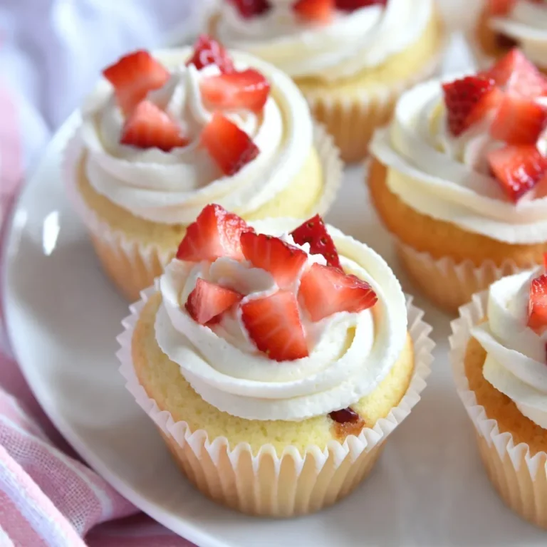 To create delicious strawberry shortcake cupcakes, you need some key ingredients. Each one plays an important role in the flavor and texture of your cupcakes. Here’s what you’ll need: - 1 ½ cups all-purpose flour - 1 cup granulated sugar - ½ cup unsalted butter, softened to room temperature - 2 large eggs - ¾ cup milk, at room temperature - 1 tablespoon baking powder - 1 teaspoon vanilla extract - ¼ teaspoon salt - 1 cup fresh strawberries, hulled and diced - 1 cup heavy whipping cream, chilled - 2 tablespoons powdered sugar - 1 teaspoon vanilla extract (for the whipped cream) - Extra fresh strawberries, for garnish Each ingredient adds a special touch. The all-purpose flour gives structure to the cupcakes, while the sugar adds sweetness. Butter makes them rich and moist. Eggs provide stability and help the cupcakes rise. Milk keeps the batter tender. Baking powder is key for that lovely lift. Vanilla extract enhances the flavor, and salt balances everything out. The fresh strawberries are the star here, bringing bright flavor and color. The heavy whipping cream transforms into a fluffy topping, and powdered sugar sweetens it just right. Finally, those extra strawberries make your cupcakes look pretty and inviting. Now that you know what you need, you can gather these items and get ready to bake. Trust me; these cupcakes will be a hit! {{ingredient_image_2}} - Preheat the oven to 350°F (175°C). - Prepare the muffin pan with cupcake liners. - In a large bowl, cream the butter and sugar. - Add the eggs one at a time and mix well. - Stir in the vanilla extract for flavor. - In another bowl, whisk together the flour, baking powder, and salt. - Gradually add the dry mix to the wet ingredients. - Alternate with the milk while mixing gently. - Fold in the diced strawberries with a spatula. - Fill each muffin cup about two-thirds full. - Bake for 18-20 minutes until a toothpick comes out clean. - Cool the cupcakes in the pan for five minutes. - Transfer to a wire rack to cool completely. To make your cupcakes light and fluffy, use room temperature ingredients. Cold butter or eggs can lead to dense cupcakes. Always mix just until the batter combines. Overmixing can make your cupcakes tough, not tender. When choosing strawberries, look for bright red ones. They should smell sweet and be firm, not mushy. To prepare strawberries, hull them first. Then, dice them into small pieces to mix into your batter. Save some whole strawberries for a pretty garnish. For the best whipped cream, start with chilled heavy cream. Use an electric mixer and whip it until soft peaks form. Be careful not to over-whip! You can add flavors like almond extract or a dash of cocoa powder for a twist. Pro Tips Use Room Temperature Ingredients: Ensure your butter, eggs, and milk are at room temperature for a smoother batter and better rise in your cupcakes. Don’t Overmix the Batter: Gently fold the dry ingredients into the wet ingredients to prevent tough cupcakes. Overmixing can lead to a dense texture. Chill Your Whipped Cream Bowl: For fluffier whipped cream, chill your mixing bowl and beaters in the fridge before whipping the cream. Customize Your Garnish: Feel free to add a sprig of mint or drizzle some chocolate sauce over the whipped cream for an elegant touch. {{image_4}} You can change the fruit in these cupcakes. Swap strawberries for blueberries or raspberries. Both fruits add a great burst of flavor. You can also create a twist with chocolate strawberry shortcake cupcakes. Just mix in some cocoa powder or melted chocolate for a rich taste. If you need gluten-free cupcakes, use a gluten-free flour blend. This keeps the texture nice and light. For vegan options, replace eggs with flax eggs and use almond milk. You can also swap heavy cream with coconut cream for a dairy-free treat. Make your cupcakes pop with fun decorations. Add fresh mint leaves on top for a bright look. Scatter extra fruits around the base for a lovely display. For seasonal fun, try using colors that match the holidays or special events. This adds a personal touch that everyone will enjoy. To keep your strawberry shortcake cupcakes fresh, store them in an airtight container. This will help them stay moist and tasty. Place the container at room temperature for up to two days. After that, they may dry out. If you want to keep the cupcakes longer, you can freeze them. Wrap each cupcake in plastic wrap and then in foil. This will prevent freezer burn. They can stay in the freezer for up to three months. Thaw them in the fridge overnight before enjoying. Whipped cream should also go in an airtight container. Store it in the fridge for up to three days. To keep it fluffy, avoid mixing it after storing. If it separates, gently re-whip it before using. If you have leftover whipped cream, try adding it to your morning coffee or on pancakes. It's a great way to use it up and enjoy its creamy texture. Fresh strawberries are best eaten within a few days. Keep them in the fridge to stay fresh. If they start to look mushy or moldy, it's time to toss them. Whipped cream lasts about three days in the fridge. If you see any change in smell or texture, don't use it. Always check ingredients before using to keep your cupcakes safe and tasty. Strawberry shortcake cupcakes last for about 2-3 days when stored properly. Keep them in an airtight container at room temperature. If you want them to last longer, you can freeze them. Just make sure to wrap them well. Yes, you can use frozen strawberries! Just make sure to thaw and drain them first. Frozen strawberries may add extra moisture to the batter. This can make the cupcakes a bit denser, but they will still taste great. If you don’t have heavy whipping cream, you can use coconut cream or a whipped topping. You can also make your own using milk and butter. Just mix 1/3 cup of melted butter with 2/3 cup of milk. Let it cool before whipping. To keep the whipped cream from melting, chill your mixing bowl and beaters before whipping. Use cold heavy cream, and add a bit of cornstarch. This helps stabilize the cream and keeps it fluffy for longer. Absolutely! You can bake the cupcakes a day ahead and store them. Just frost them on the day you plan to serve. This keeps the whipped cream fresh and prevents soggy cupcakes. These strawberry shortcake cupcakes are simple and fun to make. You’ve learned about the key ingredients, step-by-step instructions, and helpful tips. Feel free to change the fruit or make dietary adjustments to fit your needs. Remember to store them properly to keep them fresh. I hope you feel ready to bake delicious cupcakes that will impress anyone. Enjoy making and sharing these tasty treats!