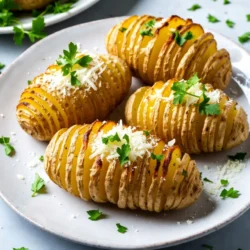 To make Garlic Parmesan Hasselback Potatoes, gather these items: - 4 medium-sized russet potatoes - 4 tablespoons unsalted butter, melted - 5 cloves garlic, minced - 1/2 cup freshly grated Parmesan cheese - 2 tablespoons extra virgin olive oil - 1 teaspoon dried thyme - 1 teaspoon sea salt - 1/2 teaspoon freshly cracked black pepper - Fresh parsley, chopped, for garnishing I find russet potatoes work best for this dish. Their starchy texture creates a fluffy inside. They also have thick skin, which helps hold the shape. Other choices include Yukon Gold, which adds a creamy taste. Choose firm, unblemished potatoes for the best results. You can swap out some ingredients if needed. Use olive oil for the butter if you want a dairy-free option. For garlic, feel free to use garlic powder in a pinch. Grana Padano or Pecorino Romano cheese can replace Parmesan for a different flavor. If you lack fresh parsley, dried herbs can also work for garnishing. {{ingredient_image_2}} First, turn on your oven to 425&deg;F (220&deg;C). This step is key for getting crispy potatoes. While it heats, gather your tools and ingredients. Next, wash each russet potato under cool water. Scrub gently to remove dirt. Dry them well with a towel. Place each potato between two wooden spoons or chopsticks. This trick keeps your cuts from going all the way through. In a small bowl, mix together melted butter, minced garlic, olive oil, dried thyme, sea salt, and black pepper. Stir until everything blends well. This mixture adds a rich flavor to your potatoes. Now, take a pastry brush and coat each potato with the garlic butter mixture. Make sure some of it gets into the cuts. This step ensures maximum flavor. Then, sprinkle a generous amount of freshly grated Parmesan cheese on top. Let some cheese fall into the cuts for extra goodness. Line a baking sheet with parchment paper for easy cleanup. Place the potatoes on the sheet and bake them for 40-50 minutes. You want the outside to be golden and crispy, while the inside stays fluffy. Halfway through baking, brush the potatoes again with the leftover garlic butter. This adds crispiness and flavor. When the potatoes are done, take them out of the oven and let them cool for a few minutes. This helps the texture settle. Just before serving, sprinkle chopped parsley on top. It adds a pop of color and fresh taste to your dish. To cook your Garlic Parmesan Hasselback Potatoes evenly, choose potatoes of similar size. This helps them bake at the same rate. Cut the potatoes with care. Make even slices, about 1/8 inch apart. When you use wooden spoons or chopsticks, they help guide your knife. This will keep your cuts consistent and prevent slicing all the way through. For crispy edges, brush the potatoes with the garlic butter mixture. Do this before and halfway through baking. The melted butter soaks into the cuts, adding flavor and moisture. This also helps create that perfect crust. Use fresh Parmesan cheese for the best results. It melts nicely and crisps up beautifully when baked. If you have leftovers, let the potatoes cool first. Wrap them in foil or place them in an airtight container. Store them in the fridge for up to three days. To reheat, place them in the oven at 350&deg;F until warm. This keeps the skin crispy and the inside fluffy. Enjoy your tasty potatoes again! Pro Tips Use Evenly Sized Potatoes: Choosing potatoes of similar size ensures even cooking, allowing each potato to bake perfectly without some being undercooked or overcooked. Experiment with Cheese: While Parmesan adds a great flavor, feel free to mix in other cheeses like Gruy&egrave;re or cheddar for a different taste experience. Check for Doneness: Every oven is different; start checking your potatoes around the 35-minute mark to avoid over-browning. Make Ahead: Prepare the garlic butter and slice the potatoes ahead of time. When ready to bake, simply apply the butter mixture and pop them in the oven for a quick side dish. {{image_4}} You can easily switch up the cheese in your Hasselback potatoes. Try adding mozzarella for a gooey melt or cheddar for a sharp kick. Both cheeses work well with the garlic and butter. Just sprinkle them on top, just like with Parmesan. As the potatoes bake, the cheese will melt and create a tasty crust. Herbs can add a fresh twist to your potatoes. Mix in rosemary or oregano with the garlic butter for a new flavor. Fresh herbs add brightness, while dried ones give depth. Simply replace the thyme in your garlic butter mixture. Feel free to get creative with your favorite herbs. If you love heat, add some spice to your potatoes. Mix in red pepper flakes or a dash of cayenne pepper to the garlic butter. This will give the potatoes a nice kick. You can also serve them with a spicy dipping sauce for extra flavor. Spice lovers will enjoy this fiery twist on a classic dish. To keep your leftover Garlic Parmesan Hasselback Potatoes fresh, let them cool down. Place them in an airtight container. This helps keep them safe from air and moisture. Store the container in the fridge. They should last for about 3 to 4 days. Make sure to label the container with the date, so you remember when you made them. When you want to enjoy your leftover potatoes, reheating them properly is key. Preheat your oven to 350&deg;F (175&deg;C). Place the potatoes on a baking sheet. Cover them loosely with aluminum foil to avoid burning. Heat them for about 15 to 20 minutes. This method helps keep the potatoes crispy on the outside and soft on the inside. You can also microwave them for quicker results, but they may lose some crispiness. If you want to freeze these tasty potatoes, follow these steps. First, let them cool completely. Wrap each potato in plastic wrap or aluminum foil. Then, place them in a freezer-safe bag. Remove as much air as possible before sealing. You can freeze them for up to 2 months. When you are ready to eat them, thaw in the fridge overnight. Reheat in the oven for the best texture. Hasselback potatoes are a fun way to cook potatoes. They get their name from a restaurant in Sweden. The potatoes are sliced thinly, but not all the way through. This makes them look fancy and allows for crispy edges. The cuts help the flavors soak in, making them extra tasty. Yes, you can use other types of potatoes. While russet potatoes are great, you can try Yukon Gold or red potatoes. Each type gives a different taste and texture. Just make sure they are firm and not too small. To stop the potatoes from browning, soak them in water. Keep the potatoes in cold water until you are ready to bake them. You can also brush them with lemon juice. This helps keep their bright color. Garlic Parmesan Hasselback potatoes go well with many dishes. They are great with grilled chicken or steak. You can serve them with a fresh salad or steamed veggies. They also pair nicely with creamy dips or sauces. Hasselback potatoes are delicious and fun to make. We covered the best ingredients, like potatoes and seasonings, along with simple steps for prep and baking. I shared tips to ensure your potatoes cook evenly and get crispy edges. You can also try different flavors with cheese and herbs. Store your leftovers well for later enjoyment. Now, you can create tasty Hasselback potatoes at home. Enjoy making this crowd-pleaser for your family!