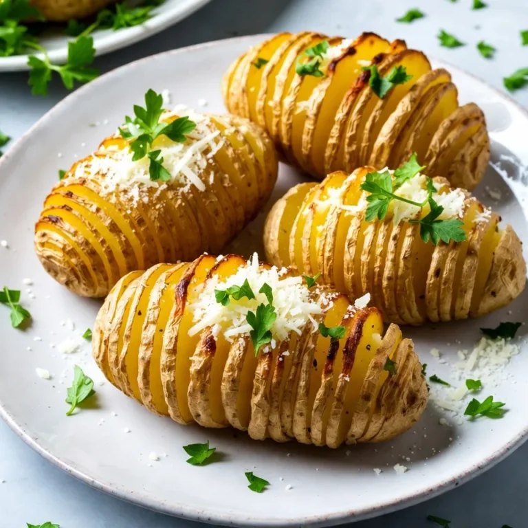 To make Garlic Parmesan Hasselback Potatoes, gather these items: - 4 medium-sized russet potatoes - 4 tablespoons unsalted butter, melted - 5 cloves garlic, minced - 1/2 cup freshly grated Parmesan cheese - 2 tablespoons extra virgin olive oil - 1 teaspoon dried thyme - 1 teaspoon sea salt - 1/2 teaspoon freshly cracked black pepper - Fresh parsley, chopped, for garnishing I find russet potatoes work best for this dish. Their starchy texture creates a fluffy inside. They also have thick skin, which helps hold the shape. Other choices include Yukon Gold, which adds a creamy taste. Choose firm, unblemished potatoes for the best results. You can swap out some ingredients if needed. Use olive oil for the butter if you want a dairy-free option. For garlic, feel free to use garlic powder in a pinch. Grana Padano or Pecorino Romano cheese can replace Parmesan for a different flavor. If you lack fresh parsley, dried herbs can also work for garnishing. {{ingredient_image_2}} First, turn on your oven to 425°F (220°C). This step is key for getting crispy potatoes. While it heats, gather your tools and ingredients. Next, wash each russet potato under cool water. Scrub gently to remove dirt. Dry them well with a towel. Place each potato between two wooden spoons or chopsticks. This trick keeps your cuts from going all the way through. In a small bowl, mix together melted butter, minced garlic, olive oil, dried thyme, sea salt, and black pepper. Stir until everything blends well. This mixture adds a rich flavor to your potatoes. Now, take a pastry brush and coat each potato with the garlic butter mixture. Make sure some of it gets into the cuts. This step ensures maximum flavor. Then, sprinkle a generous amount of freshly grated Parmesan cheese on top. Let some cheese fall into the cuts for extra goodness. Line a baking sheet with parchment paper for easy cleanup. Place the potatoes on the sheet and bake them for 40-50 minutes. You want the outside to be golden and crispy, while the inside stays fluffy. Halfway through baking, brush the potatoes again with the leftover garlic butter. This adds crispiness and flavor. When the potatoes are done, take them out of the oven and let them cool for a few minutes. This helps the texture settle. Just before serving, sprinkle chopped parsley on top. It adds a pop of color and fresh taste to your dish. To cook your Garlic Parmesan Hasselback Potatoes evenly, choose potatoes of similar size. This helps them bake at the same rate. Cut the potatoes with care. Make even slices, about 1/8 inch apart. When you use wooden spoons or chopsticks, they help guide your knife. This will keep your cuts consistent and prevent slicing all the way through. For crispy edges, brush the potatoes with the garlic butter mixture. Do this before and halfway through baking. The melted butter soaks into the cuts, adding flavor and moisture. This also helps create that perfect crust. Use fresh Parmesan cheese for the best results. It melts nicely and crisps up beautifully when baked. If you have leftovers, let the potatoes cool first. Wrap them in foil or place them in an airtight container. Store them in the fridge for up to three days. To reheat, place them in the oven at 350°F until warm. This keeps the skin crispy and the inside fluffy. Enjoy your tasty potatoes again! Pro Tips Use Evenly Sized Potatoes: Choosing potatoes of similar size ensures even cooking, allowing each potato to bake perfectly without some being undercooked or overcooked. Experiment with Cheese: While Parmesan adds a great flavor, feel free to mix in other cheeses like Gruyère or cheddar for a different taste experience. Check for Doneness: Every oven is different; start checking your potatoes around the 35-minute mark to avoid over-browning. Make Ahead: Prepare the garlic butter and slice the potatoes ahead of time. When ready to bake, simply apply the butter mixture and pop them in the oven for a quick side dish. {{image_4}} You can easily switch up the cheese in your Hasselback potatoes. Try adding mozzarella for a gooey melt or cheddar for a sharp kick. Both cheeses work well with the garlic and butter. Just sprinkle them on top, just like with Parmesan. As the potatoes bake, the cheese will melt and create a tasty crust. Herbs can add a fresh twist to your potatoes. Mix in rosemary or oregano with the garlic butter for a new flavor. Fresh herbs add brightness, while dried ones give depth. Simply replace the thyme in your garlic butter mixture. Feel free to get creative with your favorite herbs. If you love heat, add some spice to your potatoes. Mix in red pepper flakes or a dash of cayenne pepper to the garlic butter. This will give the potatoes a nice kick. You can also serve them with a spicy dipping sauce for extra flavor. Spice lovers will enjoy this fiery twist on a classic dish. To keep your leftover Garlic Parmesan Hasselback Potatoes fresh, let them cool down. Place them in an airtight container. This helps keep them safe from air and moisture. Store the container in the fridge. They should last for about 3 to 4 days. Make sure to label the container with the date, so you remember when you made them. When you want to enjoy your leftover potatoes, reheating them properly is key. Preheat your oven to 350°F (175°C). Place the potatoes on a baking sheet. Cover them loosely with aluminum foil to avoid burning. Heat them for about 15 to 20 minutes. This method helps keep the potatoes crispy on the outside and soft on the inside. You can also microwave them for quicker results, but they may lose some crispiness. If you want to freeze these tasty potatoes, follow these steps. First, let them cool completely. Wrap each potato in plastic wrap or aluminum foil. Then, place them in a freezer-safe bag. Remove as much air as possible before sealing. You can freeze them for up to 2 months. When you are ready to eat them, thaw in the fridge overnight. Reheat in the oven for the best texture. Hasselback potatoes are a fun way to cook potatoes. They get their name from a restaurant in Sweden. The potatoes are sliced thinly, but not all the way through. This makes them look fancy and allows for crispy edges. The cuts help the flavors soak in, making them extra tasty. Yes, you can use other types of potatoes. While russet potatoes are great, you can try Yukon Gold or red potatoes. Each type gives a different taste and texture. Just make sure they are firm and not too small. To stop the potatoes from browning, soak them in water. Keep the potatoes in cold water until you are ready to bake them. You can also brush them with lemon juice. This helps keep their bright color. Garlic Parmesan Hasselback potatoes go well with many dishes. They are great with grilled chicken or steak. You can serve them with a fresh salad or steamed veggies. They also pair nicely with creamy dips or sauces. Hasselback potatoes are delicious and fun to make. We covered the best ingredients, like potatoes and seasonings, along with simple steps for prep and baking. I shared tips to ensure your potatoes cook evenly and get crispy edges. You can also try different flavors with cheese and herbs. Store your leftovers well for later enjoyment. Now, you can create tasty Hasselback potatoes at home. Enjoy making this crowd-pleaser for your family!