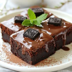 To make Chocolate Mint Oreo Brownies, gather these simple ingredients: - 1 cup unsalted butter, melted - 2 cups granulated sugar - 4 large eggs - 1 teaspoon vanilla extract - 1 cup all-purpose flour - 1 cup unsweetened cocoa powder - 1/2 teaspoon baking powder - 1/4 teaspoon salt - 1 cup mint chocolate chips - 12 Oreo cookies, roughly chopped - 1/2 cup chocolate ganache (optional for topping) Each ingredient adds a special touch to the brownies. The butter gives them a rich taste. The granulated sugar helps to sweeten the mix. Eggs keep the texture soft and chewy. Vanilla adds a warm flavor that pairs well with chocolate. Flour and cocoa powder create the base. Baking powder helps the brownies rise just right. Salt balances the sweetness and enhances all the flavors. Mint chocolate chips bring a fresh burst of mint in every bite. Chopped Oreos add a delightful crunch and creaminess. You can add chocolate ganache for an extra layer of flavor. This optional topping makes the brownies even more decadent. With these ingredients, you can create a treat that will impress anyone. {{ingredient_image_2}} First, set your oven to 350&deg;F (175&deg;C). This helps the brownies bake evenly. Next, take a 9x13 inch baking pan. Grease it lightly or line it with parchment paper. This makes it easier to remove the brownies later. In a large bowl, pour in 1 cup of melted butter. Add 2 cups of granulated sugar. Use a whisk to combine them well until the mix is smooth. Next, crack 4 large eggs into the bowl, one at a time. Mix well after each egg. Finally, add 1 teaspoon of vanilla extract and blend it in. In another bowl, mix together 1 cup of all-purpose flour, 1 cup of unsweetened cocoa powder, 1/2 teaspoon of baking powder, and 1/4 teaspoon of salt. Whisk these dry ingredients together. Slowly fold this mix into the wet ingredients. Be gentle; overmixing can make the brownies tough. Now, it&rsquo;s time to add some fun! Fold in 1 cup of mint chocolate chips and 12 roughly chopped Oreo cookies. Make sure they spread evenly throughout the batter. This gives each bite a delightful surprise. Pour the brownie batter into your prepared baking pan. Spread it out evenly with a spatula. Place the pan in the oven and bake for 25-30 minutes. To check if they are done, insert a toothpick into the center. If it comes out with a few moist crumbs, they are ready! After baking, let the brownies cool in the pan on a wire rack for at least 15 minutes. Then, carefully transfer them to the rack to cool fully. If you want to make them extra special, drizzle 1/2 cup of chocolate ganache on top after they cool. Let it set before cutting them into squares. - Use fresh ingredients. Fresh eggs and butter give the best taste. - Don&rsquo;t overmix. Mix the batter until just combined for fudgy brownies. - Check doneness. A toothpick should come out with a few moist crumbs. - Let them cool. Cooling helps the brownies firm up for better cutting. - Cut the brownies into equal squares for a nice look. - Use a decorative plate to display your brownies. - Add a sprig of fresh mint on top for color. - Dust lightly with cocoa powder to enhance the design. - Preheat your oven. This ensures even baking and the right texture. - Use parchment paper. It helps with easy removal from the pan. - Rotate the pan. Halfway through baking, rotate for even heat. - Store them properly. Keep brownies in an airtight container to stay fresh. Pro Tips Use Room Temperature Eggs: For better incorporation, let your eggs sit at room temperature for about 30 minutes before adding them to the batter. Don&rsquo;t Overmix: Mix the batter just until the dry ingredients are incorporated to maintain a fudgy texture in your brownies. Chill for Better Cutting: If you chill the brownies for an hour or two after baking, they will be easier to cut into neat squares. Garnish Creatively: For a stylish presentation, top with a few crushed Oreos or a sprinkle of sea salt along with the chocolate ganache. {{image_4}} You can change up the mix-ins for fun. Try adding peanut butter chips or white chocolate. You can also swap out the mint chocolate chips for regular chocolate chips. This gives you a richer chocolate flavor. If you want a crunch, consider using nuts like walnuts or pecans. They add a nice texture and a nutty taste. Frosting can make your brownies even better. Instead of chocolate ganache, you could use cream cheese frosting. This adds a tangy flavor that pairs well with the chocolate. A simple buttercream can also work well. Just mix butter, powdered sugar, and a splash of vanilla. For a mint twist, add peppermint extract to your frosting. This will enhance the minty flavor of the brownies. To make these brownies gluten-free, swap the all-purpose flour with gluten-free flour. Many brands work well as a direct substitute. Just check that the flour blend has xanthan gum. This helps the brownies hold together. You can still enjoy the same rich taste and texture without gluten. To keep your Chocolate Mint Oreo Brownies fresh, store them in an airtight container. Place a piece of parchment paper between layers to prevent sticking. This method helps retain moisture and flavor. You can also wrap them tightly in plastic wrap for extra protection. When stored properly, these brownies last about 3 to 5 days at room temperature. If you want to extend their life, refrigerate them. In the fridge, they can last up to a week. Just remember to bring them to room temperature before serving for the best taste. If you want warm brownies, reheating is easy. Preheat your oven to 350&deg;F (175&deg;C). Place the brownies on a baking sheet and cover them with foil. Heat for about 10 minutes. This method keeps them soft and gooey. You can also microwave a single brownie for about 15 seconds if you prefer. Enjoy them warm! You can check if your brownies are done by using a toothpick. Insert it into the center of the brownies. If it comes out with a few moist crumbs, they are ready. If it comes out wet with batter, bake them a bit longer. The baking time is usually around 25-30 minutes. Yes, you can use different types of chocolate chips. Dark chocolate chips, white chocolate chips, or even peanut butter chips work well. Each will give a unique taste to your brownies. Mix and match to find your favorite flavor. To make your brownies mintier, add more mint chocolate chips. You can also add mint extract. Start with 1/4 teaspoon and taste the batter. Be careful, as mint extract is strong. A little goes a long way! Serve your brownies warm with a scoop of vanilla ice cream. You can also top them with whipped cream or chocolate ganache. For a fun twist, add crushed mint candies or a sprinkle of sea salt. Garnish with fresh mint leaves for a nice touch. Yes, you can freeze these brownies. First, let them cool completely. Then, wrap them tightly in plastic wrap. Place them in an airtight container or freezer bag. They can last up to three months in the freezer. When ready to eat, thaw them in the fridge or at room temperature. In this post, we covered how to make delicious Chocolate Mint Oreo Brownies. We went through the ingredients and detailed the steps to bake them perfectly. I shared tips for great results and suggested variations to try. Remember, the secret lies in mixing well and baking at the right time. Enjoy your brownies fresh, store them properly, and don&rsquo;t be shy to experiment. Happy baking!