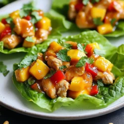 - 1 lb chicken breast, diced into bite-sized pieces - 1 ripe mango, diced into small cubes - 1 bell pepper (red or yellow), finely diced - 1/2 red onion, finely chopped - 2 cloves garlic, minced - 1 tablespoon fresh ginger, grated - 2 tablespoons low-sodium soy sauce - 1 tablespoon honey - 1 tablespoon sesame oil - 1 tablespoon fresh lime juice - Salt and pepper to taste - 1 head of butter or romaine lettuce, leaves carefully separated and rinsed - Fresh cilantro, for garnish - Crushed peanuts, for topping (optional) If you can't find fresh ginger, use ground ginger instead. Use chicken thighs if you prefer dark meat. Any sweet fruit can replace mango, like pineapple or peach. For a soy-free version, try coconut aminos. These mango chicken lettuce wraps are not only tasty but also healthy. Each serving has about: - Calories: 250 - Protein: 25g - Carbohydrates: 20g - Dietary Fiber: 3g - Sugars: 8g - Fat: 10g - Sodium: 350mg This makes them a great choice for a light meal. The wraps offer fresh flavors and healthy ingredients. They are perfect for lunch or dinner! {{ingredient_image_2}} First, grab a large skillet and heat up the sesame oil over medium-high heat. Once the oil is hot, add the diced chicken. Sprinkle salt and pepper over the chicken for flavor. Saut&eacute; the chicken for 5-7 minutes. Stir it occasionally until it cooks through and turns lightly brown. Next, add the minced garlic, grated ginger, and chopped red onion to the skillet. Cook these for another 2-3 minutes. You want the onions to turn translucent and release their nice aroma. Now, pour in the low-sodium soy sauce and honey. Stir everything well to coat the chicken evenly. Let the mixture simmer for about 2 minutes. This will help the sauce thicken a bit and enhance the flavor. After that, remove the skillet from the heat. Gently fold in the diced mango and bell pepper. Be careful not to mash the mango pieces. You want them to stay fresh and vibrant in the mix. To put it all together, take a lettuce leaf and fill the center with a good scoop of the mango chicken mix. Drizzle some fresh lime juice over the filling. For a nice touch, sprinkle fresh cilantro on top. If you like a bit of crunch, add crushed peanuts as well. Now, roll the lettuce around the filling like a wrap or fold it like a taco. Each bite will be a burst of flavor! To make these wraps perfect, start with fresh chicken. Dice it into small pieces. This helps it cook evenly. Warm sesame oil in your skillet over medium-high heat. Add the chicken and season it with salt and pepper. Cook for 5-7 minutes. Look for a nice golden color. When you add garlic and ginger, let them cook for just a few minutes. This brings out their flavors. The onions should turn clear, showing they are ready. Then, add soy sauce and honey. Stir well for even coverage. Let it simmer to thicken slightly. This step adds depth to the taste. The magic of these wraps comes from the fresh ingredients. Use ripe mango for natural sweetness. Bell peppers add crunch and color. Don't skip the lime juice; it brightens the whole dish! If you want a kick, add a dash of chili flakes or chopped jalape&ntilde;os. Consider using fresh herbs like cilantro for a fresh finish. Crushed peanuts on top give a nice crunch. It&rsquo;s all about balancing sweetness, acidity, and crunch for the best flavor. To impress your guests, think about how you serve the wraps. Use a large platter to display them. Arrange the wraps in a circular pattern for a beautiful look. Place a small bowl of extra lime wedges in the center. This way, everyone can customize their wraps. Crushed peanuts can also be served in a small bowl. This adds an interactive element to your meal. Your guests will love the fresh and colorful display! Pro Tips Use Fresh Ingredients: Opt for the ripest mango and the freshest vegetables to enhance the flavors of your wraps. Customize Your Filling: Feel free to add other ingredients like shredded carrots or diced cucumbers for extra crunch and nutrition. Perfectly Cooked Chicken: Ensure the chicken is cooked thoroughly before adding the sauce to maintain a juicy texture. Serving Style: Serve with a side of extra lime wedges and crushed peanuts so guests can personalize their wraps. {{image_4}} You can switch the chicken for other proteins. Shrimp is a great choice. Just saut&eacute; it until it turns pink. Tofu is another option. Press the tofu first to remove excess water, then cut it into cubes. Cook it until it is golden. You can also use beef or pork. Slice the meat thinly and stir-fry it quickly. To make a vegan version, skip the chicken and use jackfruit or mushrooms. Both options add a nice texture. Jackfruit has a mild flavor and absorbs spices well. Use firm tofu for extra protein. Season it with soy sauce and lime juice for taste. You can also add more veggies like carrots or zucchini for crunch. You can change the flavor to suit your taste. Add a splash of hot sauce for heat. You can also mix in some diced jalape&ntilde;os for extra spice. For a sweeter taste, add more mango or a dash of pineapple juice. If you love herbs, add mint or basil for a fresh twist. Adjust the soy sauce for a saltier flavor. Each tweak can make this dish your own! You can store leftover Mango Chicken in the fridge. Place it in an airtight container. It stays fresh for about 3 days. Make sure to cool it down before sealing the container. This helps keep the chicken tender and juicy. If you want to keep it longer, freezing is a great choice. Put the cooled Mango Chicken in a freezer-safe bag. Try to remove as much air as you can. It can last for up to 3 months in the freezer. When ready, just thaw it in the fridge overnight. To reheat, you can use the microwave or stovetop. If using the microwave, place it in a bowl and cover it. Heat on medium power for 1-2 minutes. Stir and check if it's warm. For stovetop, heat it in a skillet over low heat. Add a splash of water if it seems dry. Stir until heated through. Always check the temperature before serving. Enjoy your meal! Yes, you can use frozen chicken. Just remember to thaw it first. Make sure to thaw it in the fridge overnight for best results. Once thawed, cut it into bite-sized pieces. Cooking time may be a bit longer, so check that it reaches an internal temperature of 165&deg;F. This way, you&rsquo;ll ensure it is safe to eat and fully cooked. You can get creative with fruits! Try pineapple, peaches, or even diced apples. Each fruit brings its unique taste and texture. Pineapple adds a nice tang, while apples add crunch. Just make sure any fruit you choose matches well with the chicken. This will keep the flavor balance in your wraps. To make these wraps gluten-free, swap soy sauce for gluten-free tamari or coconut aminos. Both options give a similar flavor without gluten. Check all labels for hidden gluten in other ingredients. This helps ensure your meal is safe if you have gluten sensitivities. Now, enjoy your delicious, gluten-free mango chicken lettuce wraps! This blog covered key points for making delicious wraps. We explored ingredients, substitutions, and essential nutritional details. I walked you through each cooking step, from chicken to assembly. I shared tips for cooking perfectly and enhancing flavors. We also discussed different protein options and how to store wraps. By following these guidelines, you can create tasty wraps that fit your needs. Try different flavors to find your favorite. Enjoy making these wraps your own!