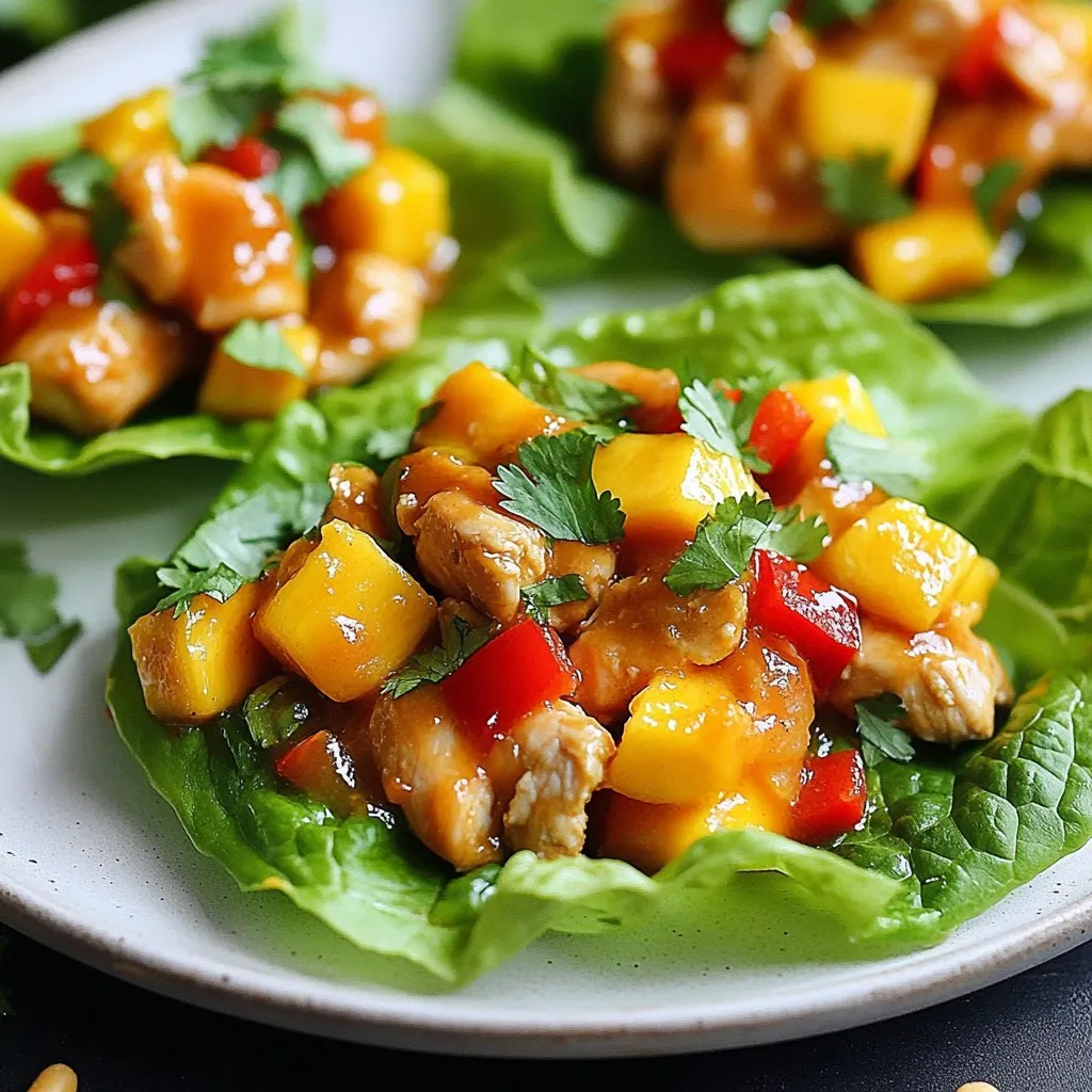 - 1 lb chicken breast, diced into bite-sized pieces - 1 ripe mango, diced into small cubes - 1 bell pepper (red or yellow), finely diced - 1/2 red onion, finely chopped - 2 cloves garlic, minced - 1 tablespoon fresh ginger, grated - 2 tablespoons low-sodium soy sauce - 1 tablespoon honey - 1 tablespoon sesame oil - 1 tablespoon fresh lime juice - Salt and pepper to taste - 1 head of butter or romaine lettuce, leaves carefully separated and rinsed - Fresh cilantro, for garnish - Crushed peanuts, for topping (optional) If you can't find fresh ginger, use ground ginger instead. Use chicken thighs if you prefer dark meat. Any sweet fruit can replace mango, like pineapple or peach. For a soy-free version, try coconut aminos. These mango chicken lettuce wraps are not only tasty but also healthy. Each serving has about: - Calories: 250 - Protein: 25g - Carbohydrates: 20g - Dietary Fiber: 3g - Sugars: 8g - Fat: 10g - Sodium: 350mg This makes them a great choice for a light meal. The wraps offer fresh flavors and healthy ingredients. They are perfect for lunch or dinner! {{ingredient_image_2}} First, grab a large skillet and heat up the sesame oil over medium-high heat. Once the oil is hot, add the diced chicken. Sprinkle salt and pepper over the chicken for flavor. Sauté the chicken for 5-7 minutes. Stir it occasionally until it cooks through and turns lightly brown. Next, add the minced garlic, grated ginger, and chopped red onion to the skillet. Cook these for another 2-3 minutes. You want the onions to turn translucent and release their nice aroma. Now, pour in the low-sodium soy sauce and honey. Stir everything well to coat the chicken evenly. Let the mixture simmer for about 2 minutes. This will help the sauce thicken a bit and enhance the flavor. After that, remove the skillet from the heat. Gently fold in the diced mango and bell pepper. Be careful not to mash the mango pieces. You want them to stay fresh and vibrant in the mix. To put it all together, take a lettuce leaf and fill the center with a good scoop of the mango chicken mix. Drizzle some fresh lime juice over the filling. For a nice touch, sprinkle fresh cilantro on top. If you like a bit of crunch, add crushed peanuts as well. Now, roll the lettuce around the filling like a wrap or fold it like a taco. Each bite will be a burst of flavor! To make these wraps perfect, start with fresh chicken. Dice it into small pieces. This helps it cook evenly. Warm sesame oil in your skillet over medium-high heat. Add the chicken and season it with salt and pepper. Cook for 5-7 minutes. Look for a nice golden color. When you add garlic and ginger, let them cook for just a few minutes. This brings out their flavors. The onions should turn clear, showing they are ready. Then, add soy sauce and honey. Stir well for even coverage. Let it simmer to thicken slightly. This step adds depth to the taste. The magic of these wraps comes from the fresh ingredients. Use ripe mango for natural sweetness. Bell peppers add crunch and color. Don't skip the lime juice; it brightens the whole dish! If you want a kick, add a dash of chili flakes or chopped jalapeños. Consider using fresh herbs like cilantro for a fresh finish. Crushed peanuts on top give a nice crunch. It’s all about balancing sweetness, acidity, and crunch for the best flavor. To impress your guests, think about how you serve the wraps. Use a large platter to display them. Arrange the wraps in a circular pattern for a beautiful look. Place a small bowl of extra lime wedges in the center. This way, everyone can customize their wraps. Crushed peanuts can also be served in a small bowl. This adds an interactive element to your meal. Your guests will love the fresh and colorful display! Pro Tips Use Fresh Ingredients: Opt for the ripest mango and the freshest vegetables to enhance the flavors of your wraps. Customize Your Filling: Feel free to add other ingredients like shredded carrots or diced cucumbers for extra crunch and nutrition. Perfectly Cooked Chicken: Ensure the chicken is cooked thoroughly before adding the sauce to maintain a juicy texture. Serving Style: Serve with a side of extra lime wedges and crushed peanuts so guests can personalize their wraps. {{image_4}} You can switch the chicken for other proteins. Shrimp is a great choice. Just sauté it until it turns pink. Tofu is another option. Press the tofu first to remove excess water, then cut it into cubes. Cook it until it is golden. You can also use beef or pork. Slice the meat thinly and stir-fry it quickly. To make a vegan version, skip the chicken and use jackfruit or mushrooms. Both options add a nice texture. Jackfruit has a mild flavor and absorbs spices well. Use firm tofu for extra protein. Season it with soy sauce and lime juice for taste. You can also add more veggies like carrots or zucchini for crunch. You can change the flavor to suit your taste. Add a splash of hot sauce for heat. You can also mix in some diced jalapeños for extra spice. For a sweeter taste, add more mango or a dash of pineapple juice. If you love herbs, add mint or basil for a fresh twist. Adjust the soy sauce for a saltier flavor. Each tweak can make this dish your own! You can store leftover Mango Chicken in the fridge. Place it in an airtight container. It stays fresh for about 3 days. Make sure to cool it down before sealing the container. This helps keep the chicken tender and juicy. If you want to keep it longer, freezing is a great choice. Put the cooled Mango Chicken in a freezer-safe bag. Try to remove as much air as you can. It can last for up to 3 months in the freezer. When ready, just thaw it in the fridge overnight. To reheat, you can use the microwave or stovetop. If using the microwave, place it in a bowl and cover it. Heat on medium power for 1-2 minutes. Stir and check if it's warm. For stovetop, heat it in a skillet over low heat. Add a splash of water if it seems dry. Stir until heated through. Always check the temperature before serving. Enjoy your meal! Yes, you can use frozen chicken. Just remember to thaw it first. Make sure to thaw it in the fridge overnight for best results. Once thawed, cut it into bite-sized pieces. Cooking time may be a bit longer, so check that it reaches an internal temperature of 165°F. This way, you’ll ensure it is safe to eat and fully cooked. You can get creative with fruits! Try pineapple, peaches, or even diced apples. Each fruit brings its unique taste and texture. Pineapple adds a nice tang, while apples add crunch. Just make sure any fruit you choose matches well with the chicken. This will keep the flavor balance in your wraps. To make these wraps gluten-free, swap soy sauce for gluten-free tamari or coconut aminos. Both options give a similar flavor without gluten. Check all labels for hidden gluten in other ingredients. This helps ensure your meal is safe if you have gluten sensitivities. Now, enjoy your delicious, gluten-free mango chicken lettuce wraps! This blog covered key points for making delicious wraps. We explored ingredients, substitutions, and essential nutritional details. I walked you through each cooking step, from chicken to assembly. I shared tips for cooking perfectly and enhancing flavors. We also discussed different protein options and how to store wraps. By following these guidelines, you can create tasty wraps that fit your needs. Try different flavors to find your favorite. Enjoy making these wraps your own!