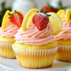 - 1 &frac34; cups all-purpose flour - 1 cup granulated sugar - &frac12; cup unsalted butter, softened at room temperature - 2 large eggs, at room temperature - &frac12; cup buttermilk, at room temperature - 1 tablespoon fresh lemon juice - Zest of 1 medium lemon - 1 teaspoon baking powder - &frac12; teaspoon baking soda - &frac14; teaspoon salt - 1 cup strawberries, pureed (fresh or frozen) - 1 teaspoon vanilla extract - For Frosting: - 1 cup powdered sugar - 2 tablespoons fresh lemon juice - 1 tablespoon unsalted butter, softened - Fresh strawberries and lemon slices, for garnish (optional) When measuring flour, use the spoon and level method. Spoon flour into your measuring cup, then level it off with a straight edge. This helps avoid too much flour, which can make cupcakes dense. For sugar, pack it lightly into the cup. For butter, make sure it is soft for easy mixing. Room temperature items mix better, creating a smoother batter. If you need to swap out items, here are some ideas: - Use coconut oil instead of butter for a dairy-free option. - Replace buttermilk with almond milk mixed with 1 teaspoon of vinegar. - If you don&rsquo;t have fresh strawberries, frozen ones work well too. - For a gluten-free version, try a gluten-free flour blend in place of all-purpose flour. These options keep your cupcakes tasty while allowing you to adjust based on what you have at home. {{ingredient_image_2}} 1. Preheat the Oven: Start by preheating your oven to 350&deg;F (175&deg;C). This helps the cupcakes bake evenly. 2. Prepare the Pan: Line a standard cupcake pan with cupcake liners. This keeps the cupcakes from sticking and makes for easy serving. 3. Mix the Dry Ingredients: In a medium bowl, whisk together the all-purpose flour, baking powder, baking soda, and salt. Make sure these are well mixed for a good rise. 4. Cream Butter and Sugar: In a large bowl, beat the softened butter and granulated sugar together using an electric mixer. Mix on medium speed until light and fluffy, about 3 to 5 minutes. 5. Add Eggs and Flavorings: Add the eggs one at a time, mixing well after each addition. Then mix in the buttermilk, fresh lemon juice, lemon zest, and vanilla extract. Make sure everything is blended well. 6. Combine Mixtures: Gradually add the dry mixture to the wet ingredients. Mix on low speed until just combined. Don't overmix; this keeps the cupcakes light. 7. Fold in Strawberry Puree: Gently fold in the strawberry puree using a spatula. This adds a lovely berry flavor to every bite. 8. Fill the Cupcake Liners: Pour the batter into the cupcake liners, filling each about two-thirds full. This allows space for rising. 9. Bake the Cupcakes: Place the pan in the oven. Bake for about 18 to 20 minutes. Check with a toothpick to see if they are done&mdash; it should come out clean. 10. Cool the Cupcakes: Let the cupcakes cool in the pan for 5 minutes. After that, transfer them to a wire rack to cool completely. This step is important for the frosting. 11. Prepare the Frosting: In a mixing bowl, beat the softened butter until creamy. Gradually add the powdered sugar and lemon juice. Mix until smooth and spreadable. 12. Frost the Cupcakes: Once cooled, frost each cupcake with the lemon frosting. You can use a spatula or a piping bag for a nice look. 13. Garnish (Optional): Top each frosted cupcake with a fresh strawberry or a lemon slice for a pretty touch. To make your cupcakes light and fluffy, start by creaming the butter and sugar. Beat them together until they look pale and airy. This helps to incorporate air into the batter. Use room temperature ingredients, like eggs and buttermilk. Mixing in these ingredients at the right temperature keeps the batter smooth and fluffy. Lastly, don&rsquo;t overmix when combining the dry and wet ingredients. Mix just until you see no dry flour. This step helps keep the cupcakes airy. Decorating your cupcakes can be fun and creative! Use a piping bag with a star tip for a fancy look. Swirl the frosting on top for beautiful peaks. For a fresh touch, add a slice of lemon or a whole strawberry on top. You can also sprinkle some lemon zest for color and flavor. If you're feeling extra creative, use edible flowers for a vibrant finish. Arrange your cupcakes on a tiered stand for a lovely display at any gathering. Baking can be tricky, but avoiding a few common mistakes helps a lot. First, always preheat your oven. This ensures even baking and the right rise. Next, measure ingredients accurately. Too much flour can make cupcakes dense. Remember to check your baking powder and baking soda; they should be fresh for the best rise. Finally, let your cupcakes cool completely before frosting. If they are warm, the frosting will melt away. Following these tips makes for perfect strawberry lemonade cupcakes every time! Pro Tips Use Room Temperature Ingredients: Ensuring your butter, eggs, and buttermilk are at room temperature helps to create a smoother batter and improves the cupcakes' texture. Fresh Strawberries for Puree: Using fresh strawberries will provide a more vibrant flavor in your puree compared to frozen. If using frozen, make sure they are fully thawed and drained. Don&rsquo;t Overmix the Batter: Mix the dry and wet ingredients until just combined to avoid dense cupcakes. A few lumps are okay! Cool Completely Before Frosting: Allowing the cupcakes to cool completely prevents the frosting from melting and ensures a neat presentation. {{image_4}} You can easily make vegan strawberry lemonade cupcakes. Replace eggs with flaxseed meal. Mix 1 tablespoon of flaxseed with 3 tablespoons of water and let it sit. Use almond milk instead of buttermilk. For the butter, use vegan margarine or coconut oil. These swaps keep the flavor but make it plant-based. To make gluten-free strawberry lemonade cupcakes, swap all-purpose flour for a gluten-free blend. Look for a blend that includes xanthan gum for better texture. Make sure your baking powder is gluten-free too. This way, everyone can enjoy these tasty treats without worry. You can play with flavors to make them unique. Try adding lime juice instead of lemon for a twist. You can also mix in some fresh mint leaves for a refreshing feel. Want more strawberry flavor? Add extra strawberry puree to the batter. You can even sprinkle in some lemon zest for a stronger citrus taste. Each change can add a new layer of fun! To keep your strawberry lemonade cupcakes fresh, store them in an airtight container. This will help lock in moisture and flavor. Place the cupcakes in a single layer to avoid squishing the frosting. If you have leftover frosting, store it separately in a sealed container. Keep the cupcakes at room temperature for up to three days. If you want to keep them longer, refrigerate them for up to a week. Freezing cupcakes is a great way to save them for later. To freeze, first, let the cupcakes cool completely. Then, wrap each cupcake in plastic wrap. Place the wrapped cupcakes in a freezer-safe bag or container. They can last in the freezer for up to three months. When you're ready to enjoy them, thaw the cupcakes at room temperature for a few hours. Frost them after thawing for the best taste. Ensure your frosting stays fresh by storing it in the fridge. Use an airtight container to prevent it from drying out. It can last for up to a week in the fridge. If it's too thick when you're ready to use it, mix in a little lemon juice or milk to reach your desired texture. Frosting can also be frozen. Just place it in a freezer-safe container and use it within three months. When you're ready to use it, let it thaw overnight in the fridge. To boost the lemon flavor, add more lemon juice and zest. You can increase the lemon juice to 2 tablespoons and add the zest of another lemon. This will give the cupcakes a bright, zesty taste that shines through. You could also consider using lemon extract for an extra punch. Just a half teaspoon will do! Yes, you can use frozen strawberries! Just thaw them first and then puree them. This allows you to still enjoy that sweet berry flavor, even when fresh strawberries are out of season. The flavor remains vibrant, making it a great option for these cupcakes. If you don&rsquo;t have buttermilk, you can make a quick substitute. Mix &frac12; cup of milk with 1 tablespoon of lemon juice or vinegar. Let it sit for about five minutes. This will create a similar tangy flavor and acidity, perfect for your cupcake batter. In this post, we covered everything you need for delicious strawberry lemonade cupcakes. We listed key ingredients and measurements, including helpful substitutions. You learned step-by-step instructions for preparation, mixing, and baking. Tips for fluffy cupcakes and fun decorating ideas were shared, along with variations for dietary needs. We also covered storage methods to keep your treats fresh. Baking is fun and rewarding. With practice, you can make amazing cupcakes every time. Enjoy your baking journey!