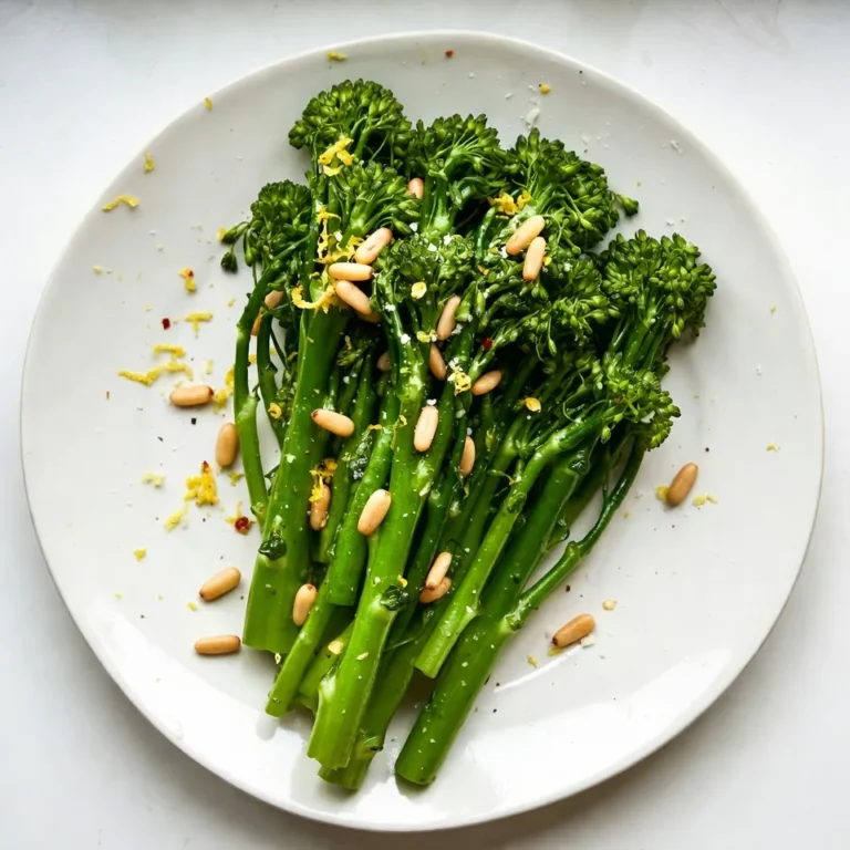 - 1 bunch of broccolini, trimmed - 3 tablespoons olive oil, divided - 4 cloves garlic, minced - Zest of 1 lemon - Juice of 1 lemon - 1/4 teaspoon red pepper flakes (optional for added heat) - Salt and freshly ground black pepper to taste - 1/4 cup pine nuts, toasted - 2 tablespoons grated Parmesan cheese (optional, for a savory finish) I love using fresh broccolini for this dish. It has a sweet, mild flavor. Olive oil adds richness, while garlic gives depth. The zest and juice of lemon brighten the taste. Red pepper flakes can add a kick if you like heat. Salt and black pepper are key to enhancing all the flavors. If you want an extra crunch, try adding toasted pine nuts. They bring a nice texture. Grated Parmesan cheese is a tasty option too. It melts slightly and adds a savory touch. These ingredients come together for a vibrant and tasty side dish that pairs well with any meal. {{ingredient_image_2}} Start by washing the broccolini under cold water. This step removes dirt and bacteria. Trim off any thick ends. This helps the broccolini cook evenly. After cleaning, set the prepared broccolini aside. Heat 2 tablespoons of olive oil in a large skillet over medium heat. Wait until the oil shimmers. Next, add the minced garlic to the skillet. Sauté the garlic for about 30 seconds. Stir it frequently until it turns fragrant and golden. Be careful not to burn the garlic; burnt garlic tastes bitter. Quickly add the trimmed broccolini to the skillet. Toss it in the garlic oil. Cook for 2-3 minutes. This allows the broccolini to brighten and soften slightly, while still being crisp. If you like heat, sprinkle in the red pepper flakes now. Next, add the lemon zest and juice. Toss the mixture well to coat the broccolini evenly. Season it with salt and freshly ground black pepper. Continue cooking for another 2-3 minutes. This helps the broccolini reach your desired tenderness while keeping its crunch. While the broccolini cooks, prepare the toasted pine nuts. In a small skillet, add the pine nuts. Toast them over medium heat, stirring frequently for 3-4 minutes. They should turn golden brown and fragrant. Watch them closely; they can burn quickly. Once cooked, transfer the broccolini to a serving dish. Sprinkle the toasted pine nuts on top. If you want, add grated Parmesan cheese for extra flavor. Drizzle the last tablespoon of olive oil over the dish before serving. To get the best texture for your broccolini, focus on two key areas: crispiness and timing. - Ensuring crispiness: Start with fresh broccolini. This helps keep the crunch. Avoid overcooking it. You want it bright green and tender but still crisp. - Timing for sautéing: Sauté the broccolini for just 2-3 minutes after adding it to the skillet. This short cooking time allows it to stay vibrant and crunchy. Garlic adds great flavor, but it can be tricky. Here are some tips to avoid common mistakes. - Avoiding burnt garlic: Sauté the minced garlic for only 30 seconds. Stir it often to keep it from burning. Burnt garlic becomes bitter and ruins the dish. - Flavor variations: If you want a twist, try roasting the garlic instead. Roasted garlic is sweet and rich, adding a different depth to your dish. How you serve your broccolini can make a big difference in how it looks and tastes. - Serving ideas: Use a bright bowl to serve the broccolini. This makes the colors pop. - Garnishing for visual appeal: Add a lemon wedge on the side. This not only looks nice but also gives a fresh touch when squeezed over the dish. Sprinkle the toasted pine nuts on top for added crunch and flavor. Pro Tips Choose Fresh Broccolini: Select vibrant, firm broccolini with no yellowing leaves for the best flavor and texture. Watch the Garlic: Keep a close eye on the garlic while sautéing; it should be golden but not brown to avoid bitterness. Customize the Crunch: Feel free to substitute pine nuts with other nuts or seeds for a different crunchy texture. Serve Immediately: Broccolini is best served fresh and hot to maintain its vibrant color and crispness. {{image_4}} For those following a vegan diet, you can easily modify this recipe. Simply skip the Parmesan cheese. The lemon and garlic still bring great flavor. You can replace the cheese with nutritional yeast for a cheesy taste without dairy. If you need a nut-free option, just leave out the pine nuts. You won’t lose much flavor. Instead, try sunflower seeds for a crunchy twist. They add a nice texture without any nuts. You can change up the flavors by adding different cheeses. Feta or goat cheese can give a nice tang. If you want to skip cheese, consider using a sprinkle of nutritional yeast for a savory touch. Herbs and spices can also enhance your dish. Fresh basil, thyme, or oregano work well with broccolini. If you like heat, add more red pepper flakes or try some chili powder for a different kick. Grilling broccolini gives it a smoky flavor. Brush it with olive oil and grill for about 5 minutes. This makes it crispy and adds a nice char. If you prefer a healthier approach, steaming broccolini is great too. Steam until bright green and tender, then toss with your lemon-garlic mix. This method keeps the nutrients intact while still being tasty. To store your leftover Lemon Garlic Broccolini, let it cool first. Place it in an airtight container. This keeps it fresh for about three days. For best quality, use glass or plastic containers. They help keep moisture in and prevent odors from escaping. You can reheat broccolini in several ways. The microwave is quick but can make it soggy. Try reheating in a skillet over medium heat. Add a splash of olive oil to keep it crisp. Stir it gently until warmed through. This method helps maintain its bright color and crunchy texture. Yes, you can freeze cooked broccolini! However, it’s best to freeze it before adding any toppings. To freeze, let it cool down completely. Place it in a freezer-safe bag or container, removing as much air as possible. It can last up to three months in the freezer. When you're ready to eat it, thaw in the fridge overnight before reheating. Broccolini is a mix of broccoli and Chinese broccoli. It has long, thin stalks and small florets. Its taste is sweeter than regular broccoli. It cooks faster and has a more tender bite. Broccolini vs. broccoli: - Broccolini is smaller and more delicate. - Broccoli has larger florets and thicker stalks. - Both are nutritious, but broccolini has a milder flavor. To make Lemon Garlic Broccolini gluten-free, focus on the ingredients. Check any packaged items for gluten. Use gluten-free Parmesan cheese if you want to add cheese. This keeps the dish safe for gluten-free diets. Gluten-free ingredient options: - Use gluten-free soy sauce if adding sauces. - Choose fresh ingredients without additives. Yes, you can prepare broccolini ahead of time. Wash and trim it first. Store it in the fridge for up to two days. You can also cook it and keep it in an airtight container. Tips for meal prep and advanced cooking: - Cook broccolini lightly to keep it crisp. - Reheat quickly in a pan to preserve texture. - Add fresh lemon juice right before serving for flavor. In this blog post, we covered how to prepare a tasty broccolini dish. We explored key ingredients like broccolini, olive oil, and garlic, and discussed flavor enhancers and optional additions. You learned step-by-step instructions, helpful tips, and variations to suit your needs. Remember, following these instructions leads to a delicious meal. Broccolini's bright flavor and crisp texture make it a favorite. Keep experimenting with flavors and cooking methods. Enjoy your cooking journey and share this tasty recipe with others!