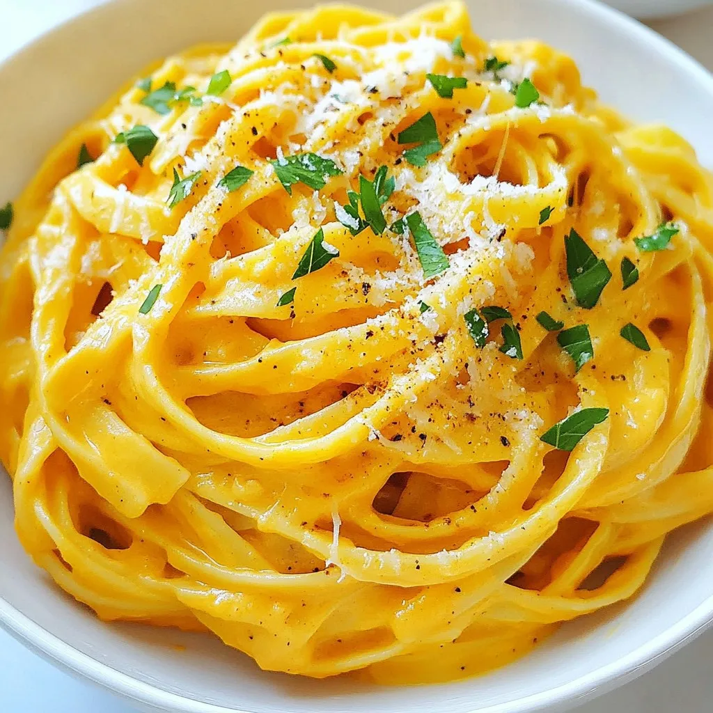 - Pasta and Dairy - 12 oz fettuccine pasta - 1 cup heavy cream - 1 cup freshly grated Parmesan cheese - Flavorings and Spices - 1 tablespoon high-quality olive oil - 3 cloves garlic, finely minced - 1 cup pure canned pumpkin puree - 1 teaspoon freshly ground nutmeg - 1 teaspoon ground cinnamon - Sea salt and freshly cracked black pepper, to taste - Garnishes - Fresh parsley, finely chopped This creamy pumpkin Alfredo pasta shines with its mix of flavors. The fettuccine holds the sauce well, making each bite rich. I love using heavy cream for that smooth texture. The Parmesan cheese adds a salty punch that balances the sweetness of the pumpkin. Garlic brings a warm aroma when you sauté it in olive oil. This dish is simple yet elegant. The pumpkin puree gives a beautiful orange hue. Ground nutmeg and cinnamon add warmth and spice, perfect for cozy meals. Don’t forget the salt and pepper! They elevate the flavors. For a fresh touch, I always add parsley on top. It makes the dish pop visually and adds a bright taste. Gather these ingredients before starting. This way, your cooking will flow smoothly, and you can focus on creating a tasty meal. {{ingredient_image_2}} Boiling the Pasta Start with a large pot. Fill it with water and add a good amount of salt. Bring the water to a rolling boil. Add 12 ounces of fettuccine pasta. Cook according to the package instructions until it is al dente, which means it should be firm to the bite. After cooking, drain the pasta, but make sure to save about half a cup of the pasta water. Set the pasta aside until you are ready to combine it with the sauce. Importance of Olive Oil In a big skillet, pour in one tablespoon of high-quality olive oil. Heat it on medium heat. Olive oil adds great flavor and helps cook the garlic evenly. Preventing Browning Add three cloves of finely minced garlic to the oil. Cook for about one to two minutes. Watch it closely to avoid browning, as burnt garlic can taste bitter. You want it fragrant, not dark. Adding Pumpkin and Cream Once the garlic is aromatic, stir in one cup of pure canned pumpkin puree. Cook this for one more minute to warm it up. Gradually pour in one cup of heavy cream, stirring gently to mix everything into a smooth sauce. Incorporating Cheese and Spices Next, sprinkle in one cup of freshly grated Parmesan cheese, one teaspoon of freshly ground nutmeg, and one teaspoon of ground cinnamon. Stir continuously until the cheese melts and the sauce becomes rich and creamy. If the sauce is too thick, add some of that reserved pasta water to reach your desired consistency. Tossing for Even Coating Now, transfer the cooked fettuccine into the skillet with the sauce. Toss it gently to coat every strand in that creamy pumpkin goodness. Adjusting Sauce Consistency Taste the pasta and sauce. Add sea salt and freshly cracked black pepper to enhance the flavors. Adjust the seasoning as needed. Garnishing with Parsley When everything is well mixed, take the skillet off the heat. Sprinkle finely chopped fresh parsley over the top for a pop of color and freshness. Presentation Tips For a nice presentation, serve the pasta in large, shallow bowls. Drizzle a bit of extra olive oil on top. Finish with an additional sprinkle of grated Parmesan and a dash of cracked black pepper. This makes for an elegant and tasty dish! - Using Heavy Cream vs Alternatives Heavy cream is key for rich, creamy pasta. It blends well with pumpkin. If you want a lighter option, use half and half. You can also try coconut milk for a dairy-free choice. - How to Adjust Thickness If your sauce is too thick, add a bit of the reserved pasta water. This helps you reach the perfect creamy consistency. Start with a small amount and mix well. - Importance of Freshly Grated Cheese Freshly grated Parmesan melts better than pre-grated cheese. It gives a stronger flavor. Always choose the best quality cheese for the best taste. - Spice Adjustments Nutmeg and cinnamon give warmth to the dish. You can adjust these spices to your taste. Add a little more for a bolder flavor or less if you want it milder. - Optimal Heating for Garlic Heat the olive oil on medium to avoid burning the garlic. If garlic burns, it turns bitter. Sauté just until fragrant for the best flavor. - Timing for Adding Ingredients Add the pumpkin puree right after the garlic. This warms it and mixes well with the cream. Don’t rush; take your time for the best results. Pro Tips Use Fresh Ingredients: Opt for freshly grated Parmesan cheese and high-quality olive oil for the best flavor. The freshness can significantly enhance the overall taste of your dish. Adjust Seasoning: Always taste your sauce before serving. Depending on the sweetness of the pumpkin, you may need to adjust the salt and pepper to achieve the perfect balance. Customize Your Pasta: While fettuccine is a great choice, feel free to experiment with other pasta shapes like penne or farfalle for a different texture and presentation. Make It Vegan: To create a vegan version, substitute heavy cream with coconut milk or cashew cream and use nutritional yeast instead of Parmesan for a cheesy flavor. {{image_4}} Gluten-Free Options You can easily make this dish gluten-free. Just swap the fettuccine for gluten-free pasta. Many brands offer great options that taste just as good. Cook it the same way, and enjoy creamy pumpkin Alfredo without worry. Vegan Substitutions To make this dish vegan, use plant-based cream instead of heavy cream. You can find options like coconut cream or cashew cream. For cheese, try nutritional yeast or a vegan Parmesan. This keeps the rich flavor while making it dairy-free. Protein Add-Ins (Chicken, Shrimp) For added protein, consider chicken or shrimp. Cook the chicken in the skillet until golden before adding garlic. For shrimp, add them after sautéing the garlic. Both options blend well with the creamy sauce and make the dish heartier. Vegetable Enhancements (Spinach, Peas) Adding spinach or peas boosts the dish’s nutrition. Toss in fresh spinach right before combining pasta and sauce. It wilts nicely and adds color. Peas can be added while cooking the pasta, making it easy to mix in. Using Different Cheese Types If you want a twist, try different cheeses. Goat cheese or smoked Gouda can give unique flavors. Just add the cheese to the sauce as you would with Parmesan. This makes the sauce rich and creamy with a different taste. Tomato-Based or Broth-Based Versions For a lighter version, consider a tomato-based sauce. You can mix pumpkin puree with crushed tomatoes for a tangy twist. Another option is using vegetable or chicken broth instead of cream. This keeps it delicious and light. After you enjoy your creamy pumpkin Alfredo pasta, you may have some left. Here’s how to keep it fresh: - Refrigeration Guidelines: Place the pasta in an airtight container. It lasts in the fridge for about 3-4 days. Make sure it cools before sealing. - Freezing Creamy Pasta: If you want to save it longer, you can freeze it. Use a freezer-safe container. It stays good for about 2-3 months. To reheat, let it thaw in the fridge overnight. When it’s time to enjoy leftovers, reheating is key: - Best Methods for Reheating: The microwave works well for quick reheating. You can also use a skillet on low heat. Stir often to avoid burning. - Maintaining Creaminess: To keep that creamy texture, add a splash of milk or cream while reheating. This will help the sauce stay smooth and delicious. Yes, you can use fresh pumpkin. Start by roasting or steaming the pumpkin until soft. Then, blend it into a smooth puree. This fresh option adds a vibrant flavor. However, canned pumpkin is often easier and quicker. This creamy pumpkin Alfredo pasta will last about 3 to 5 days in the fridge. Store it in an airtight container. Reheating is simple; just warm it gently over low heat. Add a splash of cream or pasta water if needed. You can pair this dish with a fresh salad. A simple arugula salad with lemon dressing works well. Garlic bread or toasted baguette makes a great side too. For protein, consider grilled chicken or shrimp. Yes, you can prepare the sauce in advance. Store it in the fridge for up to 3 days. Cook the pasta fresh when you are ready to serve. This keeps the pasta from becoming mushy. Just mix the pasta and sauce when it’s time to eat. This article covered how to make creamy pumpkin Alfredo pasta. We discussed key ingredients like pasta, spices, and garnishes. I shared step-by-step instructions, cooking tips, and ways to customize the dish. You can use gluten-free or vegan options and add proteins or veggies. Proper storage and reheating methods ensure your leftovers stay tasty. Experiment with flavors to create your perfect version. Enjoy your cooking adventure and delight in this comforting dish!