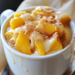 To make this peach cobbler mug cake, you will need: - 1 medium ripe peach, diced into small pieces - 4 tablespoons all-purpose flour - 4 tablespoons granulated sugar - 1/4 teaspoon baking powder - 1/4 teaspoon ground cinnamon - A pinch of salt - 3 tablespoons milk (any type) - 1 tablespoon vegetable oil - 1/2 teaspoon vanilla extract - 1 tablespoon packed brown sugar (for topping) If you want to switch things up, try these alternatives: - Use canned peaches instead of fresh ones. Just drain them well. - Swap all-purpose flour for almond flour for a nutty taste. - Replace granulated sugar with coconut sugar for a different sweetness. - Use any non-dairy milk if you prefer a vegan option. You may need to adjust some ingredients based on what you have: - If you run out of baking powder, mix 1/8 teaspoon of baking soda with 1/4 teaspoon of vinegar. - For oil, melted butter or coconut oil works well too. - If you don&rsquo;t have vanilla extract, you can use almond extract or skip it altogether. These simple swaps make it easy to create a peach cobbler mug cake that fits your taste. {{ingredient_image_2}} First, grab a microwave-safe mug. You will mix all your ingredients right in it. Start by adding the diced peach, flour, sugar, baking powder, cinnamon, and salt. Use a fork or whisk to blend them well. This helps the flavors mix nicely. Next, pour in the milk, vegetable oil, and vanilla extract. Stir until you have a smooth batter. If you want more peach flavor, fold in extra peach pieces gently. Be careful not to overmix, as this can make the cake tough. Now, sprinkle brown sugar on top of the batter. This will create a sweet, caramelized crust when it cooks. Place the mug in the microwave and cook it on high for 1 minute and 30 seconds. Remember, microwaves can cook differently, so keep an eye on it. If your mug cake looks wet in the center after the first round, it needs more time. You can add 10 to 15 seconds more cooking time. Watch closely to avoid overcooking. Each microwave is unique, so adjust as needed. Cooking time can change based on your mug's size and the wattage of your microwave. To check if your mug cake is ready, look for a firm center. It should not jiggle or look wet. You can insert a toothpick in the middle. If it comes out clean, your cake is done. If you see batter on the toothpick, return it for more time. Always be careful when taking the mug out of the microwave; it can get very hot. Let it cool for a minute before enjoying your peach cobbler mug cake. To get the best texture in your mug cake, mix well. Make sure the dry ingredients blend fully before adding wet ones. This step helps avoid lumps. When you add the milk, oil, and vanilla, stir gently. Overmixing can make the cake tough. You want it light and fluffy. Adding extra ingredients can boost flavor. Try adding more peaches for a fruitier taste. You can also mix in chopped nuts for a crunchy bite. A few chocolate chips can add sweetness too. If you love spice, add a dash of nutmeg or ginger. Each of these changes can make your mug cake unique. A common mistake is not checking cooking time. Every microwave is different; watch your cake closely. If it looks wet in the center, give it a few more seconds. Another error is using too much flour or sugar. Stick to the measurements to keep the right balance. Lastly, do not forget the brown sugar topping. It creates a lovely crust that adds flavor and texture. Pro Tips Use Ripe Peaches: For the best flavor and sweetness, ensure your peaches are perfectly ripe. This will enhance the overall taste of your mug cake. Adjust Microwave Time: Microwaves can vary significantly in power. Start with the suggested time and add extra seconds as needed to avoid overcooking. Experiment with Flavors: Consider adding a pinch of nutmeg or a splash of almond extract for a unique twist on the traditional peach flavor. Serving Suggestions: Elevate your dessert by serving it with a scoop of ice cream or a drizzle of caramel sauce for an indulgent treat. {{image_4}} You can swap peaches for other fruits. Use ripe strawberries, blueberries, or apples. Each fruit adds its own flavor. Try mixing fruits for a fun twist. For example, peaches and blueberries work great together. This gives a unique taste and colorful look. Get creative with what you have at home! Beyond fruit, you can add different flavors. Mix in a pinch of nutmeg for warmth. You can also try almond extract instead of vanilla. It's a subtle change but gives a nice touch. Add chocolate chips for a sweet surprise. You will love how they melt into the cake. Try these combos to find your favorite mix! Want a vegan option? Just switch cow's milk for almond or oat milk. You can use coconut oil instead of vegetable oil. For a gluten-free mug cake, replace all-purpose flour with almond flour or a gluten-free blend. These changes still make a tasty cake. You won't miss the original version! If you have leftover peach cobbler mug cake, don't worry! You can save it for later. Allow the mug cake to cool completely. Cover the mug with plastic wrap or transfer it to an airtight container. This keeps it fresh and tasty. Store it in the fridge for up to two days. When you're ready to enjoy your mug cake again, simply reheat it. Place the mug in the microwave. Heat it for about 20 to 30 seconds. Check if it&rsquo;s warm enough. If not, add more time in small increments. Be careful! The mug may be hot. To keep your mug cake fresh, only make what you can eat in one sitting. If you do have leftovers, always store them properly. Avoid leaving it out at room temperature for too long. This helps prevent spoilage and keeps those delicious flavors intact. Enjoy your peach cobbler mug cake at its best! Yes, you can use frozen peaches! Just thaw them first. Make sure to drain excess water. Frozen peaches work well and add great flavor. They might be softer than fresh ones, but that&rsquo;s okay. You want that juicy taste in your cake. To make more than one mug cake, you need more mugs. Simply multiply each ingredient by the number of cakes you want. Mix the dry ingredients in a big bowl first. Then, divide that mix into each mug. Add the wet ingredients to each mug. This keeps the cakes cooking evenly in the microwave. Just watch the time, as you may need to cook them a little longer. Most mug cakes cook well in a microwave with 800 to 1200 watts. If your microwave is less powerful, you may need a bit more time. Start with 1 minute and 30 seconds. Check the cake, and add more time if needed. Always be careful; the mug will be hot! In this blog post, we explored making the perfect mug cake. We discussed the key ingredients, how to cook it, and tips for the best texture. You can try fun variations and learn how to store leftovers. Remember, small changes can lead to big flavor! Enjoy your mug cake journey, and don't forget to share your creations. Making the perfect mug cake is simple and fun!