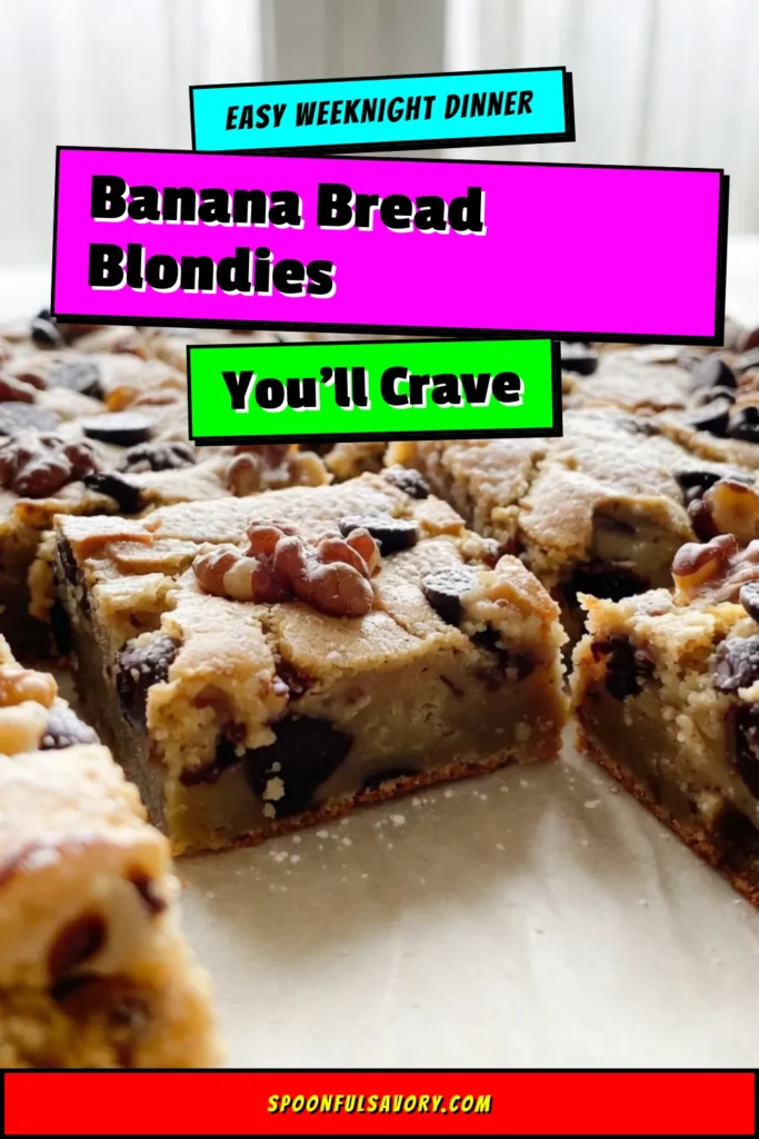 Indulge in delicious Banana Bread Blondies that perfectly combine the flavors of classic banana bread with the rich, buttery goodness of blondies. This easy blondie recipe features ripe bananas, chocolate chips, and walnuts for a delightful twist on banana dessert recipes. Enjoy warm or at room temperature, perfect for any occasion. Don&rsquo;t forget to save this walnut blondies recipe for a sweet treat! #BananaBreadBlondies #EasyBlondieRecipe #BananaDessertRecipe #ChocolateChipBlondies