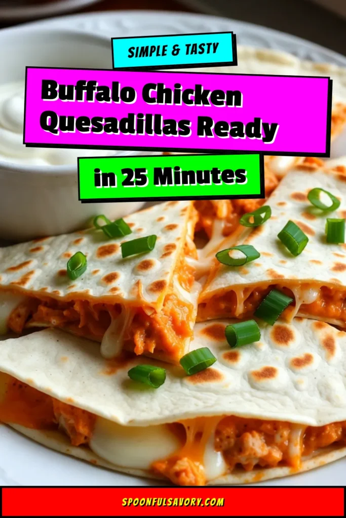 Savor the delight of Buffalo chicken quesadillas with this easy buffalo chicken recipe that's perfect for a quick dinner idea! Filled with creamy chicken, gooey cheeses, and a zesty kick, these cheesy buffalo chicken dishes are sure to impress. Ready in just 25 minutes, they're perfect for any occasion. Try this delicious recipe and make mealtime exciting! Save this for your next dinner inspiration! #BuffaloChickenQuesadillas #EasyDinner #QuesadillaRecipe #QuickDinnerIdeas