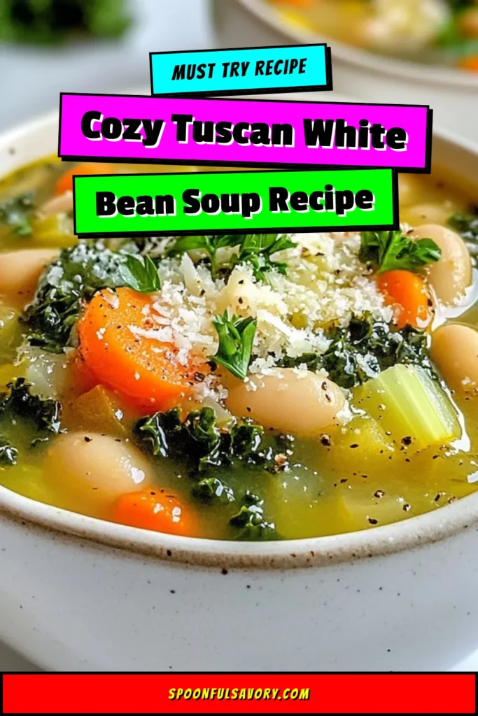 Warm up with this delicious Tuscan white bean soup, a healthy bean soup recipe packed with flavor! This easy Tuscan soup features hearty white beans, vibrant kale, and a vegetable broth base. Perfect for a comforting dinner, it&rsquo;s an irresistible vegetarian soup with kale that everyone will love. Try this nutritious white bean and vegetable broth soup today! Save this recipe for your next meal. #TuscanWhiteBeanSoup #HealthySoup #VegetarianRecipe #EasySoup