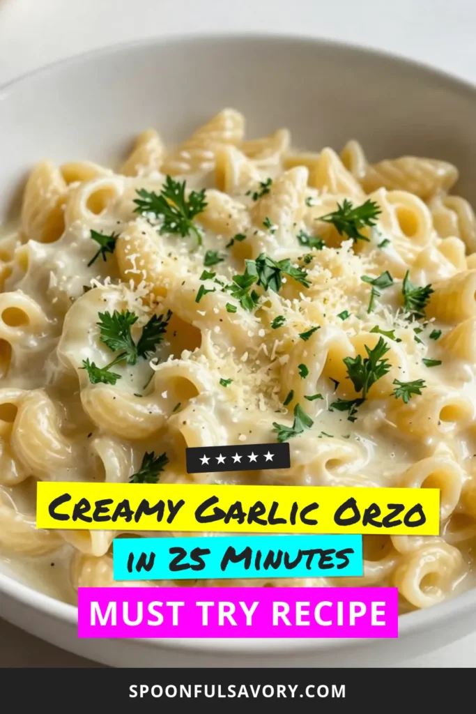 Indulge in this creamy garlic orzo recipe that combines rich flavors and easy preparation. This creamy garlic parmesan orzo is the perfect vegetarian pasta dish for any meal, featuring smooth heavy cream, garlic, and Parmesan cheese. Explore the world of easy orzo recipes and elevate your dinner with this delicious creamy pasta recipe. Save this recipe to enjoy later! #CreamyGarlicOrzo #GarlicParmesanPasta #EasyOrzoRecipes #VegetarianOrzoDishes