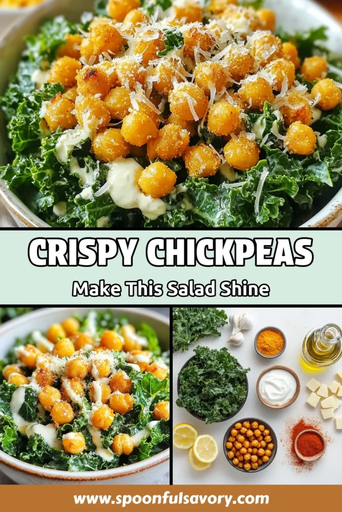 Get ready to elevate your salad game with this vibrant Kale Caesar Salad featuring deliciously Crispy Chickpeas! This easy Crispy Chickpeas Recipe adds a healthy crunch to your plate, making it a standout among Healthy Salad Recipes. Enjoy a creamy Vegan Caesar Salad that's drizzled with tantalizing Greek Yogurt Dressing. Perfect for lunch or dinner, this salad is packed with flavor and nutrition. Save this recipe for your next meal! #KaleCaesarSalad #HealthyRecipes #VeganSalad #CrispyChickpeas