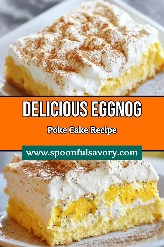 Discover the ultimate holiday dessert recipe with this delightful Eggnog Poke Cake! Perfect for festive gatherings, this flavorful cake combines vanilla, eggnog, and warm spices, creating a creamy eggnog dessert everyone will love. If you're looking for poke cake recipes that stand out, this is a must-try! Don&rsquo;t miss out on making this festive treat&mdash;save this pin for your holiday baking! #EggnogPokeCake #HolidayDessertRecipe #FestiveCakeIdeas #EggnogDessert