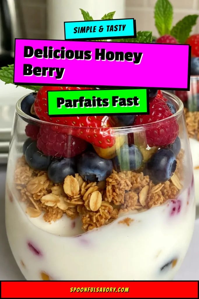 Indulge in these Honey Berry Yogurt Parfaits, a delightful blend of Greek yogurt and fresh berries! This berry yogurt parfait recipe is perfect for a healthy breakfast parfait or an easy dessert with yogurt. Layer creamy yogurt, honey-infused berries, and crunchy granola for a satisfying treat. Try this simple, nutritious recipe today and impress your guests! Save for later! #HoneyYogurtParfaits #BerryYogurtParfait #HealthyBreakfast #EasyDessert