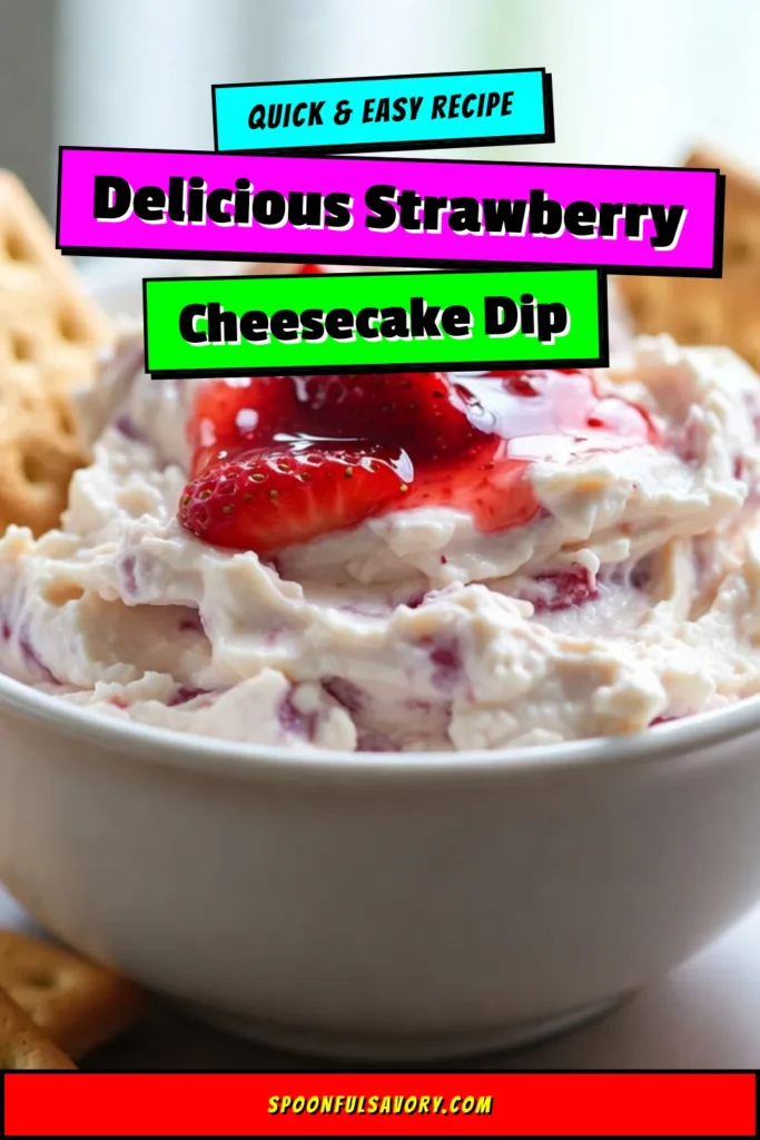 Indulge in this delicious strawberry cheesecake dip, an easy dessert dip recipe that will impress your guests! Made with creamy cream cheese and fresh strawberries, this no-bake strawberry dip is perfect for any occasion. Serve it alongside graham crackers for the ultimate fruit dip experience. Get ready to dive in! Save this easy recipe and treat yourself today. #StrawberryCheesecakeDip #EasyDessertDip #NoBakeDip #FruitDip