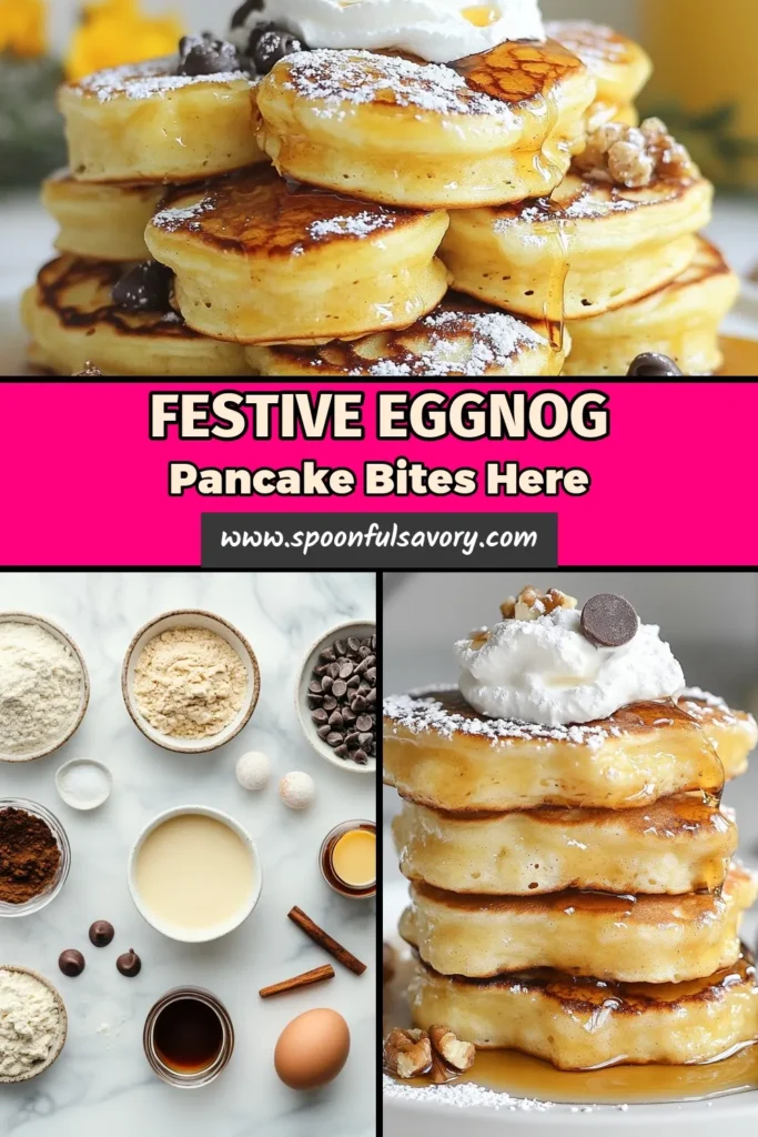 Indulge in delicious Eggnog Pancake Bites this holiday season! These easy pancake bites are perfect for festive breakfast ideas and are sure to impress your family. With the rich flavors of eggnog, nutmeg, and cinnamon, this recipe is a must-try among holiday pancake recipes. Make your mornings magical and festive with these delightful eggnog recipes. Save this recipe and enjoy a cheerful breakfast treat! #EggnogPancakeBites #HolidayPancakes #FestiveBreakfast #EasyPancakeBites