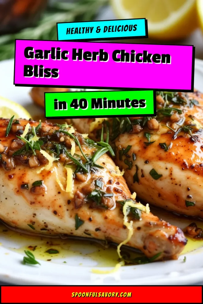 Delight in this easy Garlic Herb Chicken recipe featuring roasted chicken breasts infused with garlic, rosemary, and thyme. Perfect for a healthy chicken dinner, this Lemon Garlic Chicken dish is simple to make and packed with flavor! Ready in just 40 minutes, it&rsquo;s a meal the whole family will love. Try it tonight and elevate your dinner game! Save this recipe for your next cooking adventure! #GarlicHerbChicken #EasyChickenDinner #HealthyChickenRecipes #RoastedChickenBreasts