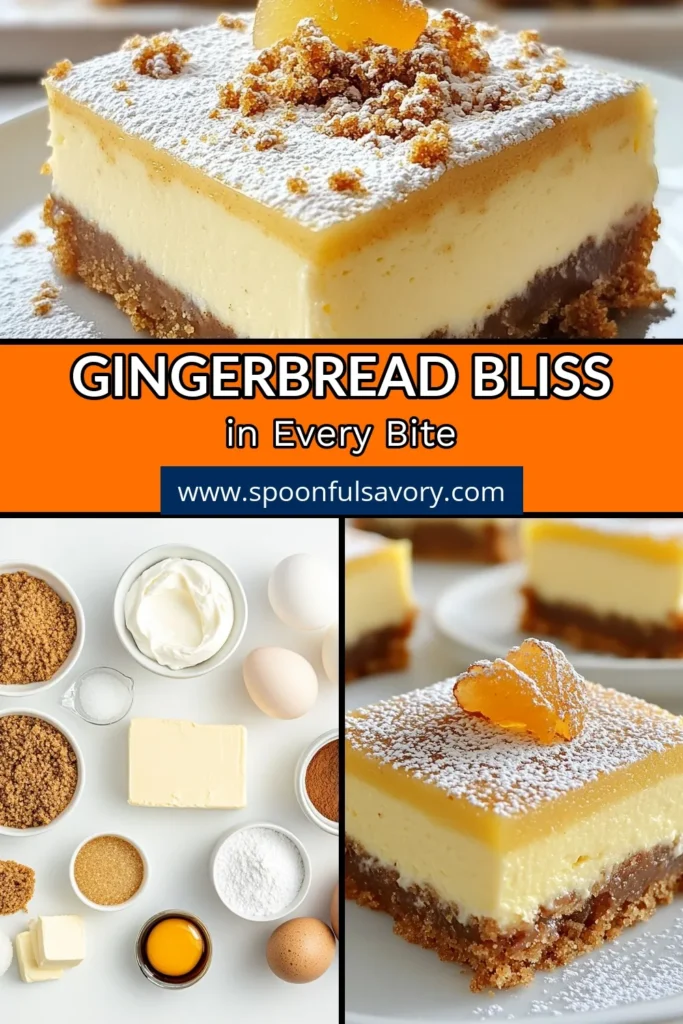 Indulge in the festive flavors of our Gingerbread Cheesecake Bars, the ultimate holiday dessert recipe! These easy cheesecake bars combine a spiced gingerbread crust with a creamy filling, making them perfect for your holiday gatherings. Whether you're looking for gingerbread dessert ideas or a unique festive cheesecake recipe, these bars are sure to impress. Save this delicious recipe and bring a little holiday cheer to your table! #GingerbreadCheesecakeBars #HolidayDessertRecipes #EasyCheesecakeBars #GingerbreadDessertIdeas