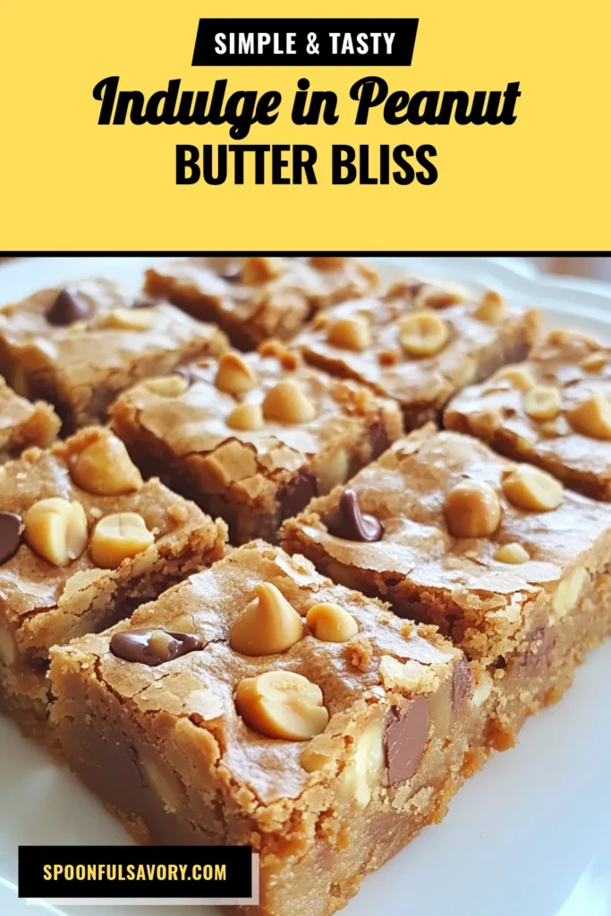Indulge in these delicious peanut butter chocolate chip blondies that combine the rich flavor of peanut butter with sweet chocolate chips. This easy blondie recipe is perfect for anyone craving a chewy dessert with peanut butter. With just a few ingredients and simple steps, you&rsquo;ll have a delightful treat in no time! Bake up a batch and enjoy! Save this recipe for your next dessert craving! #PeanutButterBlondies #ChocolateChipBlondies #EasyBlondieRecipe #DessertWithPeanutButter