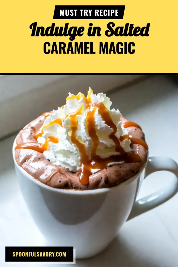 Warm up with this indulgent Salted Caramel Hot Chocolate Recipe, perfect for cozy nights! This best hot chocolate with caramel blends whole milk, heavy cream, chocolate chips, and rich caramel for a creamy hot chocolate experience. Make your homemade salted caramel hot chocolate today and top it with whipped cream and a drizzle of caramel. It's a must-try! Save this recipe for your next treat! #HotChocolate #Caramel #WinterWarmers #ChocolateLovers